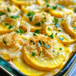 - 4 cups yellow squash, sliced thin - 1 cup heavy cream - 1 cup shredded cheddar cheese These key ingredients make the casserole rich and creamy. Yellow squash gives it a light, fresh taste. Heavy cream adds a smooth texture, while the cheddar cheese provides a savory depth. Together, they create a delightful dish. - Fresh herbs - Different cheese varieties - Additional spices You can enhance your casserole with optional add-ons. Fresh herbs, like parsley or thyme, add brightness. Using different cheese, such as Monterey Jack or Gruyère, can change the flavor. Adding spices like garlic powder or onion powder can provide extra warmth. 1. Preheat your oven to 350°F (175°C). This ensures even cooking. 2. In a large skillet, heat olive oil over medium heat. 3. Add chopped onion and sauté until translucent, about 3-4 minutes. 4. Add minced garlic and sauté for one more minute. 5. Stir in sliced squash and cook until slightly tender, about 5-7 minutes. Remove from heat. 6. In a large mixing bowl, whisk together heavy cream, beaten eggs, salt, black pepper, and smoked paprika. Mix until well blended. 7. Fold in the sautéed squash mixture and half of the shredded cheddar cheese. Ensure everything combines evenly. 8. Transfer the mixture into a greased 9x13 inch baking dish. 9. In a small bowl, combine the remaining cheddar cheese with breadcrumbs. Sprinkle this mixture evenly over the top. 10. Bake for 25-30 minutes or until golden brown and bubbly. 11. Let it sit for a few minutes before serving. This helps the casserole set. For a complete guide, check the Full Recipe for more details. To achieve optimal creaminess in your creamy southern squash casserole, use heavy cream. It adds richness and smoothness. Mix it well with the eggs before adding to the squash. This step helps create that comforting, velvety texture we all love. To avoid sogginess, make sure to sauté the squash until slightly tender. This helps remove excess moisture. Also, use panko breadcrumbs for a crunchy topping. They provide a delightful contrast to the soft filling. Adding more spices can elevate your casserole. Try a pinch of cayenne pepper for heat or some thyme for an earthy flavor. Both options bring out the squash's natural sweetness. Integrating other vegetables can also enhance your dish. Consider adding bell peppers or zucchini. These veggies add color and nutrition while blending well with the squash. For a lighter version, use Greek yogurt instead of heavy cream. This swap cuts calories while keeping the creaminess. It’s an easy way to make this dish a bit healthier. Choosing whole-grain breadcrumbs is another smart change. They add fiber and a nutty flavor. This simple switch makes your casserole more wholesome without losing taste. If you want a different twist, try an Italian-inspired version. Add Italian herbs like basil and oregano. Use mozzarella cheese for a melty, gooey texture. For a southwestern twist, mix in some diced green chilies and cumin. You can even swap cheddar for pepper jack cheese for a little kick. These variations keep the dish fresh and exciting! For the full recipe, be sure to check out the main section. To keep your creamy southern squash casserole fresh, store it in the fridge. Place it in an airtight container. This method keeps out air and moisture. Eat leftovers within three to four days for the best taste. If you want to save some for later, freezing works well too. Cut the casserole into smaller portions. Wrap each piece tightly in plastic wrap. Then place the wrapped portions in a freezer bag. Label the bag with the date. This way, you can enjoy it for up to three months. When you are ready to eat it again, reheating is key. You can use an oven or a microwave. The oven gives the best results. Preheat it to 350°F (175°C). Place the casserole in a baking dish and cover it with foil. Heat for about 20 minutes. This helps keep the top crispy. If you are short on time, the microwave is fine too. Use a microwave-safe plate. Heat it for two to three minutes. Stir halfway through to warm it evenly. Both methods work, but the oven keeps the texture nice. Enjoy your creamy southern squash casserole! {{image_2}} Yes, you can make this casserole ahead of time. Prepare it up to the baking step. Cover the dish and store it in the fridge. When ready to bake, just pop it in the oven. This method lets the flavors blend well. It also saves you time on busy days. To make this casserole dairy-free, swap the heavy cream for coconut milk. Use dairy-free cheese instead of cheddar. You can also replace the eggs with flaxseed meal mixed with water. This keeps the texture creamy and delicious. Your dish will still taste great and be friendly to those with dairy allergies. Squash casserole pairs well with many side dishes. Here are some tasty options: - Steamed green beans for a fresh crunch - A simple garden salad for lightness - Cornbread for a Southern touch - Roasted chicken or grilled shrimp for protein These sides balance the creaminess of the casserole. They add color and flavor to your meal. For the full recipe, check out the detailed cooking instructions above. Creamy Southern squash casserole is a warm and tasty dish. It comes together quickly, making it perfect for family meals. You need simple ingredients that blend well together. Here’s what you’ll need: - 4 cups yellow squash, sliced thin - 1 medium onion, chopped - 2 cloves garlic, minced - 1 cup heavy cream - 1 cup shredded cheddar cheese - 1 cup breadcrumbs (preferably panko for extra crunch) - 2 large eggs, beaten - 1 teaspoon salt - 1/2 teaspoon black pepper - 1/2 teaspoon smoked paprika - 1 tablespoon olive oil - Fresh parsley, chopped (for garnish) The preparation is simple. Start by preheating your oven to 350°F (175°C). In a skillet, heat olive oil over medium heat. Add the chopped onion and cook until soft. Then, mix in minced garlic for that lovely aroma. Next, add the squash and let it cook until tender. This takes about 5-7 minutes. In a bowl, whisk together heavy cream, eggs, salt, black pepper, and smoked paprika. Combine this mixture with the cooked squash and half of the cheddar cheese. Pour everything into a greased baking dish. For the topping, mix the remaining cheese with breadcrumbs and sprinkle it over the casserole. Bake for 25-30 minutes until golden and bubbly. You’ll spend about 15 minutes preparing the dish. The total time from start to finish is 45 minutes. This recipe serves 6 people, making it a great choice for gatherings. Enjoy your creamy Southern squash casserole as a true comfort food delight! This blog post explored a delicious squash casserole recipe. You learned about key ingredients like yellow squash, heavy cream, and cheddar cheese. Optional add-ons can enhance flavor, while tips ensure the best texture. We discussed healthy substitutes and ways to store leftovers effectively. In the end, creativity has no limits with this recipe. Enjoy making it your own while satisfying your taste buds. Cooking should be fun, and this casserole makes it easy!