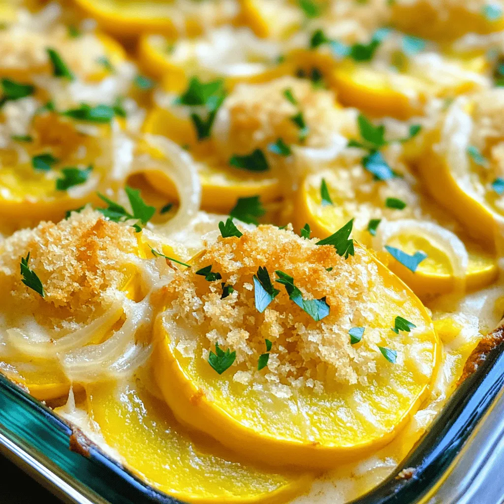 - 4 cups yellow squash, sliced thin - 1 cup heavy cream - 1 cup shredded cheddar cheese These key ingredients make the casserole rich and creamy. Yellow squash gives it a light, fresh taste. Heavy cream adds a smooth texture, while the cheddar cheese provides a savory depth. Together, they create a delightful dish. - Fresh herbs - Different cheese varieties - Additional spices You can enhance your casserole with optional add-ons. Fresh herbs, like parsley or thyme, add brightness. Using different cheese, such as Monterey Jack or Gruyère, can change the flavor. Adding spices like garlic powder or onion powder can provide extra warmth. 1. Preheat your oven to 350°F (175°C). This ensures even cooking. 2. In a large skillet, heat olive oil over medium heat. 3. Add chopped onion and sauté until translucent, about 3-4 minutes. 4. Add minced garlic and sauté for one more minute. 5. Stir in sliced squash and cook until slightly tender, about 5-7 minutes. Remove from heat. 6. In a large mixing bowl, whisk together heavy cream, beaten eggs, salt, black pepper, and smoked paprika. Mix until well blended. 7. Fold in the sautéed squash mixture and half of the shredded cheddar cheese. Ensure everything combines evenly. 8. Transfer the mixture into a greased 9x13 inch baking dish. 9. In a small bowl, combine the remaining cheddar cheese with breadcrumbs. Sprinkle this mixture evenly over the top. 10. Bake for 25-30 minutes or until golden brown and bubbly. 11. Let it sit for a few minutes before serving. This helps the casserole set. For a complete guide, check the Full Recipe for more details. To achieve optimal creaminess in your creamy southern squash casserole, use heavy cream. It adds richness and smoothness. Mix it well with the eggs before adding to the squash. This step helps create that comforting, velvety texture we all love. To avoid sogginess, make sure to sauté the squash until slightly tender. This helps remove excess moisture. Also, use panko breadcrumbs for a crunchy topping. They provide a delightful contrast to the soft filling. Adding more spices can elevate your casserole. Try a pinch of cayenne pepper for heat or some thyme for an earthy flavor. Both options bring out the squash's natural sweetness. Integrating other vegetables can also enhance your dish. Consider adding bell peppers or zucchini. These veggies add color and nutrition while blending well with the squash. For a lighter version, use Greek yogurt instead of heavy cream. This swap cuts calories while keeping the creaminess. It’s an easy way to make this dish a bit healthier. Choosing whole-grain breadcrumbs is another smart change. They add fiber and a nutty flavor. This simple switch makes your casserole more wholesome without losing taste. If you want a different twist, try an Italian-inspired version. Add Italian herbs like basil and oregano. Use mozzarella cheese for a melty, gooey texture. For a southwestern twist, mix in some diced green chilies and cumin. You can even swap cheddar for pepper jack cheese for a little kick. These variations keep the dish fresh and exciting! For the full recipe, be sure to check out the main section. To keep your creamy southern squash casserole fresh, store it in the fridge. Place it in an airtight container. This method keeps out air and moisture. Eat leftovers within three to four days for the best taste. If you want to save some for later, freezing works well too. Cut the casserole into smaller portions. Wrap each piece tightly in plastic wrap. Then place the wrapped portions in a freezer bag. Label the bag with the date. This way, you can enjoy it for up to three months. When you are ready to eat it again, reheating is key. You can use an oven or a microwave. The oven gives the best results. Preheat it to 350°F (175°C). Place the casserole in a baking dish and cover it with foil. Heat for about 20 minutes. This helps keep the top crispy. If you are short on time, the microwave is fine too. Use a microwave-safe plate. Heat it for two to three minutes. Stir halfway through to warm it evenly. Both methods work, but the oven keeps the texture nice. Enjoy your creamy southern squash casserole! {{image_2}} Yes, you can make this casserole ahead of time. Prepare it up to the baking step. Cover the dish and store it in the fridge. When ready to bake, just pop it in the oven. This method lets the flavors blend well. It also saves you time on busy days. To make this casserole dairy-free, swap the heavy cream for coconut milk. Use dairy-free cheese instead of cheddar. You can also replace the eggs with flaxseed meal mixed with water. This keeps the texture creamy and delicious. Your dish will still taste great and be friendly to those with dairy allergies. Squash casserole pairs well with many side dishes. Here are some tasty options: - Steamed green beans for a fresh crunch - A simple garden salad for lightness - Cornbread for a Southern touch - Roasted chicken or grilled shrimp for protein These sides balance the creaminess of the casserole. They add color and flavor to your meal. For the full recipe, check out the detailed cooking instructions above. Creamy Southern squash casserole is a warm and tasty dish. It comes together quickly, making it perfect for family meals. You need simple ingredients that blend well together. Here’s what you’ll need: - 4 cups yellow squash, sliced thin - 1 medium onion, chopped - 2 cloves garlic, minced - 1 cup heavy cream - 1 cup shredded cheddar cheese - 1 cup breadcrumbs (preferably panko for extra crunch) - 2 large eggs, beaten - 1 teaspoon salt - 1/2 teaspoon black pepper - 1/2 teaspoon smoked paprika - 1 tablespoon olive oil - Fresh parsley, chopped (for garnish) The preparation is simple. Start by preheating your oven to 350°F (175°C). In a skillet, heat olive oil over medium heat. Add the chopped onion and cook until soft. Then, mix in minced garlic for that lovely aroma. Next, add the squash and let it cook until tender. This takes about 5-7 minutes. In a bowl, whisk together heavy cream, eggs, salt, black pepper, and smoked paprika. Combine this mixture with the cooked squash and half of the cheddar cheese. Pour everything into a greased baking dish. For the topping, mix the remaining cheese with breadcrumbs and sprinkle it over the casserole. Bake for 25-30 minutes until golden and bubbly. You’ll spend about 15 minutes preparing the dish. The total time from start to finish is 45 minutes. This recipe serves 6 people, making it a great choice for gatherings. Enjoy your creamy Southern squash casserole as a true comfort food delight! This blog post explored a delicious squash casserole recipe. You learned about key ingredients like yellow squash, heavy cream, and cheddar cheese. Optional add-ons can enhance flavor, while tips ensure the best texture. We discussed healthy substitutes and ways to store leftovers effectively. In the end, creativity has no limits with this recipe. Enjoy making it your own while satisfying your taste buds. Cooking should be fun, and this casserole makes it easy!