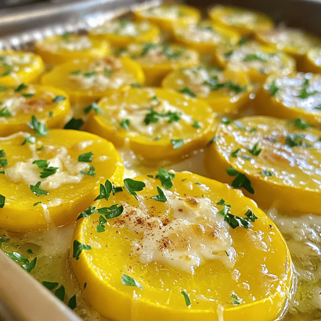 To make garlic roasted yellow squash, you need just a few fresh items. Here’s what you’ll need: - 4 medium yellow squash, sliced into 1/4-inch rounds - 4 cloves garlic, minced - 3 tablespoons olive oil - 1 teaspoon dried oregano - 1 teaspoon smoked paprika - Salt and pepper to taste - Optional: 1/4 cup grated Parmesan cheese - Optional: Fresh parsley, chopped for garnish This simple list gives you all the flavors you want. The yellow squash has a soft, sweet taste. Garlic adds a lovely kick. Olive oil keeps everything moist. Dried oregano and smoked paprika bring warmth and depth. You can add Parmesan for a cheesy twist. Fresh parsley adds a pop of color. Cooking with fresh ingredients makes a big difference. You’ll enjoy the taste and feel good about what you eat. For the full recipe, check out Garlic Roasted Yellow Squash Delight. Start by preheating your oven to 400°F (200°C). This step is important. A hot oven helps the squash cook evenly and become tender. Next, slice the four medium yellow squash into 1/4-inch rounds. Place them in a large bowl. Add four minced garlic cloves, three tablespoons of olive oil, one teaspoon of dried oregano, and one teaspoon of smoked paprika. Don't forget to add salt and pepper to taste. Toss everything well. You want the squash to be coated nicely with the mix. Now, spread the coated squash on a baking sheet lined with parchment paper. Make sure to spread them in a single layer. This helps them roast evenly. Place the tray in the preheated oven. Roast for about 20 to 25 minutes. Halfway through, flip the squash for even cooking. If you like cheese, sprinkle 1/4 cup of grated Parmesan cheese over the squash for the last five minutes. This will melt the cheese nicely. Once done, take the baking sheet out of the oven. Garnish your dish with fresh chopped parsley before serving. This adds a nice touch of color and flavor. For the full recipe, check out my [Full Recipe]. To get the best texture, slice the yellow squash into even rounds. Aim for about 1/4-inch thick. This size helps the squash cook evenly and become tender. Roasting at 400°F (200°C) gives it a nice crispness without burning. Flip the squash halfway through cooking. This step ensures both sides brown well. Garlic is the star here, but you can add more depth. Try fresh herbs like thyme or rosemary. Adding a splash of lemon juice before serving brightens the dish. For a kick, include a pinch of red pepper flakes. If you love cheese, sprinkle Parmesan on top during the last five minutes of roasting. This adds a rich, creamy layer of flavor. Serve garlic roasted yellow squash as a side dish with grilled chicken or fish. It pairs well with rice or quinoa, too. You can also toss it into salads for added texture and taste. For a fun twist, mix it into pasta dishes or grain bowls. The vibrant color and flavor make it a perfect addition to any meal. For the full recipe, check out Garlic Roasted Yellow Squash Delight. {{image_2}} You can change the flavor of garlic roasted yellow squash with different seasonings. Try adding a pinch of red pepper flakes for heat. This gives the dish a nice kick. You can also use Italian herbs like thyme or basil. These add a fresh taste that complements the squash well. Even a sprinkle of lemon zest can brighten the dish. Mix and match to find your favorite blend! Garlic roasted yellow squash pairs well with many other veggies. Consider adding zucchini for more color and texture. Bell peppers can add sweetness and crunch. Carrots can bring a lovely orange hue and slight sweetness. Just cut them into similar-sized pieces for even cooking. This mix creates a colorful and hearty side dish that everyone will love. If you want a vegan version, simply skip the Parmesan cheese. The dish will still taste great without it. You can also sprinkle nutritional yeast on top for a cheesy flavor. This adds a boost of nutrients too. If you want creaminess, try drizzling tahini over the roasted squash. It adds richness without any dairy. These options keep the dish healthy while still being delicious. For a full recipe, you can check out the Garlic Roasted Yellow Squash Delight. You can store leftover garlic roasted yellow squash in the fridge. Place it in an airtight container. It will stay fresh for about 3-4 days. To keep the flavor, avoid adding extra salt before storing. The squash can get mushy if stored too long, so enjoy it soon! I recommend freezing garlic roasted yellow squash if you want to keep it longer. First, let it cool completely. Then, spread the squash in a single layer on a baking sheet. Freeze for a few hours until solid. Once frozen, transfer the pieces to a freezer-safe bag. Remove as much air as you can. This way, it can last for up to 3 months. When you’re ready, thaw it in the fridge before reheating. To reheat garlic roasted yellow squash, preheat the oven to 350°F (175°C). Spread the squash on a baking sheet. Heat it for about 10-15 minutes until warm. You can also use a microwave. Place the squash in a safe bowl and cover it. Heat for 1-2 minutes, checking it often. Enjoy the same great taste as when you first made it! For the full recipe, check out the Garlic Roasted Yellow Squash Delight. Roasting yellow squash takes about 20 to 25 minutes. First, preheat your oven to 400°F (200°C). Then, spread the squash in a single layer on a baking sheet. I recommend flipping the squash halfway through. This way, it cooks evenly and gets a nice brown color. Yes, you can use other types of squash. Zucchini works great in this recipe. Butternut squash is another option. Just remember to adjust the cooking time. Thicker squash may need a bit more time to roast. Garlic roasted yellow squash pairs well with many dishes. I love serving it with grilled chicken or fish. It also complements pasta dishes nicely. Try adding it to a salad for extra color and flavor. You can find the full recipe to create this tasty side! This blog post covered how to prepare garlic roasted yellow squash. We listed ingredients, detailed easy steps, and offered tips for the best results. You can adjust flavors and even explore vegan options. Remember to store extras properly for later use. Enjoy this tasty dish as a side or main. Eating healthy can be simple and delicious. I hope you feel inspired to try this recipe and make it your own!