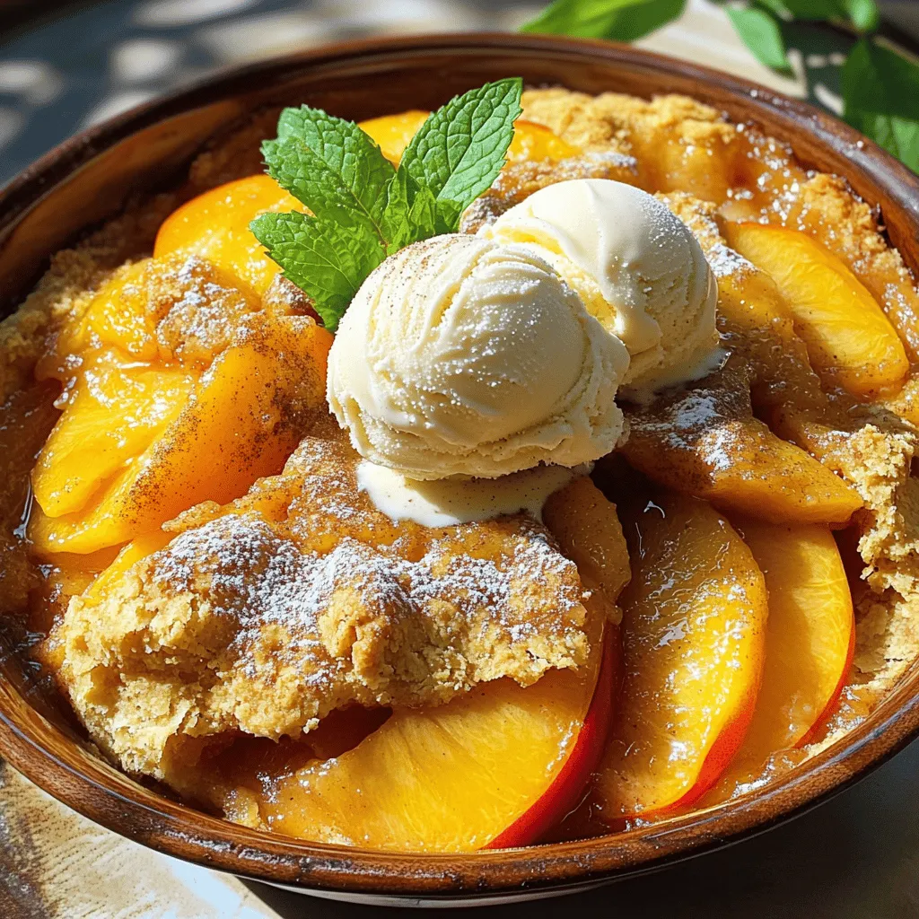 - 4 cups fresh peaches, peeled and sliced - 1 tablespoon lemon juice - 1 cup granulated sugar, divided - 1 teaspoon ground cinnamon - 1 teaspoon nutmeg (optional) - 1 cup all-purpose flour - 1 teaspoon baking powder - 1/2 teaspoon salt - 1 tablespoon cornstarch - 1/2 cup unsalted butter, melted - 1 cup milk - 1 teaspoon vanilla extract - Whipped cream or vanilla ice cream (optional) When you gather your ingredients, make sure to choose ripe peaches. This will give your cobbler a sweet taste. The lemon juice helps to brighten the flavors of the peaches. You can use a mix of sugars for depth. Granulated sugar is great for sweetness, while brown sugar adds a touch of caramel. The spices like cinnamon and nutmeg give your cobbler warmth and comfort. Make sure you have the baking essentials ready. The flour, baking powder, and salt create a nice base for the batter. Cornstarch helps to thicken the peach juices when baked. Don't forget the liquids! Melted butter adds richness, while milk keeps the batter moist. The vanilla extract gives a lovely aroma and flavor. For serving, whipped cream or vanilla ice cream is a perfect match. They add creaminess to the warm cobbler. This simple list of ingredients will lead you to a tasty treat. For the full recipe, check out the Southern Peach Cobbler Delight. Enjoy the process of making this classic dessert! - Preheat oven to 350°F (175°C). - Grease a 9x13 inch baking dish. Start by heating your oven. Preheating helps the cobbler bake evenly. Now, take your baking dish and grease it. This will help the cobbler come out easily after baking. - Combine peaches, sugar, lemon juice, cinnamon, and cornstarch. - Set aside to let juices meld. Next, grab your fresh peaches. Peel and slice them into thin pieces. In a bowl, mix the peaches with sugar, lemon juice, cinnamon, and cornstarch. Stir this gently. Let it sit for a bit. The sugar will draw out the peach juices, creating a sweet sauce. - Whisk dry ingredients together. - Add wet ingredients and stir until just combined. In another bowl, whisk together flour, baking powder, salt, and the rest of the sugar. Then, add melted butter, milk, and vanilla extract. Mix it gently. You want to combine, but lumps are okay. Overmixing can make the cobbler tough. - Pour batter into the dish and spoon peaches on top. - Sprinkle brown sugar over the mixture. Pour the batter into your greased dish. Don’t stir it! Next, spoon the peach mixture evenly on top of the batter. Let the peach juices drizzle down. Finally, sprinkle brown sugar over everything. This will add a sweet, caramelized layer. - Bake for 40-45 minutes until golden brown. - Let cool slightly before serving. Bake the cobbler in your preheated oven. Check it after 40 minutes. It should be golden brown and a toothpick inserted into the batter should come out clean. Once done, let it cool for a little while. This makes it easier to serve. For the full recipe, refer to the details above. Enjoy your warm peach cobbler! When making peach cobbler, the choice of peaches matters a lot. Choose ripe, fragrant peaches for the best flavor. They should feel firm but slightly soft when you press gently. This means they are juicy and sweet. You can mix yellow and white peaches for a nice twist. Yellow peaches have a strong flavor, while white peaches are sweet and juicy. Together, they create a balanced taste. Getting the texture right is key to a great cobbler. Avoid overmixing the batter. You want it to be slightly lumpy for a tender texture. If you mix too much, the cobbler will be tough. Let the peach mixture sit for a bit before adding it to the batter. This helps the juices blend, enhancing the flavor. The longer it sits, the better it tastes. Serving peach cobbler can be a fun part of the meal. Pair it with ice cream or whipped cream for a creamy touch. The cold cream contrasts with the warm cobbler, making each bite special. You can also garnish with fresh mint or peach slices. This adds color and a fresh taste, making your dish look even better. For the full recipe, check out the details provided above. {{image_2}} Want to give your peach cobbler a kick? You can add ginger or cardamom. Both spices bring warmth and a new taste to the dish. Just a pinch of ginger can add a nice zing. Cardamom has a sweet, floral note that really shines. These spices can make your cobbler stand out. If you want to change up the fruit, try blueberries, blackberries, or cherries. Each fruit gives a different flavor. Blueberries add a nice sweetness, while blackberries give a bit of tartness. Cherries add a bold taste that pairs well with peaches. Feel free to mix different fruits for a fun twist. For a gluten-free version, swap regular flour for almond flour or gluten-free all-purpose flour. Almond flour adds a nutty flavor and moist texture. Gluten-free all-purpose flour works just like regular flour. Both options are easy to use and keep the cobbler tasty. You can enjoy this classic dessert without worry. For the full recipe, check out [Full Recipe]. To keep your peach cobbler fresh, cover it tightly. Store it in the refrigerator for up to 3 days. This way, you can enjoy it later without losing its flavor. You can freeze peach cobbler either before or after baking. If you freeze it before baking, wrap it well in plastic wrap and then foil. This helps keep out air. If you freeze it after baking, let it cool first. Then, cover it tightly and freeze for up to 3 months. When ready to enjoy, thaw it in the fridge overnight. To reheat peach cobbler, use the oven for best results. Preheat your oven to 350°F (175°C). Place the cobbler in an oven-safe dish. Cover it with foil to prevent burning. Heat for about 20 minutes, or until warm. You can also use the microwave. Heat in short bursts of 30 seconds. Check often to ensure it does not get too hot. This keeps the texture nice and soft. Yes, you can use frozen peaches. However, the texture will change. Fresh peaches are firm and juicy. Frozen peaches can become mushy when baked. If you use frozen peaches, thaw them first. Drain excess liquid to avoid a soggy cobbler. The flavor will still be sweet, but fresh peaches give a better bite. To check if your cobbler is done, use a toothpick. Insert it into the batter; it should come out clean. If it has wet batter on it, bake for a few more minutes. The top of the cobbler should be golden brown. Trust your eyes; it should look delicious! Yes, you can make this cobbler ahead of time. Prepare it a day before and store it in the fridge. When ready, bake it just before serving. If you want to freeze it, do so before baking. Thaw overnight in the fridge for best results. Reheat in the oven for a warm treat. Enjoy the sweet smell as it fills your kitchen! This blog post covered the essential ingredients for a delicious peach cobbler. We explored the fresh produce, sugars, baking essentials, and how to assemble everything with care. I shared tips on selecting peaches and achieving the perfect texture. You can even try fun variations with spices or fruits. Remember, storing leftovers is easy, and you can freeze your cobbler too. Enjoy your baking adventure, and savor every bite of your homemade peach cobbler. It’s a treat you’ll want to share!