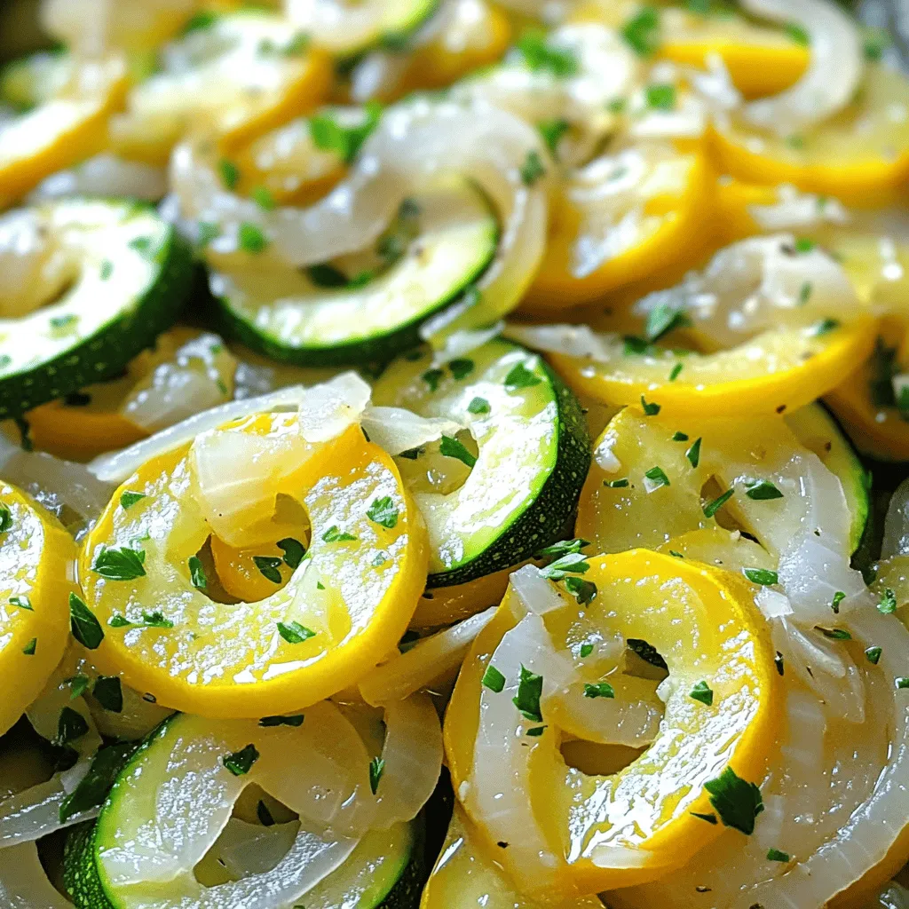 To make a tasty Classic Squash and Onions dish, you need: - 2 medium zucchini, sliced - 2 medium yellow squash, sliced - 1 large onion, thinly sliced - 3 tablespoons olive oil - 2 cloves garlic, minced - 1 teaspoon fresh thyme, chopped (or ½ teaspoon dried) - 1 teaspoon salt - ½ teaspoon black pepper - ¼ cup grated Parmesan cheese (optional) - Fresh parsley, chopped (for garnish) These ingredients come together to create a simple yet flavorful dish that shines in any meal. You can elevate the taste of your squash and onions with these add-ins: - Bell peppers for sweetness - Mushrooms for earthiness - Cherry tomatoes for a burst of flavor - Crushed red pepper for heat Feel free to mix and match these options as you like. Each addition brings its own charm to the dish. To prepare Classic Squash and Onions, gather these tools: - A large skillet for sautéing - A sharp knife for slicing - A cutting board for prep work - A spatula for stirring Having the right tools makes cooking easier and more fun. With these items, you'll be ready to whip up this delightful dish in no time. For the full recipe, check out the details provided! To make Classic Squash and Onions, you need to start with fresh veggies. Gather your ingredients first. Here’s what you need: - 2 medium zucchini, sliced - 2 medium yellow squash, sliced - 1 large onion, thinly sliced - 3 tablespoons olive oil - 2 cloves garlic, minced - 1 teaspoon fresh thyme, chopped (or ½ teaspoon dried) - 1 teaspoon salt - ½ teaspoon black pepper - ¼ cup grated Parmesan cheese (optional) - Fresh parsley, chopped (for garnish) Wash the zucchini and squash under cool water. Cut the ends off and slice them into thin rounds. Next, slice the onion thinly. Mince the garlic to get that rich flavor. Having everything prepped makes cooking easier. Heat your large skillet over medium heat. Pour in the olive oil and wait until it warms up. Add the sliced onions and let them cook for about 5 minutes. They should start to soften and turn a bit clear. Next, add the minced garlic. Stir it in and let it cook for about a minute. You want to smell that great garlic aroma, but be careful not to burn it. Then, toss in the zucchini and yellow squash. Sprinkle with salt, pepper, and thyme. Mix everything well. Cook the mix for about 10 to 12 minutes. Stir occasionally to make sure it cooks evenly. The squash should become tender but not mushy. If you like cheesy flavors, sprinkle grated Parmesan cheese over the top in the last 2 minutes. This adds a nice touch! Once done, take the skillet off the heat. Garnish with fresh parsley to add color and flavor. Serve hot and enjoy! Sautéing is all about control. Here are some tips to get it just right: - Use enough oil to coat the bottom of the pan. - Don’t overcrowd the pan; cook in batches if needed. - Keep the heat at medium to avoid burning. - Stir regularly to cook everything evenly. - Taste as you go. Adjust salt and pepper to your liking. These small steps can make a huge difference in your dish's flavor and texture. For the full recipe, check the details above. Happy cooking! Avoid cutting the squash too thick. Thin slices cook better and become tender. Don’t rush the sautéing process. Give the onions time to soften before adding garlic. If you burn the garlic, it will turn bitter. Be careful with the seasoning. Add salt and pepper gradually. You can always add more later. Classic squash and onions pair well with grilled chicken or fish. Serve it as a side dish with rice or quinoa. A drizzle of balsamic glaze adds tanginess and depth. You can also serve it over pasta for a simple meal. For a crunchy texture, add toasted nuts on top. Fresh herbs like basil or oregano can brighten the dish. A pinch of red pepper flakes adds heat if you like spice. Try a dash of smoked paprika for a smoky twist. Lemon zest can add a fresh note that lifts the dish. Experiment with spices to find your favorite combination. For the full recipe, check out the Classic Squash & Onions Delight. {{image_2}} You can change the vegetables in this dish. Try using bell peppers or mushrooms. Both add great taste. Carrots can also work well. Just slice them thinly and add them in. Each swap gives the dish a new twist. If you want more protein, add chicken or shrimp. Cook the protein first, then set it aside. Add it back when the veggies are done. This makes the meal filling and tasty. You can also use beans or tofu for a vegetarian option. Herbs can change the flavor a lot. Try basil for a fresh taste or rosemary for warmth. You can also use chili flakes for some heat. Experiment with these to suit your taste. These simple changes can make Classic Squash and Onions even more delightful. For the full recipe, check out the section above. To keep your Classic Squash and Onions fresh, store them in an airtight container. Let the dish cool down first, then cover it tightly. This helps prevent moisture and keeps the flavors intact. Place the container in the fridge. Use the leftovers within three to four days for the best taste. When you’re ready to enjoy leftovers, reheat them on the stove for the best flavor. Add a splash of olive oil to a skillet over medium heat. Once hot, add the squash and onions. Stir often until heated through. You can also use a microwave. Place the dish in a microwave-safe bowl and cover it to keep moisture. Heat for one to two minutes, stirring halfway through. Freezing is a good option if you want to save Classic Squash and Onions for later. First, let the dish cool completely. Then, transfer it to a freezer-safe container or bag. Remove as much air as possible to prevent freezer burn. You can freeze it for up to three months. When you’re ready to eat, thaw it in the fridge overnight, then reheat as mentioned above. Enjoy your meal anytime! For the full recipe and more details, check out the Full Recipe. For the best texture, cut the squash into even slices. Aim for about ¼ inch thick. This size cooks well and gives a nice bite. You want both zucchini and yellow squash to match in size. This helps them cook evenly. Use a sharp knife for clean cuts. Yes, you can use frozen vegetables if fresh ones aren't available. Keep in mind that frozen veggies can release more water. This may alter the dish's texture. To avoid this, thaw and drain them first. Then, sauté them just long enough to heat through. To make this dish vegan, skip the Parmesan cheese. You can also use a plant-based butter or oil instead of regular butter. The other ingredients like zucchini, onion, and garlic fit well in a vegan diet. The flavors will still shine through without any dairy. Classic Squash and Onions goes well with many meals. Try it with grilled chicken or fish for a light dinner. It also complements rice or quinoa nicely. For a vegetarian option, serve it with a hearty bean salad. This dish adds color and flavor to any plate. For more details, check out the Full Recipe. This blog post covered how to make Classic Squash and Onions. We discussed the needed ingredients and tools. You learned preparation steps, cooking tips, and common mistakes. We explored variations and how to store leftovers. With this guide, you can enjoy this simple yet tasty dish. Try adding your own spices or proteins for a twist. Happy cooking!