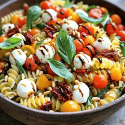 To make a tasty Caprese pasta salad, you need some key items. Here’s what you’ll need: - 8 oz. tricolor fusilli pasta - 1 cup cherry tomatoes, halved - 1 cup fresh mozzarella balls (bocconcini), halved - 1 cup fresh basil leaves, torn - 1/4 cup sun-dried tomatoes, chopped - 1/4 cup pine nuts, toasted - 3 tablespoons balsamic glaze - 2 tablespoons extra virgin olive oil - Salt and pepper to taste These ingredients bring color, flavor, and freshness to your dish. The tricolor pasta adds a fun twist, while the mozzarella and basil give it that classic Caprese taste. Want to make your salad unique? You can add some optional items to change the flavor. Here are a few suggestions: - Avocado for creaminess - Cucumber for crunch - Bell peppers for sweetness - Grilled chicken for protein Feel free to mix and match these extras. The goal is to create a salad you love. Choosing fresh ingredients helps your salad shine. Here are some tips: - Look for firm, vibrant cherry tomatoes. They should feel heavy and not have wrinkles. - Pick mozzarella balls that are moist and soft. Avoid anything that looks dry. - Select bright green basil leaves. They should smell sweet and fresh. - For pasta, use high-quality brands. They cook better and taste great. By following these tips, you’ll ensure your Caprese pasta salad is fresh and flavorful. For the complete recipe, check the Full Recipe section. First, boil water in a large pot. Add salt once it boils. Then, add the tricolor fusilli pasta. Cook it until it is al dente, about 8-10 minutes. Drain the pasta in a colander. Rinse it under cold water to cool it down. This step keeps your pasta from getting mushy. In a big mixing bowl, combine the cooled pasta, halved cherry tomatoes, and mozzarella balls. Add the torn basil leaves and chopped sun-dried tomatoes next. This mix gives you a fresh, colorful salad. Make sure all ingredients are well-distributed in the bowl. Now it’s time for the dressing! Drizzle balsamic glaze and olive oil over the salad. Sprinkle salt and pepper to taste. Use two large spoons to gently toss the salad. This helps coat everything evenly without breaking the pasta. Let the salad sit for about 10 minutes to let the flavors blend. Enjoy your fresh Caprese Pasta Salad! For the complete recipe, check [Full Recipe]. To boost the flavor of your Caprese pasta salad, use fresh herbs. Fresh basil is key for that classic taste. You can also add a pinch of red pepper flakes for a mild kick. A squeeze of lemon juice can brighten the dish. Always season with salt and pepper. Taste as you go to find the right balance. The texture makes a big difference in your salad. Cook the pasta al dente for the best bite. Rinse it under cold water to stop the cooking. This keeps the pasta firm. Mix in the fresh mozzarella gently to avoid breaking it. Tossing the salad softly helps keep the ingredients intact. Serve your pasta salad at the right time for the best taste. Let it sit for about 10 minutes before serving. This helps the flavors blend well. If you chill it for an hour, it tastes even better. But serve it within a few hours for freshness. Enjoy it at room temperature for a lovely meal. {{image_2}} You can easily make this dish vegan or dairy-free. Simply replace the fresh mozzarella with vegan cheese or omit it altogether. Instead, add an extra handful of cherry tomatoes for creaminess. You can also toss in some avocado for added richness. This keeps the flavor bold and fresh without dairy. If you need a gluten-free option, choose gluten-free pasta. Many brands offer great choices, like brown rice or chickpea pasta. These options hold up well and taste great. Just cook as you would regular pasta. The rest of the salad stays the same, giving you that classic Caprese flavor. Want to make your salad more filling? Add proteins like grilled chicken, shrimp, or chickpeas. These options boost flavor and texture. If you use grilled chicken or shrimp, make sure they are cooked and cooled before adding. For chickpeas, rinse and drain canned ones. This way, you have a complete meal that satisfies your hunger. Try out these variations to keep your Caprese Pasta Salad fresh and interesting! For the complete recipe, check the Full Recipe section. After enjoying your Caprese pasta salad, store leftovers in an airtight container. This keeps your salad fresh. Make sure to cool the salad to room temperature before sealing it. If you plan to eat it later, keep it in the fridge. Avoid adding dressing to the leftovers until you are ready to eat. This way, the pasta stays firm and tasty. Your Caprese pasta salad can last about 3 to 5 days in the fridge. The shelf life depends on the freshness of your ingredients. If you notice any off smells or changes in texture, it’s best to toss it. Always check for mold or spoilage before serving leftovers. To reheat your Caprese pasta salad, do it gently. Use the microwave on low heat for about 30 seconds. Stir it halfway through to ensure even heating. However, I recommend enjoying this salad cold. The fresh flavors of basil and tomatoes shine best when served chilled. If you decide to reheat, add a bit of olive oil or balsamic glaze to revive the flavors. For those who want to explore more, check out the Full Recipe for cooking tips! Yes, you can make Caprese Pasta Salad ahead of time. It tastes even better after sitting. I recommend making it a few hours before serving. This gives the flavors time to blend. Store it in the fridge until you are ready to serve. If you want, save some fresh basil leaves to add just before serving. This keeps the salad looking vibrant. I like using tricolor fusilli pasta for this salad. The different colors add a fun touch. Fusilli also holds the dressing and toppings well. You can use other pasta types too, like penne or rotini. Choose a pasta shape that you enjoy. Just make sure it cooks to al dente for the best texture. Adjusting the recipe is simple. If you need to serve more people, just double or triple the ingredients. For a smaller group, reduce the amounts. A good rule is to use about 2 ounces of pasta per person. Then, keep the rest of the ingredients in balance. This way, everyone gets a tasty bite of Caprese Pasta Salad. You can find the full recipe for more details. For a tasty Caprese pasta salad, gather these ingredients: - 8 oz. tricolor fusilli pasta - 1 cup cherry tomatoes, halved - 1 cup fresh mozzarella balls (bocconcini), halved - 1 cup fresh basil leaves, torn - 1/4 cup sun-dried tomatoes, chopped - 1/4 cup pine nuts, toasted - 3 tablespoons balsamic glaze - 2 tablespoons extra virgin olive oil - Salt and pepper to taste These ingredients make each bite burst with flavor. The pasta adds heartiness, while the tomatoes and mozzarella bring freshness. The basil gives a nice aroma, and the pine nuts add a crunchy texture. 1. First, cook the tricolor fusilli pasta. Use salted boiling water and follow the package instructions until it is al dente. 2. Once cooked, drain the pasta and rinse it under cold water to cool it down. This step keeps the pasta from getting mushy. 3. In a large mixing bowl, combine the cooled pasta with halved cherry tomatoes, mozzarella balls, torn basil leaves, and chopped sun-dried tomatoes. 4. Next, toast the pine nuts. Heat a small skillet over medium heat. Stir them for 3 to 4 minutes until they turn golden brown. Add these to your pasta mix. 5. Drizzle the balsamic glaze and olive oil over the salad. Season it with salt and pepper to taste. 6. Gently toss everything together. You want the dressing to coat all the ingredients evenly. 7. Let the salad sit for about 10 minutes. This wait lets the flavors blend well. 8. Serve it chilled or at room temperature. Serve your Caprese pasta salad in a large bowl. For an elegant touch, garnish the top with extra fresh basil leaves. A drizzle of balsamic glaze looks beautiful and adds even more flavor. This dish is great for parties or a simple family meal. Enjoy the fresh, vibrant tastes! You now know how to make a delicious Caprese pasta salad. We covered the essential and optional ingredients, helping you choose fresh options. You learned to cook pasta and mix it just right. Seasoning tips will enhance flavor and texture. Variations can meet dietary needs. Storage tips ensure your leftovers stay fresh. Feel free to prepare it in advance and adjust for serving sizes. With these steps, your Caprese pasta salad will impress everyone. Enjoy making it and sharing this tasty dish!