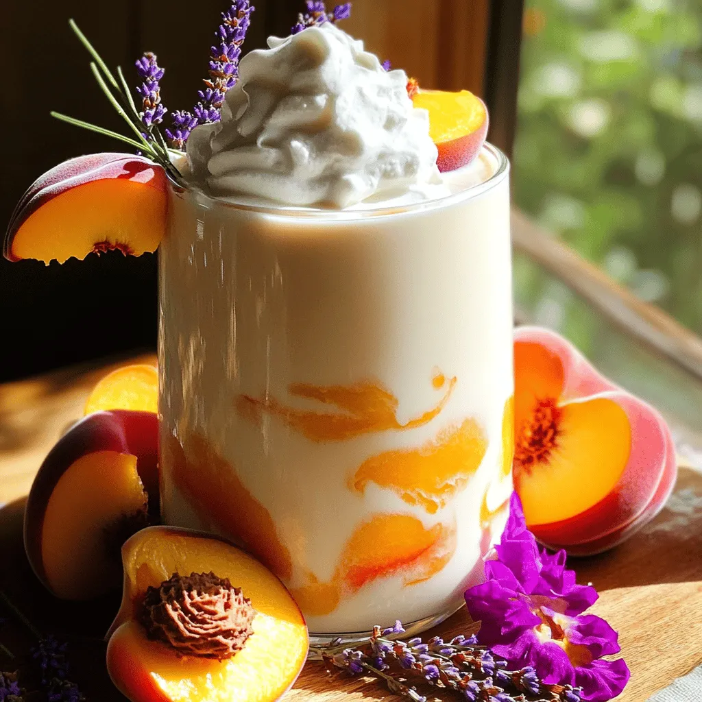 - 1 cup milk (dairy or non-dairy) - 1 ripe peach, peeled and diced - 1 tablespoon culinary lavender (dried) - 2 teaspoons honey or maple syrup (adjust to taste) - 1/2 teaspoon vanilla extract - A pinch of sea salt - 1/2 teaspoon food-grade lavender oil (for enhanced flavor) - Whipped cream (optional for topping) - Fresh peach slices and lavender sprigs for garnish For this Lavender Peach Moon Milk Latte, I use simple yet flavorful ingredients. The milk is the base, and you can choose dairy or a non-dairy option like almond or oat milk. The ripe peach adds a sweet and juicy touch, perfect for a cozy drink. Culinary lavender brings a floral note that truly sets this drink apart. I sweeten it with honey or maple syrup, which you can adjust based on your taste. A dash of vanilla extract adds warmth, while a pinch of sea salt balances the flavors. If you want a stronger lavender taste, consider adding food-grade lavender oil. For a fun touch, whipped cream on top creates a creamy layer. Fresh peach slices and lavender sprigs make for a beautiful garnish, adding a pop of color and aroma. You can find the full recipe above to bring this delightful drink to life. - Step 1: Combine peach, lavender, and milk in a saucepan. Start by peeling and dicing your ripe peach. Then, add it to a small saucepan with one cup of milk and one tablespoon of dried culinary lavender. - Step 2: Heat and steep the mixture. Warm the mixture over medium heat. Stir it gently until it’s warm, but do not let it boil. This should take about five minutes. Once warm, turn off the heat and let it steep for five more minutes. This helps the flavors blend well. - Step 3: Strain and add sweeteners. After steeping, strain the mixture through a fine-mesh sieve into another pot or bowl. Discard the solid bits. Now, add two teaspoons of honey or maple syrup, half a teaspoon of vanilla extract, and a pinch of sea salt. Stir well to combine. If you like, you can also add half a teaspoon of food-grade lavender oil for extra flavor. - Step 4: Reheat and froth the milk. Put the strained milk back on low heat until it is warm again. This step is key to a nice froth. Use a milk frother or a whisk to froth the milk to your liking. - Step 5: Serve with toppings and garnishes. Pour the warm lavender peach milk into your favorite cup. If you want, top it with whipped cream for extra creaminess. Finish with fresh peach slices and a sprig of lavender for a beautiful look. For the best experience, use a clear glass to show off the colors. Pair this latte with light snacks, like almond cookies or a fruit platter. The sweet peach and floral notes make it a perfect afternoon treat. For more ideas, check out the Full Recipe for variations! To make the best Lavender Peach Moon Milk Latte, choose the right milk. Dairy milk gives a rich taste. For a lighter option, use almond or oat milk. Both choices froth well. Frothing is key for a creamy drink. Use a milk frother for frothy milk. If you don't have one, a whisk works too. Just whisk vigorously until you see foam. Sweeteners can change the flavor. Honey adds a delicate touch. Maple syrup offers a warm taste. Adjust the amount to match your taste. Start with two teaspoons and add more if needed. Curdling can spoil your latte. To avoid this, heat the milk slowly. Never let it boil. Stir gently to keep the milk smooth. Achieving perfect froth can be tricky. If it’s too thin, try frothing longer. If it’s too thick, add a splash of warm milk. Balance is key for a good texture. A beautiful latte is a joy to drink. Use fresh peach slices and lavender sprigs for garnish. These add color and charm. Think about the colors and textures in your drink. Soft lavender and bright peach create a stunning contrast. Use a clear glass to showcase the layers. This makes your latte look even more inviting. For the full recipe, check out the Lavender Peach Moon Milk Latte. {{image_2}} You can change the milk to fit your diet. Use almond, oat, or coconut milk for a dairy-free treat. Each option gives a unique taste. For sweeteners, try agave or stevia. Adjust how much you use based on your taste. Honey and maple syrup work well too. Want to mix it up? Use other fruits like strawberries or mangoes. Each fruit adds its own twist to the drink. You can also try chamomile or mint for added flavor. They can change the whole vibe of your latte. Serve the Lavender Peach Moon Milk Latte over ice for a refreshing twist. Just follow the same steps, but chill the milk first. If you prefer a smoothie, blend the latte with ice. This makes a creamy, thick drink that's perfect for warm days. To keep your Lavender Peach Moon Milk Latte fresh, store it in the fridge. Use an airtight container. This will help keep the flavors intact. If you have leftovers, pour them into the container right after serving. Avoid leaving it out, as it can spoil quickly. When reheating, do so gently. Use low heat on the stove or microwave. Stir it often to prevent hot spots. This way, you won't lose the creamy texture. To refresh the frothiness, use a milk frother or whisk after reheating. This will bring back that light, airy feel. In the fridge, your latte will last for about two days. Look for signs of spoilage, like sour smells or changes in color. If the peach looks brown or mushy, it’s best to toss it. Always trust your senses to check for freshness. What is Lavender Peach Moon Milk Latte? Lavender Peach Moon Milk Latte is a creamy drink made from milk, peaches, and lavender. It's warm, cozy, and perfect for relaxing. The sweet peach flavor pairs well with the floral notes of lavender. This drink not only tastes great but also looks beautiful when served. Are there any health benefits associated with the ingredients? Yes! Peaches are rich in vitamins A and C. They help boost your immune system. Lavender may help with sleep and relaxation. Milk provides calcium for strong bones. Using honey or maple syrup can be a natural way to sweeten your drink. Can I make this drink ahead of time? Yes, you can! Just prepare the milk mixture and store it in the fridge. When ready to drink, reheat it gently. Froth the milk again for the best texture. How can I adjust the sweetness level? You can change the sweetness by adding more or less honey or maple syrup. Start with two teaspoons and taste. Add more if you like it sweeter. Where can I find culinary lavender? You can find culinary lavender in specialty stores or online. Look for it in the spice section. Make sure it is labeled safe for cooking. Can this recipe be made vegan? Yes! Just use a non-dairy milk, like almond or oat milk. You can also substitute honey with maple syrup or agave nectar for sweetness. Enjoy this cozy drink any way you like! In this blog post, we explored the delightful Lavender Peach Moon Milk Latte. We discussed the essential ingredients, step-by-step preparation, and tips for perfecting your drink. You learned about variations to customize your latte and storage methods to keep it fresh. Remember, this latte is not just a drink; it's an experience. Enjoy making it your own, and share it with friends. Discover the joy of blending flavors for a refreshing treat. Your kitchen creations can bring smiles and warmth to your day.