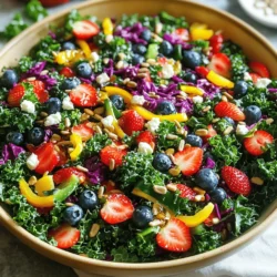 - Kale (4 cups, destemmed and chopped) - Strawberries (1 cup, hulled and sliced) - Blueberries (1 cup) - Yellow bell pepper (1 cup, diced) - Red cabbage (1 cup, shredded) - Feta cheese (1/2 cup, crumbled) - Sunflower seeds (1/4 cup) - Olive oil (1/3 cup) - Apple cider vinegar (2 tablespoons) - Honey (1 tablespoon) - Salt and pepper to taste This Rainbow Kale & Berry Salad bursts with colors and flavors. You start with fresh kale, which gives the salad a strong base. Kale is packed with nutrients, making it a great choice. I like to massage the kale to soften it. This step makes it easier to eat and enhances its flavor. Next, we add juicy strawberries and sweet blueberries. Both fruits bring natural sweetness and a lovely contrast to the kale. The yellow bell pepper adds a crisp texture and a bright pop of color. Red cabbage not only looks stunning but also adds crunch. For toppings, I recommend crumbled feta cheese and sunflower seeds. The cheese adds a creamy touch, while the seeds give a nice crunch. They also boost the nutrition of the salad. Finally, we prepare the dressing. A mix of olive oil, apple cider vinegar, and honey creates a balance of flavors. It ties all the ingredients together. You can adjust the salt and pepper to suit your taste. Each ingredient plays a role in making this salad fresh and flavorful. You can find the full recipe in the article, guiding you through each step. Enjoy this colorful dish that is as healthy as it is delicious! To make this salad great, start with the kale. Put 4 cups of chopped kale in a big bowl. Add 1 tablespoon of olive oil. Now, it's time to massage the kale. Use your hands to gently squeeze and rub the leaves for about 2-3 minutes. This softens the kale and brings out its taste. You want it tender but not mushy. A good texture is key, as it helps the flavors blend better. Next, let’s mix in the fun stuff! Add 1 cup of sliced strawberries, 1 cup of blueberries, 1 cup of diced yellow bell pepper, and 1 cup of shredded red cabbage to the kale. Gently toss everything together. You want an even mix of colors. A vibrant salad is more appealing and tasty. Each bite should have a bit of every ingredient for a burst of flavor. Now, we need a tasty dressing. In a small bowl, whisk together the remaining olive oil, 2 tablespoons of apple cider vinegar, 1 tablespoon of honey, and salt and pepper. Whisk until it’s well mixed. This dressing adds a sweet and tangy kick to your salad. Adjust the salt and pepper to your liking. A good dressing ties all the flavors together. Finally, let’s bring it all together! Drizzle the dressing over the salad. Toss everything again until the salad is evenly coated. Now, sprinkle on the 1/2 cup of crumbled feta cheese and 1/4 cup of sunflower seeds. These toppings add a nice crunch and creaminess. Serve the salad right away or chill it for 15 minutes. Chilling helps the flavors blend even more. You can find the full recipe online for all the details! To wash kale, fill a large bowl with cold water. Submerge the kale leaves and swish them around. This helps remove dirt and bugs. After soaking, lift the kale out and let it drain. You can also use a salad spinner to dry it well. For storing kale, wrap it in a damp paper towel and place it in a plastic bag. Keep it in the fridge. This keeps the leaves crisp for about a week. When chopping kale, remove the thick stems. Stack a few leaves, roll them up, and slice them into strips. This gives you even pieces. Aim for about one-inch cuts. Serve your salad in a large, shallow bowl. This lets the colors shine. A beautiful presentation makes food more appealing. For garnish, add a few extra berries on top. Sprinkle sunflower seeds for a nice crunch. You can also add edible flowers for a pop of color. To boost flavors, try adding fresh herbs like mint or basil. They add a nice twist to the salad. You can also sprinkle some chili flakes for a bit of heat. Pair your salad with grilled chicken or shrimp for protein. It makes the dish heartier and more filling. You can also serve it with whole grain bread for a complete meal. Check out the Full Recipe for all the details on making this vibrant dish! {{image_2}} You can easily change this salad based on what fruits are in season. In summer, use fresh peaches or cherries instead of strawberries. In fall, try apples for a crunchy bite. You can also add protein to make it heartier. Grilled chicken or crispy tofu adds great flavor and nutrition. If you want a vegan salad, just skip the feta cheese. The salad still tastes great without it. For gluten-free options, check the dressing. Most vinegars are gluten-free, but always read labels. You can also use lemon juice as a fresh alternative to vinegar. Switch up the flavor with different vinegars. Balsamic or red wine vinegar adds a unique taste. You can also add nuts or seeds. Try walnuts or pecans for a fun crunch. Each change can bring a new twist to your salad. For a specific recipe, refer to the Full Recipe for more details on how to create this vibrant dish. Store your Rainbow Kale & Berry Salad in an airtight container. This keeps it fresh and crisp. Use it within three days for the best taste. If you have leftovers, separate the dressing to avoid soggy greens. Keep the salad in the fridge until you're ready to enjoy it again. To keep your ingredients fresh longer, make sure to rinse and dry the kale well. Excess water can cause wilting. Also, store berries in their original container. This helps prevent mold. You can make the Rainbow Kale & Berry Salad ahead of time. Just prepare the kale and veggies, then store them separately. This way, they stay fresh until you're ready to mix. Components like the feta cheese and sunflower seeds can also be prepped in advance. Just add them right before serving to keep the salad crunchy. You can freeze some components, but not the whole salad. Freezing kale changes its texture, making it mushy. If you want to freeze it, store only the chopped kale. To freeze kale, wash and dry it first. Chop it and place it in a freezer bag. Squeeze out the air and seal it tightly. When you thaw it, use it in soups or smoothies. Remember, freezing affects taste and texture. It’s best to enjoy your Rainbow Kale & Berry Salad fresh. For the full recipe, check out the ingredients and instructions above! Eating kale is simple and rewarding. Kale is full of vitamins A, C, and K. It is also rich in fiber and antioxidants. To enjoy kale, I recommend massaging it. This softens the leaves and brings out their flavor. To massage kale, drizzle a bit of olive oil on it. Use your hands to rub and squeeze the leaves for about 2-3 minutes. You can also enjoy kale raw in salads or cooked in various dishes. The Rainbow Kale & Berry Salad stays fresh for about 3 days in the fridge. Store it in an airtight container to keep it crisp. If you notice the kale wilting or the berries getting mushy, it's time to toss it. Signs of spoilage include a sour smell or discoloration. Always check before eating leftovers to ensure safety. Yes, you can prepare this salad ahead of time! I suggest prepping the ingredients separately. Chop the kale and veggies, and store them in the fridge. Keep the dressing in a separate jar. When you are ready to serve, combine everything in a bowl and drizzle the dressing. This method preserves the textures and flavors. There are many great dressings for this salad! Here are a few options to try: - Lemon vinaigrette adds a zesty touch. - Balsamic dressing gives a sweet and tangy flavor. - A creamy yogurt dressing offers richness. Feel free to experiment with different dressings to find your favorite! For the full recipe, check out the Rainbow Kale & Berry Salad. This blog post highlighted how to create a tasty Rainbow Kale & Berry Salad. We went through the fresh ingredients, toppings, and how to make the dressing. I shared tips for preparing, presenting, and storing your salad. You can even tweak the recipe for seasonal fruits and dietary needs. In summary, this salad is easy, healthy, and fun to make. With these steps, you can impress anyone at your next meal! Enjoy creating your colorful salad masterpiece!
