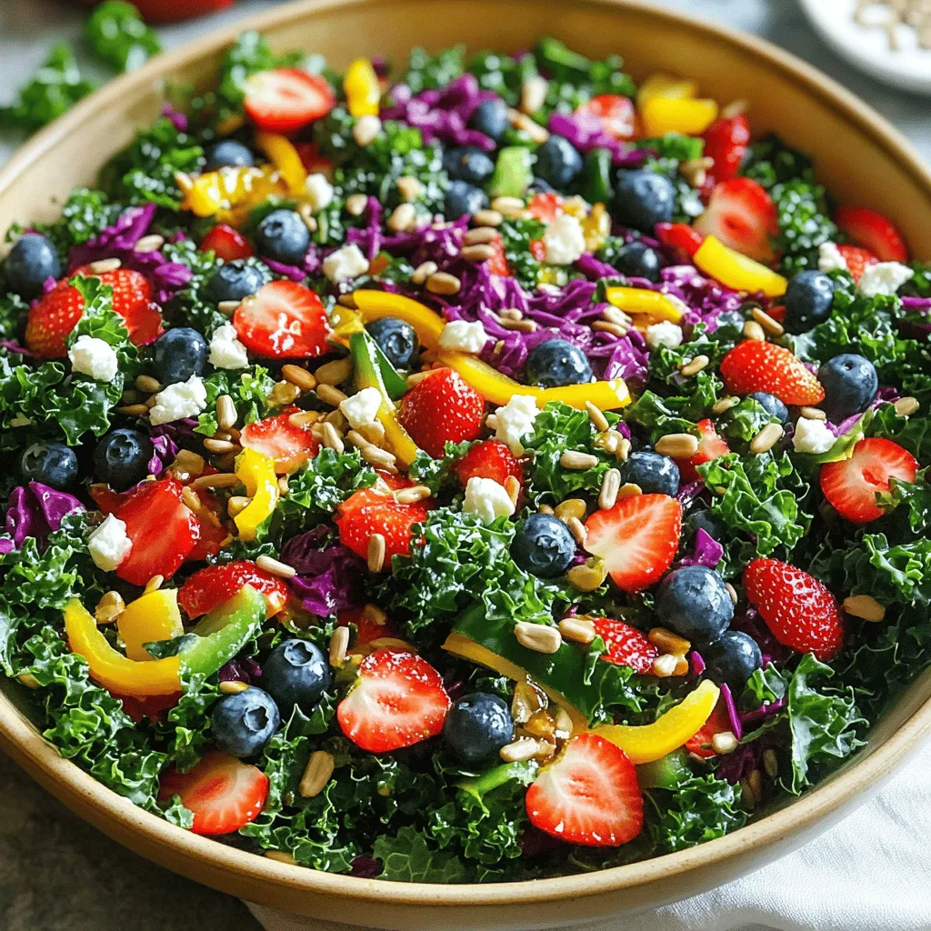 - Kale (4 cups, destemmed and chopped) - Strawberries (1 cup, hulled and sliced) - Blueberries (1 cup) - Yellow bell pepper (1 cup, diced) - Red cabbage (1 cup, shredded) - Feta cheese (1/2 cup, crumbled) - Sunflower seeds (1/4 cup) - Olive oil (1/3 cup) - Apple cider vinegar (2 tablespoons) - Honey (1 tablespoon) - Salt and pepper to taste This Rainbow Kale & Berry Salad bursts with colors and flavors. You start with fresh kale, which gives the salad a strong base. Kale is packed with nutrients, making it a great choice. I like to massage the kale to soften it. This step makes it easier to eat and enhances its flavor. Next, we add juicy strawberries and sweet blueberries. Both fruits bring natural sweetness and a lovely contrast to the kale. The yellow bell pepper adds a crisp texture and a bright pop of color. Red cabbage not only looks stunning but also adds crunch. For toppings, I recommend crumbled feta cheese and sunflower seeds. The cheese adds a creamy touch, while the seeds give a nice crunch. They also boost the nutrition of the salad. Finally, we prepare the dressing. A mix of olive oil, apple cider vinegar, and honey creates a balance of flavors. It ties all the ingredients together. You can adjust the salt and pepper to suit your taste. Each ingredient plays a role in making this salad fresh and flavorful. You can find the full recipe in the article, guiding you through each step. Enjoy this colorful dish that is as healthy as it is delicious! To make this salad great, start with the kale. Put 4 cups of chopped kale in a big bowl. Add 1 tablespoon of olive oil. Now, it's time to massage the kale. Use your hands to gently squeeze and rub the leaves for about 2-3 minutes. This softens the kale and brings out its taste. You want it tender but not mushy. A good texture is key, as it helps the flavors blend better. Next, let’s mix in the fun stuff! Add 1 cup of sliced strawberries, 1 cup of blueberries, 1 cup of diced yellow bell pepper, and 1 cup of shredded red cabbage to the kale. Gently toss everything together. You want an even mix of colors. A vibrant salad is more appealing and tasty. Each bite should have a bit of every ingredient for a burst of flavor. Now, we need a tasty dressing. In a small bowl, whisk together the remaining olive oil, 2 tablespoons of apple cider vinegar, 1 tablespoon of honey, and salt and pepper. Whisk until it’s well mixed. This dressing adds a sweet and tangy kick to your salad. Adjust the salt and pepper to your liking. A good dressing ties all the flavors together. Finally, let’s bring it all together! Drizzle the dressing over the salad. Toss everything again until the salad is evenly coated. Now, sprinkle on the 1/2 cup of crumbled feta cheese and 1/4 cup of sunflower seeds. These toppings add a nice crunch and creaminess. Serve the salad right away or chill it for 15 minutes. Chilling helps the flavors blend even more. You can find the full recipe online for all the details! To wash kale, fill a large bowl with cold water. Submerge the kale leaves and swish them around. This helps remove dirt and bugs. After soaking, lift the kale out and let it drain. You can also use a salad spinner to dry it well. For storing kale, wrap it in a damp paper towel and place it in a plastic bag. Keep it in the fridge. This keeps the leaves crisp for about a week. When chopping kale, remove the thick stems. Stack a few leaves, roll them up, and slice them into strips. This gives you even pieces. Aim for about one-inch cuts. Serve your salad in a large, shallow bowl. This lets the colors shine. A beautiful presentation makes food more appealing. For garnish, add a few extra berries on top. Sprinkle sunflower seeds for a nice crunch. You can also add edible flowers for a pop of color. To boost flavors, try adding fresh herbs like mint or basil. They add a nice twist to the salad. You can also sprinkle some chili flakes for a bit of heat. Pair your salad with grilled chicken or shrimp for protein. It makes the dish heartier and more filling. You can also serve it with whole grain bread for a complete meal. Check out the Full Recipe for all the details on making this vibrant dish! {{image_2}} You can easily change this salad based on what fruits are in season. In summer, use fresh peaches or cherries instead of strawberries. In fall, try apples for a crunchy bite. You can also add protein to make it heartier. Grilled chicken or crispy tofu adds great flavor and nutrition. If you want a vegan salad, just skip the feta cheese. The salad still tastes great without it. For gluten-free options, check the dressing. Most vinegars are gluten-free, but always read labels. You can also use lemon juice as a fresh alternative to vinegar. Switch up the flavor with different vinegars. Balsamic or red wine vinegar adds a unique taste. You can also add nuts or seeds. Try walnuts or pecans for a fun crunch. Each change can bring a new twist to your salad. For a specific recipe, refer to the Full Recipe for more details on how to create this vibrant dish. Store your Rainbow Kale & Berry Salad in an airtight container. This keeps it fresh and crisp. Use it within three days for the best taste. If you have leftovers, separate the dressing to avoid soggy greens. Keep the salad in the fridge until you're ready to enjoy it again. To keep your ingredients fresh longer, make sure to rinse and dry the kale well. Excess water can cause wilting. Also, store berries in their original container. This helps prevent mold. You can make the Rainbow Kale & Berry Salad ahead of time. Just prepare the kale and veggies, then store them separately. This way, they stay fresh until you're ready to mix. Components like the feta cheese and sunflower seeds can also be prepped in advance. Just add them right before serving to keep the salad crunchy. You can freeze some components, but not the whole salad. Freezing kale changes its texture, making it mushy. If you want to freeze it, store only the chopped kale. To freeze kale, wash and dry it first. Chop it and place it in a freezer bag. Squeeze out the air and seal it tightly. When you thaw it, use it in soups or smoothies. Remember, freezing affects taste and texture. It’s best to enjoy your Rainbow Kale & Berry Salad fresh. For the full recipe, check out the ingredients and instructions above! Eating kale is simple and rewarding. Kale is full of vitamins A, C, and K. It is also rich in fiber and antioxidants. To enjoy kale, I recommend massaging it. This softens the leaves and brings out their flavor. To massage kale, drizzle a bit of olive oil on it. Use your hands to rub and squeeze the leaves for about 2-3 minutes. You can also enjoy kale raw in salads or cooked in various dishes. The Rainbow Kale & Berry Salad stays fresh for about 3 days in the fridge. Store it in an airtight container to keep it crisp. If you notice the kale wilting or the berries getting mushy, it's time to toss it. Signs of spoilage include a sour smell or discoloration. Always check before eating leftovers to ensure safety. Yes, you can prepare this salad ahead of time! I suggest prepping the ingredients separately. Chop the kale and veggies, and store them in the fridge. Keep the dressing in a separate jar. When you are ready to serve, combine everything in a bowl and drizzle the dressing. This method preserves the textures and flavors. There are many great dressings for this salad! Here are a few options to try: - Lemon vinaigrette adds a zesty touch. - Balsamic dressing gives a sweet and tangy flavor. - A creamy yogurt dressing offers richness. Feel free to experiment with different dressings to find your favorite! For the full recipe, check out the Rainbow Kale & Berry Salad. This blog post highlighted how to create a tasty Rainbow Kale & Berry Salad. We went through the fresh ingredients, toppings, and how to make the dressing. I shared tips for preparing, presenting, and storing your salad. You can even tweak the recipe for seasonal fruits and dietary needs. In summary, this salad is easy, healthy, and fun to make. With these steps, you can impress anyone at your next meal! Enjoy creating your colorful salad masterpiece!