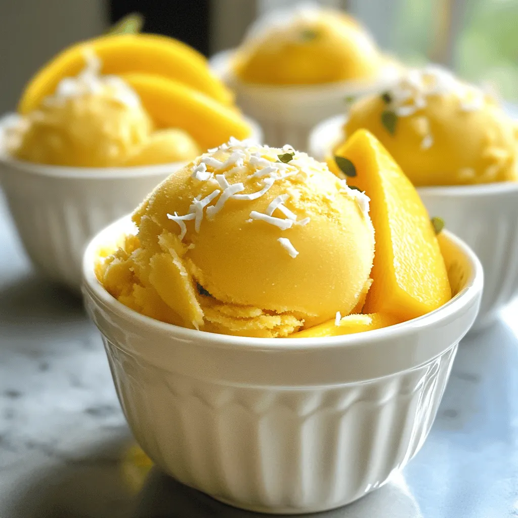 To make mango sorbet, you need these simple ingredients: - 3 ripe mangoes, peeled and diced - 3/4 cup coconut milk - 1/2 cup granulated sugar (adjust based on sweetness of mangoes) - 1 tablespoon lime juice - 1 teaspoon vanilla extract (optional) - Pinch of salt Let’s break down each ingredient: - Mangoes: Choose ripe mangoes. They should smell sweet and feel slightly soft. This adds natural sweetness to your sorbet. - Coconut Milk: This gives the sorbet a creamy texture. It also adds a hint of tropical flavor. - Sugar: This sweetens the mix. You can adjust it based on how sweet your mangoes are. - Lime Juice: This adds a zesty kick. It balances the sweetness and enhances the mango flavor. - Vanilla Extract: This is optional. It brings warmth and depth to the taste. - Salt: Just a pinch helps to elevate all the flavors. Using fresh, high-quality ingredients is key. Ripe mangoes will give you the best flavor and sweetness. If your mangoes are not ripe, your sorbet may taste bland. Fresh coconut milk is creamy and rich, unlike the canned versions. The right balance of sugar and lime juice will ensure your sorbet is not too sweet or too tart. Investing in good ingredients makes your mango sorbet a true delight. For full details on how to make this treat, check the full recipe. First, gather your ingredients. You'll need ripe mangoes, coconut milk, sugar, lime juice, and optional vanilla extract. Choose sweet mangoes for the best flavor. Make sure to peel and dice them before blending. This takes about 15 minutes. Now, let's blend. In your blender, add the diced mangoes, coconut milk, sugar, and lime juice. If you like a hint of sweetness, include the vanilla extract. Blend on high for 1-2 minutes. You want a smooth, creamy texture. After blending, taste the mixture. If it needs more sweetness, add more sugar or lime juice. Next, pour the mixture into a shallow dish or a freezer-safe container. Place it in the freezer for 1 hour. After that, stir the mixture with a fork. This breaks up any ice crystals. Return it to the freezer for another 2-3 hours. Stir every 30 minutes to keep it smooth. Once firm, let it sit out for a few minutes before scooping. Serve in chilled bowls. Garnish with fresh mango slices and shredded coconut. Enjoy your mango sorbet, a simple and refreshing treat! For the full recipe, check out the [Full Recipe]. Pick ripe mangoes for the best sorbet. Look for mangoes that feel soft but not mushy. The skin should have a bright color. Varieties like Ataulfo or Haden work well. Their sweetness enhances the sorbet's flavor. Taste your mangoes before blending. If they are sweet, you may not need much sugar. Add sugar slowly, tasting as you go. A splash of lime juice adds a nice zing. You can also use vanilla extract for extra depth. To keep your sorbet smooth, stir it while it freezes. After one hour, take it out and stir with a fork. Do this every 30 minutes for 2-3 hours. This breaks up ice crystals, making your sorbet creamy. Following these tips will bring out the best in your mango sorbet. Check the Full Recipe for all the details! {{image_2}} You can play with flavors in mango sorbet. Try adding pineapple for a tropical twist. Just swap half of the mangoes for ripe pineapple. You can also mix in berries. Blueberries or strawberries add a nice color and taste. Blend them in with the mangoes for a berry fusion sorbet. This adds a fun and fruity flair to your treat. This recipe is already dairy-free with coconut milk. Coconut milk gives a creamy texture without dairy. If you want to switch it up, use almond milk or oat milk. Both are great options for a light and tasty sorbet. They keep it vegan and fresh, perfect for everyone to enjoy. Granulated sugar works well, but you can try other sweeteners. Honey or agave syrup can add unique flavors. Just remember to adjust the amount since they are sweeter. If you prefer no sugar, use ripe bananas or dates. They add natural sweetness and keep your sorbet healthy. Experimenting with sweeteners can make your sorbet even more special! For the full recipe, check the details above. To keep your mango sorbet fresh, store it in an airtight container. Use a shallow dish for easy freezing. This helps the sorbet freeze evenly. Avoid using glass jars, as they can crack in the freezer. Always label your container with the date you made it. This way, you’ll know when it’s time to enjoy! You can keep your sorbet in the freezer for about two weeks. After this time, the flavor may fade. To ensure the best taste, try to finish it within one week. If you notice ice crystals forming, it means air got in. Stirring the sorbet every thirty minutes while freezing helps prevent this. When you're ready to enjoy your sorbet, take it out of the freezer. Let it sit for a few minutes before scooping. This will help it soften just enough for easy scooping. If it's still too hard, microwave it for about ten seconds. This quick blast of heat will bring back the creamy texture you love. For the full recipe, check out the instructions above! To make the best mango sorbet, pick ripe mangoes. Look for fruit that feels soft but not mushy. The skin should have a deep yellow or orange hue. A sweet aroma near the stem is also a good sign. Always choose mangoes that are in season for the best taste. Yes, you can make sorbet without a blender! Use a food processor or a hand mixer instead. If you do not have those tools, you can mash the mangoes by hand. This method will take more time, but it works well. Just make sure to break up any lumps for a smooth texture. Yes, frozen mangoes work great for this recipe! They can save you time and will still taste delicious. Just let them thaw slightly before blending. This helps achieve that creamy, smooth texture we want in sorbet. You may need to adjust the sugar since frozen mangoes can be sweeter. For a detailed recipe, check out the Full Recipe for Mango Paradise Sorbet! Mango sorbet is simple and fun to make at home. You learned about the key ingredients, blending steps, and serving guides. Plus, I shared tips for choosing the best mangoes and adjusting flavors. Don't forget the storage tips to keep your sorbet fresh! Experiment with different flavors and enjoy a chilly treat. With quality ingredients, your homemade mango sorbet will shine. Ready to scoop into a bowl of deliciousness? You'll create a sweet treat that impresses everyone. Enjoy your refreshing mango sorbet journey!