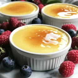 To make Crème Brûlée Dreams, you need a few simple ingredients. These will help you create that rich, creamy dessert everyone loves. Here’s what you will need: - 2 cups heavy cream - 1/2 cup whole milk - 1 vanilla bean (or 2 teaspoons vanilla extract) - 4 large egg yolks - 1/2 cup granulated sugar (plus extra for caramelizing) - A pinch of salt - Fresh berries (for garnish) These ingredients come together to form a silky custard. The heavy cream and whole milk add richness, while the vanilla bean gives a lovely flavor. The egg yolks create a smooth texture. You can use vanilla extract if you don’t have a vanilla bean. Just remember to use good-quality extracts for the best taste. The sugar caramelizes on top, adding a crunchy layer. Don’t skip the fresh berries; they add color and a burst of flavor to your dessert. Now, gather these ingredients and get ready to make something amazing! You can find the full recipe in the next section. 1. Preheat the oven to 325°F (163°C). This helps the custard bake evenly. 2. In a saucepan over medium heat, combine the heavy cream, whole milk, and the vanilla seeds (or extract). 3. Heat the mixture until it almost boils, then remove it from heat. Let it steep for 15 minutes to enhance the flavor. 4. In a bowl, whisk together the egg yolks, 1/2 cup granulated sugar, and a pinch of salt until pale and thick. 5. Slowly add the warm cream mixture to the egg mixture. Whisk constantly to avoid cooking the eggs. 6. Strain the mixture through a fine sieve into a jug. This gives your custard a smooth texture. 7. Divide the custard into ramekins and place them in a baking dish. 8. Fill the baking dish with hot water until it reaches halfway up the sides of the ramekins. This water bath helps the custard cook gently. 9. Bake for 30 to 35 minutes. The custard should be set but still slightly jiggly in the center. 10. Remove the ramekins from the water bath. Let them cool to room temperature. 11. Refrigerate for at least 4 hours, or overnight for best results. 1. Once chilled, sprinkle a thin layer of granulated sugar on top of each custard. 2. Using a kitchen torch, caramelize the sugar until it turns golden brown and crispy. 3. If you lack a torch, you can broil the ramekins in the oven for a few minutes. Watch closely to avoid burning. 4. Let the caramelized sugar cool and harden before serving. 5. Garnish with fresh berries for color and flavor. This method creates a delightful and creamy dessert that impresses every time. For the full recipe, check out the details provided. To make the best custard, use low heat. A good range is 160°F to 180°F. This way, you avoid scrambling the eggs. Timing is key; whisk the egg yolks and sugar until they turn pale. This helps create a smooth texture. Always strain the mixture before baking. Straining removes lumps and makes the custard silky. Using a kitchen torch gives you great control. Hold the torch about 2 inches away from the sugar. Move it in small circles to avoid burning. If you see dark spots, pull back the flame. A common problem is uneven caramelization. To fix this, melt the sugar slowly and evenly. For those without a torch, broiling works too. Just keep a close eye on it. Sugar can burn quickly under the broiler. After caramelizing, let the sugar cool before serving. This makes a nice, crunchy top for your crème brûlée dreams. For more on making this delightful dessert, check the Full Recipe. {{image_2}} You can create unique flavors for your crème brûlée. Start by infusing the cream with different tastes. For example, add: - 1/2 cup brewed coffee for a rich coffee flavor. - Zest from 1 orange or lemon for a citrus twist. - A few sprigs of fresh mint for a refreshing touch. When using extracts, choose quality options. Almond extract gives a nutty taste, while coconut extract adds a tropical feel. Just remember to use small amounts, as extracts can be strong. Crème brûlée is versatile. You can make it part of other desserts. Try layering it in parfaits with fresh fruit and granola. This adds texture and makes it fun to eat. Another idea is to use it as a filling for pastries. Pipe it into éclairs or cream puffs for a special treat. You can even spoon it over brownies or cakes to enhance the flavor. For serving, think outside the box. Top your crème brûlée with fresh berries, chocolate shavings, or even crushed cookies. Each option brings a new taste and look to your dessert. Explore these variations to enjoy crème brûlée in many delightful ways. You can find the full recipe to get started on your delicious journey. After baking, let your ramekins cool to room temperature. This helps prevent condensation. Once cooled, cover them with plastic wrap. Place them in the fridge for at least four hours. For longer storage, they can last up to three days in the fridge. Keeping them sealed helps maintain their creamy texture. Avoid stacking ramekins to prevent cracking the crust. Reheating crème brûlée can be tricky. You want to warm it gently to keep the texture smooth. Place the ramekin in a warm water bath for about 10 minutes. Avoid microwaving, as it may ruin the creamy base. For the best taste, eat it cold or at room temperature. Enjoying it fresh ensures you savor every bite. What can I substitute for heavy cream? If you need a substitute for heavy cream, you can use half-and-half. Mix it with some butter to add richness. A blend of whole milk and Greek yogurt also works well for a lighter version. Can I use different sweeteners? Yes, you can use different sweeteners. Try honey or maple syrup for a unique flavor. Just remember to adjust the amount based on sweetness. How do I fix a curdled custard? To fix a curdled custard, strain it through a fine sieve. This can remove any lumps and give you a smooth texture. If it’s still curdled, gently reheat while stirring to smooth it out. Can I make crème brûlée in advance? Absolutely! You can make crème brûlée a day ahead. Just chill it in the fridge after baking. This enhances the flavors and makes it easy for serving. What is the best type of sugar for caramelization? Granulated sugar is the best choice for caramelization. It melts evenly and creates that perfect crunchy crust. For a twist, try using brown sugar for a richer taste. For the full recipe, check the details above. This blog post guides you in making a perfect crème brûlée. You learned about the key ingredients, like heavy cream and vanilla, and their roles in flavor. The step-by-step instructions ensure you master both the baking and caramelization processes. Tips help you achieve a smooth custard and a perfect crust. Explore flavor variations and creative uses for this dessert. Lastly, proper storage keeps your crème brûlée fresh. Enjoying your homemade version can be fun and rewarding. Now, go ahead and impress your friends with this classic treat!