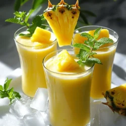 To make this refreshing drink, you need just two main ingredients: - 2 cups fresh pineapple chunks - 1 cup coconut water Fresh pineapple gives a sweet and bright taste. Coconut water adds a nice, light flavor. Together, they make a perfect pair for a hot day. You can make this drink even better with a few optional add-ins: - 1 tablespoon honey or agave syrup (for extra sweetness) - Ice cubes (to chill your drink) - Mint leaves (for a fresh touch) These add-ins let you customize your drink to fit your taste. If you like it sweeter, add honey. If you want it cold, throw in some ice. You only need a few simple tools to whip up this refresher: - A blender (to mix everything smoothly) - A cutting board (to chop the pineapple) - A knife (to cut the pineapple) - Glasses (to serve your drink) Having the right tools makes the process easy and fun. Just grab your blender and get started! For the full recipe, check out the instructions above. First, grab your fresh pineapple. If it's not already cut, slice it into chunks. You need about 2 cups of pineapple. This fruit gives our drink its sweet flavor and bright color. Next, measure out 1 cup of coconut water. This adds a light, tropical taste. Now it’s time to blend! Place the pineapple chunks and coconut water in your blender. Blend on high for about 30 to 45 seconds. You want a smooth and creamy drink. After blending, taste it. If you like it sweeter, add a teaspoon of honey or agave syrup. Blend again until it mixes well. Pour your pineapple refresher into glasses. You can add ice cubes for a cool touch. For a nice look, garnish with a slice of pineapple or a sprig of mint. This adds flair to your drink and impresses your guests. Enjoy your refreshing drink right away! For the full recipe, check the recipe section above. To make a great drink, you need a fresh pineapple. Look for one that feels heavy. The skin should be golden, not green. A sweet scent at the base means it's ripe. Press gently on the skin; it should yield slightly. Avoid pineapples with soft spots or dark marks. These signs can mean the fruit is overripe. When blending, cut the pineapple into small chunks. This helps the blender work better. Add the coconut water first; it helps the blades move. Start blending on low speed, then increase to high. Blend until it's smooth, about 30 to 45 seconds. If the drink is too thick, add more coconut water. If you want a sweeter drink, try honey or agave syrup. Add one teaspoon at a time. Blend after each addition to taste. You can also use flavored sweeteners like vanilla. Just a small amount can add a fun twist. For a tropical kick, consider a splash of lime juice. This can brighten the drink's flavor. {{image_2}} You can mix in other fruits for fun. Strawberries, mangoes, or oranges work well. Use the same amount as pineapple. Blend them just like you do with pineapple. Each fruit adds its own flavor and makes your drink unique. This refresher is great as a mocktail. Add a splash of lime juice for a zesty kick. You can also mix in some ginger ale for fizz. This makes it perfect for parties or hot days. Serve it in a fancy glass for extra flair. Garnishes can make your drink pop. Try adding a slice of fresh pineapple on the rim. A sprig of mint adds color and fresh scent. You can also use edible flowers for a cute touch. Get creative and have fun with your presentation! You can keep any leftover drink in the fridge. Pour it into a clean bottle. Seal it tight to keep it fresh. The drink stays good for about two days. Before drinking, shake the bottle to mix it well. If you want to save the drink longer, freezing works great. Pour the refresher into ice cube trays. Once frozen, pop the cubes into a bag. You can use these cubes in smoothies or drinks later. Always choose ripe pineapples for the best taste. Look for a sweet smell and a golden color. Store fresh pineapple in the fridge to keep it crisp. Cut pieces should stay in a sealed container. This helps them last longer. Using fresh coconut water also boosts flavor and freshness. Yes, you can use canned pineapple. Just make sure to choose a brand without added sugar. Drain the canned pineapple before blending. This will help keep your drink light and fresh. Canned pineapple may have a softer texture, but it still tastes great in this refresher. This recipe is quick and easy, making it perfect for meal prep. You can blend the pineapple and coconut water in advance. Store it in the fridge for up to two days. Just remember to shake or stir well before serving. Adding ice right before you drink will keep it cool and refreshing. This recipe is already vegan-friendly! Both fresh pineapple and coconut water are plant-based. If you add sweeteners, such as honey, switch to agave syrup for a fully vegan option. Enjoy this drink knowing it fits all diets! For the full recipe, check the earlier section. In this blog post, we explored the key ingredients, steps, and tips for making a delicious pineapple drink. You learned how to prepare and blend it perfectly. We also discussed variations and storage tips to keep it fresh. Remember, using ripe pineapple brings out the best flavor. Experiment with fruits and garnishes for fun twists. Enjoy making your drink, and share it with friends for a refreshing treat!