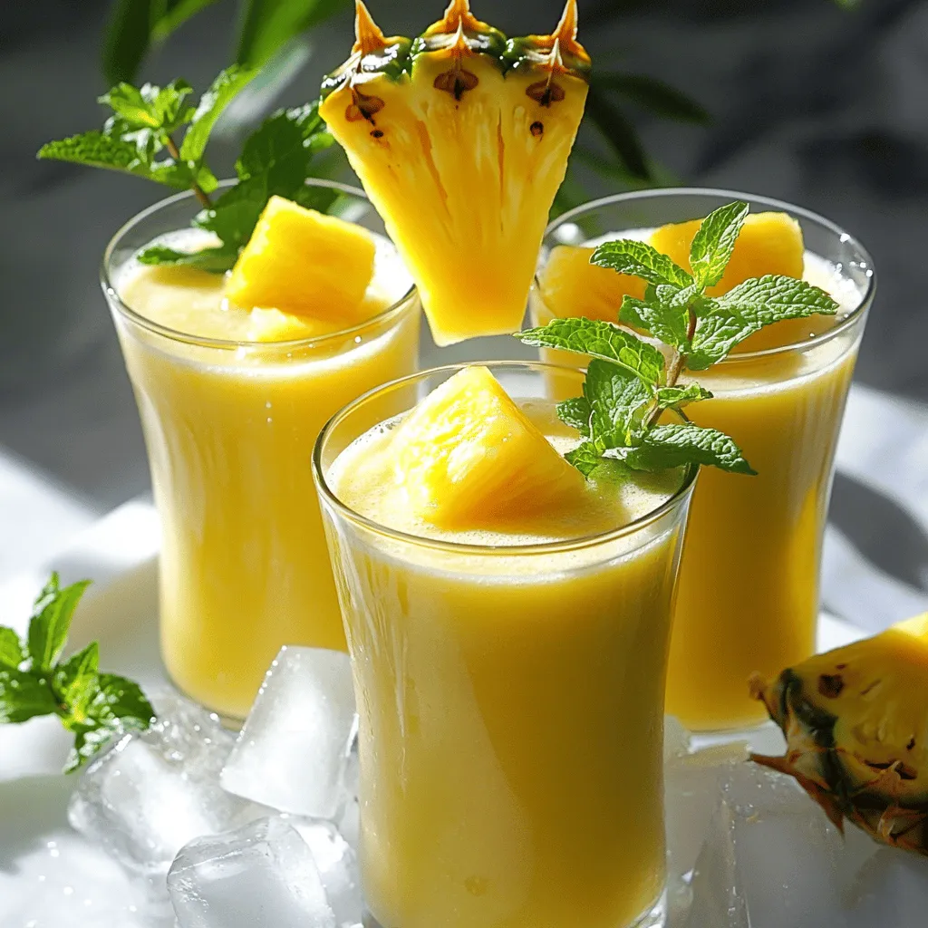 To make this refreshing drink, you need just two main ingredients: - 2 cups fresh pineapple chunks - 1 cup coconut water Fresh pineapple gives a sweet and bright taste. Coconut water adds a nice, light flavor. Together, they make a perfect pair for a hot day. You can make this drink even better with a few optional add-ins: - 1 tablespoon honey or agave syrup (for extra sweetness) - Ice cubes (to chill your drink) - Mint leaves (for a fresh touch) These add-ins let you customize your drink to fit your taste. If you like it sweeter, add honey. If you want it cold, throw in some ice. You only need a few simple tools to whip up this refresher: - A blender (to mix everything smoothly) - A cutting board (to chop the pineapple) - A knife (to cut the pineapple) - Glasses (to serve your drink) Having the right tools makes the process easy and fun. Just grab your blender and get started! For the full recipe, check out the instructions above. First, grab your fresh pineapple. If it's not already cut, slice it into chunks. You need about 2 cups of pineapple. This fruit gives our drink its sweet flavor and bright color. Next, measure out 1 cup of coconut water. This adds a light, tropical taste. Now it’s time to blend! Place the pineapple chunks and coconut water in your blender. Blend on high for about 30 to 45 seconds. You want a smooth and creamy drink. After blending, taste it. If you like it sweeter, add a teaspoon of honey or agave syrup. Blend again until it mixes well. Pour your pineapple refresher into glasses. You can add ice cubes for a cool touch. For a nice look, garnish with a slice of pineapple or a sprig of mint. This adds flair to your drink and impresses your guests. Enjoy your refreshing drink right away! For the full recipe, check the recipe section above. To make a great drink, you need a fresh pineapple. Look for one that feels heavy. The skin should be golden, not green. A sweet scent at the base means it's ripe. Press gently on the skin; it should yield slightly. Avoid pineapples with soft spots or dark marks. These signs can mean the fruit is overripe. When blending, cut the pineapple into small chunks. This helps the blender work better. Add the coconut water first; it helps the blades move. Start blending on low speed, then increase to high. Blend until it's smooth, about 30 to 45 seconds. If the drink is too thick, add more coconut water. If you want a sweeter drink, try honey or agave syrup. Add one teaspoon at a time. Blend after each addition to taste. You can also use flavored sweeteners like vanilla. Just a small amount can add a fun twist. For a tropical kick, consider a splash of lime juice. This can brighten the drink's flavor. {{image_2}} You can mix in other fruits for fun. Strawberries, mangoes, or oranges work well. Use the same amount as pineapple. Blend them just like you do with pineapple. Each fruit adds its own flavor and makes your drink unique. This refresher is great as a mocktail. Add a splash of lime juice for a zesty kick. You can also mix in some ginger ale for fizz. This makes it perfect for parties or hot days. Serve it in a fancy glass for extra flair. Garnishes can make your drink pop. Try adding a slice of fresh pineapple on the rim. A sprig of mint adds color and fresh scent. You can also use edible flowers for a cute touch. Get creative and have fun with your presentation! You can keep any leftover drink in the fridge. Pour it into a clean bottle. Seal it tight to keep it fresh. The drink stays good for about two days. Before drinking, shake the bottle to mix it well. If you want to save the drink longer, freezing works great. Pour the refresher into ice cube trays. Once frozen, pop the cubes into a bag. You can use these cubes in smoothies or drinks later. Always choose ripe pineapples for the best taste. Look for a sweet smell and a golden color. Store fresh pineapple in the fridge to keep it crisp. Cut pieces should stay in a sealed container. This helps them last longer. Using fresh coconut water also boosts flavor and freshness. Yes, you can use canned pineapple. Just make sure to choose a brand without added sugar. Drain the canned pineapple before blending. This will help keep your drink light and fresh. Canned pineapple may have a softer texture, but it still tastes great in this refresher. This recipe is quick and easy, making it perfect for meal prep. You can blend the pineapple and coconut water in advance. Store it in the fridge for up to two days. Just remember to shake or stir well before serving. Adding ice right before you drink will keep it cool and refreshing. This recipe is already vegan-friendly! Both fresh pineapple and coconut water are plant-based. If you add sweeteners, such as honey, switch to agave syrup for a fully vegan option. Enjoy this drink knowing it fits all diets! For the full recipe, check the earlier section. In this blog post, we explored the key ingredients, steps, and tips for making a delicious pineapple drink. You learned how to prepare and blend it perfectly. We also discussed variations and storage tips to keep it fresh. Remember, using ripe pineapple brings out the best flavor. Experiment with fruits and garnishes for fun twists. Enjoy making your drink, and share it with friends for a refreshing treat!