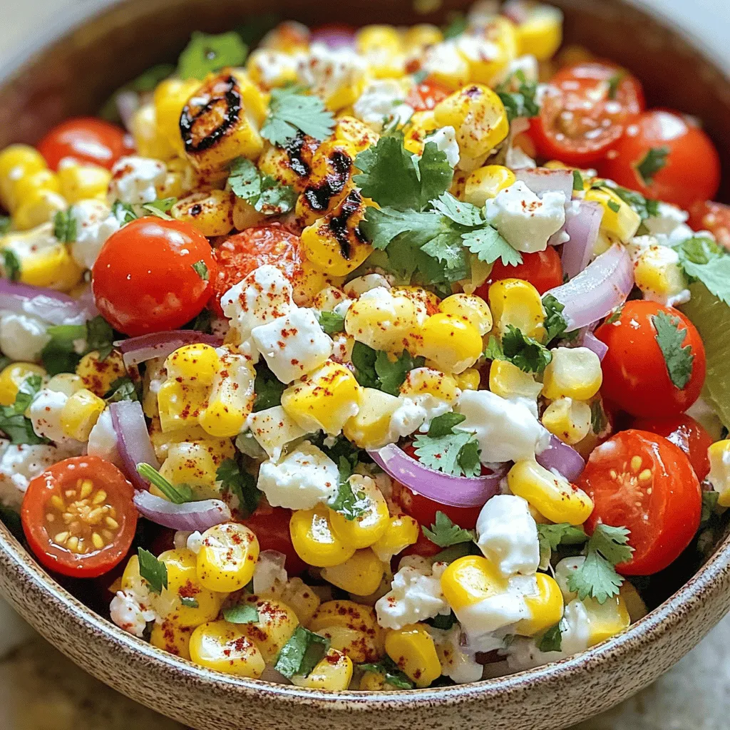 - Fresh corn - Cherry tomatoes - Red onion - Cotija cheese (or feta) - Fresh cilantro Fresh corn is the star of this dish. You can use corn on the cob, which gives a great texture. You want the kernels to be sweet and juicy. Cherry tomatoes add a burst of color and flavor. I love using red onion for its mild taste. It adds crunch and a nice bite. Cotija cheese or feta brings saltiness and creaminess. Fresh cilantro adds a bright, herbal note that ties everything together. - Mayonnaise - Greek yogurt (optional substitute) - Lime juice - Chili powder - Salt and pepper Mayonnaise gives a creamy base. You can swap it with Greek yogurt if you want a lighter option. Lime juice adds tang and freshness. Chili powder gives a hint of heat and smokiness. Don’t forget salt and pepper to enhance all the flavors. - Alternatives for corn - Dairy-free options - Spicy variations If you can't find fresh corn, canned or frozen corn works too. For dairy-free options, skip the cheese or use a nut-based cheese. Want more heat? Add jalapeños or a dash of hot sauce. Experimenting with ingredients makes this salad fun and personal. You can adjust it to your taste. - Grilling the corn Start by preheating your grill to medium-high heat. Lay the husked corn directly on the grill. Cook for about 10-12 minutes. Turn the corn occasionally to get nice char marks. This grilling brings out the sweet flavor of the corn. - Cutting the kernels After grilling, let the corn cool for a few minutes. Use a sharp knife to cut the kernels off the cob. Be careful as the corn can be hot. Transfer the kernels into a large mixing bowl. - Chopping vegetables Next, chop the cherry tomatoes in half. Finely chop the red onion. You can adjust the amount if you want more or less onion. The bright colors will make your salad pop! - Combining ingredients In the bowl with corn, add the halved cherry tomatoes and chopped red onion. Then, fold in the crumbled feta cheese. This adds a creamy texture to the salad. - Preparing the dressing In a small bowl, whisk together mayonnaise, Greek yogurt, lime juice, chili powder, salt, and pepper. Mix until it’s smooth. This dressing gives your salad a tangy kick. - Tossing everything together Pour the dressing over the corn mixture. Gently toss everything together. Make sure the dressing coats all the ingredients well. - Adjusting flavors Finally, fold in the fresh cilantro. Taste the salad and adjust the seasoning if needed. You can add more salt, pepper, or chili powder for extra flavor. Enjoy your fresh and colorful Mexican Street Corn Salad! For the complete recipe, check out the [Full Recipe]. - How to achieve perfect grilled corn Start by soaking your corn in water for 30 minutes. This keeps it moist while grilling. Preheat your grill to medium-high heat. Grill the corn for about 10-12 minutes, turning often. Look for nice char marks. This adds great flavor. - Choosing the right cheese For a classic taste, use cotija cheese. It has a salty, crumbly texture. Feta cheese is a great substitute. Both add creaminess and flavor to the salad. Choose fresh cheese for the best taste. - Importance of fresh ingredients Fresh ingredients make the salad pop. Use sweet, juicy cherry tomatoes. Choose bright green cilantro and firm corn. Freshness will enhance every bite and keep your salad vibrant. - Adding heat: spices to consider To spice things up, consider adding cayenne pepper. It gives a nice kick without overpowering the other flavors. You can also try smoked paprika for a subtle smokiness. Adjust the amount based on your taste. - Including fruits or nuts for texture For added crunch, toss in some chopped nuts like pine nuts or walnuts. They provide a nice contrast to the creamy cheese. You can also add diced avocado or mango for a sweet twist. These additions make the salad even more exciting. - Ideal pairings with other dishes This salad pairs well with grilled meats like chicken or shrimp. It also complements tacos and quesadillas. Serve it at summer barbecues or picnics for a crowd-pleaser. - Serving presentation tips For a beautiful display, use a large, shallow bowl. Layer the salad ingredients neatly. Garnish with extra cilantro and a sprinkle of cheese on top. A lime wedge on the side adds a pop of color and freshness. For the complete recipe, check out [Full Recipe]. Enjoy making this dish! {{image_2}} To make Mexican street corn salad even more exciting, you can add regional twists. In traditional Mexican recipes, lime zest brings a bright flavor. This adds a zesty kick that brightens the salad. You can also try adding diced jalapeños for some heat. Southwestern-inspired variations often include black beans or avocado. These ingredients give a creamy texture and a hearty feel to the dish. You can easily adjust this salad for different diets. For a vegan or vegetarian version, replace the cheese with avocado or a dairy-free cheese. Use vegan mayonnaise for the dressing too. If you need gluten-free options, rest assured this salad is naturally gluten-free. Just check your mayo and yogurt brands to ensure they are gluten-free. Using seasonal produce can make this salad shine. In summer, fresh corn is at its best, giving you sweet and juicy kernels. You can also add fresh herbs like basil or mint for a refreshing twist. In winter, consider using ingredients like roasted butternut squash. This adds warmth and depth to the flavors. You can adapt the spices too, using warm spices like cumin or smoked paprika for a cozy feel. For the full recipe, check the [Full Recipe]. To keep your Mexican Street Corn Salad fresh, store leftovers in an airtight container. Glass or plastic containers work well. If you have a large batch, divide it into smaller portions. This way, you can grab just what you need. Make sure to cool the salad to room temperature first. This helps prevent moisture build-up inside the container. In the fridge, this salad lasts about 3 to 5 days. Keep an eye on the toppings, especially the tomatoes and feta. If you see any mold or if the salad smells off, it’s best to toss it. Freshness is key for a great taste. If you want to serve the salad warm, use the stovetop. Heat it gently in a skillet over low heat. Stir often to avoid burning. You can also serve it cold or at room temperature for a refreshing bite. Just remember to mix it well before serving to get that yummy flavor throughout. What is Mexican Street Corn Salad? Mexican Street Corn Salad is a fresh and tasty dish. It combines grilled corn with other ingredients. You have tomatoes, onion, and cheese. A creamy dressing with lime and spices brings it all together. This salad is a fun twist on traditional elote. Can I make this salad a day ahead? Yes, you can make this salad a day ahead. The flavors will blend together nicely overnight. Just store it in the fridge in a sealed container. The salad stays fresh and tasty for up to 24 hours. Is grilling necessary for the corn? Grilling the corn adds a smoky flavor. However, you do not have to grill it. You can boil or roast the corn instead. Grilling gives that authentic street food taste, but any method works. What can I substitute for cotija cheese? If you cannot find cotija cheese, feta works well. It has a similar salty taste and crumbly texture. You can also use goat cheese for a different flavor. Just remember that each cheese brings its own twist to the dish. Can I use frozen corn? Yes, frozen corn is a great option. Just thaw and drain it before using. It saves time and still tastes good. However, fresh corn gives the best flavor and texture if available. Is this salad healthy? Yes, this salad is healthy. It has fresh vegetables and protein from cheese. The corn adds fiber and nutrients. The dressing is light, making it a good option as a side dish. Caloric content and serving sizes This salad has about 150 calories per serving. One serving is roughly a cup. The recipe serves six, so it's great for sharing. Adjust the serving size as needed for your meal. This blog post covered how to make a delicious Mexican Street Corn Salad. We explored key ingredients like fresh corn and Cotija cheese. I shared step-by-step instructions, tips for perfecting your dish, and variations to suit different tastes. Remember, fresh ingredients matter most. Enjoy making this salad your own. It can be a delightful addition to any meal. You now have the tools to create a dish that everyone will love. Happy cooking!