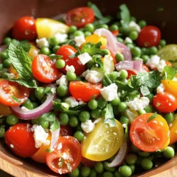 To make this bright and tasty salad, start with these key ingredients: - 2 cups fresh or frozen peas (thawed if frozen) - 1 cup cherry tomatoes, halved - 1/2 cup red bell pepper, diced - 1/4 cup red onion, finely chopped - 1/4 cup fresh mint leaves, chopped - 3 tablespoons olive oil - 2 tablespoons lemon juice - Salt and freshly ground black pepper, to taste These ingredients blend well. The peas bring sweetness, while the tomatoes add a fresh burst. The bell pepper and onion give crunch and flavor. Mint adds a hint of coolness that brightens the whole dish. You can change this salad to fit your taste. Here are some fun options: - 1/4 cup feta cheese, crumbled (for a creamy touch) - Other herbs like basil or parsley - A pinch of red pepper flakes for a kick - Avocado for creaminess - Nuts like almonds for extra crunch Feel free to mix and match. This lets you create a salad that suits your style and mood. You will need a few simple tools to make this salad: - A large mixing bowl for combining ingredients - A small bowl for whisking the dressing - A cutting board and knife for chopping - A whisk or fork for mixing the dressing - Measuring cups and spoons for accuracy Using the right tools makes cooking easier. You will enjoy the process and the results! For the full recipe, check out the detailed instructions. To start, you need to prepare the peas. If using fresh peas, blanch them first. Boil water in a pot and add the peas for two minutes. This helps keep their bright color and crisp taste. After boiling, quickly move them to an ice bath. This stops the cooking process. If you choose frozen peas, thaw them fully. Drain any extra water before using them. Next, grab a large mixing bowl. Add the prepared peas, cherry tomatoes, diced red bell pepper, finely chopped red onion, and fresh mint leaves. The colors will pop, making the salad look appealing. Gently mix these ingredients to combine their fresh flavors. If you like, you can add crumbled feta cheese at this point. It adds a nice creamy touch. For the dressing, take a small bowl and whisk together three tablespoons of olive oil and two tablespoons of lemon juice. This blend brings a zesty kick to the salad. Pour the dressing over the mixed salad ingredients. Toss everything gently to coat the salad evenly. Lastly, season with salt and freshly ground black pepper to taste. You can serve it right away or let it chill for thirty minutes. This waiting time helps the flavors blend nicely. Find the full recipe for more details. You can make this easy pea salad ahead of time. Prepare it up to a day in advance. Just follow the recipe steps, but do not add salt or feta yet. These two items can change the texture. Store the salad in an airtight container in the fridge. When ready to serve, add salt and feta for the best taste. To boost flavors, think about adding fresh herbs. Basil, cilantro, or dill all work well. You can also add a bit of garlic for a punch. If you want a sweet touch, add a drizzle of honey. For some heat, toss in a pinch of red pepper flakes. These small changes can make a big difference. Serve this salad chilled for a refreshing bite. It pairs well with grilled meats or fish. You can also serve it as a light lunch with pita bread. Add some crunchy snacks like chips for texture. For a fancy touch, serve in small cups at parties. This vibrant easy pea salad will impress your guests and brighten any table. You can find the full recipe above. {{image_2}} You can easily make this salad vegetarian. Swap the feta cheese for a dairy-free option. You can also add nuts for crunch. Try sunflower seeds or walnuts. They add texture and taste without meat. Want to add some protein? Grilled chicken or shrimp works well. You can also use chickpeas for a plant-based option. They mix well with the peas and add extra fiber. For a twist, try adding cooked quinoa. It boosts nutrition and keeps the salad light. Seasonal ingredients can freshen up your salad. In spring, add asparagus or radishes for a nice crunch. In summer, toss in diced cucumbers or zucchini. Fall brings sweetness, so try adding diced apples or pears. Each season gives you a new taste. For the full recipe, check out the vibrant Easy Pea Salad. To keep your Easy Pea Salad fresh, store it in an airtight container. This helps prevent air from making it soggy. Place it in the fridge as soon as you finish eating. If you make a large batch, separate it into smaller portions. This way, each serving stays fresh longer. You can also line the container with paper towels. This helps absorb extra moisture. When stored correctly, Easy Pea Salad lasts about three days in the fridge. After that, the veggies may lose their crunch. If you notice any bad smells or changes in color, it's best to throw it away. Always trust your senses! If the salad looks and smells good, it’s probably safe to eat. Reheating Easy Pea Salad is not needed. This dish is best served cold or at room temperature. If you prefer it warm, gently heat the peas before mixing. Make sure not to cook the other ingredients. This keeps the salad fresh and bright. Enjoy your salad the way you love it! Yes, you can use canned peas. They are soft and ready to eat. Just drain and rinse them before adding to your salad. Canned peas save time, but fresh or frozen peas taste better. They give your salad a nice crunch. To make this salad vegan, skip the feta cheese. You can add extra mint or some avocado for creaminess. Another option is to use a vegan cheese substitute. This keeps the salad tasty without dairy. If you don’t have feta, try crumbled goat cheese or a vegan cheese. You could also use nuts like walnuts for crunch. These options add flavor and texture to the salad. Feel free to mix and match based on what you like. For the full recipe, check the earlier section. In this blog post, we explored how to make an easy pea salad. We discussed its main and optional ingredients and recommended tools. I gave you clear steps for preparation, mixing the salad, and creating the dressing. We also shared tips for making ahead and enhancing flavors. Variations for vegetarian and protein options were provided. Finally, we covered proper storage techniques and answered common questions. This simple salad offers endless options and flavors. Enjoy creating your own version!