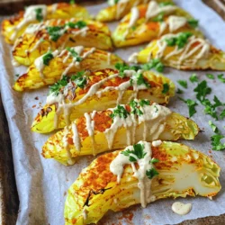 - 1 large green cabbage, cut into wedges - 3 tablespoons olive oil - 1 teaspoon smoked paprika - 1 teaspoon garlic powder - 1 teaspoon onion powder - ½ teaspoon cayenne pepper (adjust for heat) - Salt and pepper to taste - ½ cup tahini - 2 tablespoons lemon juice - 1 tablespoon maple syrup - Water (as needed for drizzling) - Fresh parsley, chopped (for garnish) To make crispy baked cabbage, you need fresh, vibrant ingredients. Start with a large green cabbage. Cut it into thick wedges for a hearty bite. You'll also need some olive oil to help the spices stick. The spice combination is key. Smoked paprika adds a warm flavor. Garlic powder and onion powder give depth. Cayenne pepper brings a kick of heat, but adjust it to your taste. Don’t forget salt and pepper for balance. For the tahini drizzle, gather tahini, lemon juice, and maple syrup. These ingredients mix to create a creamy, tangy sauce that pairs perfectly with the cabbage. Add water to achieve the right consistency. You want it smooth enough to drizzle but thick enough to hold its shape. Finally, fresh parsley adds color and a nice finish. With these ingredients, you can create a dish that is not only healthy but also bursting with flavor. Check out the Full Recipe for all the steps to bring this dish to life! 1. First, preheat your oven to 400°F (200°C). This heat helps the cabbage crisp up nicely. 2. Line a baking sheet with parchment paper. This step makes for easy clean-up later. 3. In a small bowl, mix together the olive oil, smoked paprika, garlic powder, onion powder, cayenne pepper, salt, and pepper. This spice mixture adds flavor and fun to the cabbage. 1. Take the cabbage wedges and place them on the baking sheet. 2. Brush each wedge with the spice mixture. Make sure each one is well coated for the best flavor. 3. Bake the cabbage for 25-30 minutes. Flip the wedges halfway through. This method helps them get crispy all around. 4. Look for golden edges and tender centers to know they are done. 1. For the tahini drizzle, gather the following ingredients: tahini, lemon juice, maple syrup, and water. 2. In a bowl, whisk these ingredients together until smooth. You want a pourable sauce, so add water as needed. 3. Taste the drizzle and add salt to your liking. This sauce adds creaminess and a tangy flavor to the dish. Enjoy this recipe for crispy spiced baked cabbage wedges with tahini drizzle. You will find the full recipe easy to follow and delicious to eat! To get crispy baked cabbage, start with the right oven temperature. I recommend 400°F (200°C). This helps the edges brown nicely. Flipping the wedges halfway through baking is key. It ensures all sides get even heat. If you want more crunch, bake them a little longer. Just watch closely to avoid burning. Adding extra spices makes the dish pop! I love using smoked paprika and cayenne pepper for heat. Try mixing in some cumin or coriander for a different flavor. You can also add lemon zest for a bright kick. For a touch of sweetness, drizzle a bit of honey. These small tweaks can change the whole dish! Serving your baked cabbage beautifully can impress anyone. Arrange the wedges on a nice platter. Drizzle the tahini sauce over them artfully. A sprinkle of fresh parsley adds color and freshness. You can even add a few lemon wedges on the side. This makes the dish look vibrant and inviting. Enjoy your crispy spiced baked cabbage wedges with tahini drizzle! For the full recipe, check back to create this delightful meal. {{image_2}} You can switch up your cabbage choice. Green cabbage is great, but you might try red cabbage or Savoy cabbage. Red cabbage adds vibrant color and a slightly sweet taste. Savoy cabbage has a tender texture and mild flavor. Both can work well in your baked dish. Experiment with these options for a new twist. Spices and drizzles can change your dish's taste. You can use curry powder for a warm, rich flavor. Consider adding cumin or coriander for a hint of earthiness. If you like heat, try adding chili flakes. For drizzles, tahini is excellent, but you can also use yogurt or ranch dressing. Each combination brings a new flavor, making every meal special. Baking is simple, but grilling cabbage brings a smoky taste. Cut wedges and brush with oil, then grill until tender. You can also sauté cabbage in a pan for a quick side dish. Steaming is another option, keeping cabbage soft and moist. Each method offers a different texture and flavor profile, so have fun exploring! For a complete experience, check out the Full Recipe for crispy spiced baked cabbage wedges with tahini drizzle. To keep your baked cabbage fresh, let it cool first. Place it in an airtight container. Store it in your fridge for up to three days. This helps keep the flavor and texture intact. If you want, you can also cover it tightly with plastic wrap. Avoid leaving it out at room temperature for long. Reheating cabbage slices can be tricky. You want to keep them crispy, not soggy. The best way is to use an oven or air fryer. Preheat your oven to 350°F (175°C). Place the cabbage on a baking sheet. Heat for about 10 minutes until warm. If you use an air fryer, set it to 350°F (175°C) and cook for about 5 minutes. Check often to prevent overcooking. Can baked cabbage be frozen? Yes, it can! However, it's best to freeze it before baking. Cut the cabbage into wedges and freeze them raw. Once frozen, transfer the wedges to a freezer bag. Use them within three months for the best taste. If you want to freeze baked cabbage, cool it first. Wrap it well to avoid freezer burn. When ready to eat, thaw in the fridge overnight, then reheat as mentioned above. Yes, you can use red cabbage instead of green. The taste is slightly different. Red cabbage is a bit sweeter and has a crunchier texture. The color also adds a nice pop to your dish. Both types of cabbage are healthy and tasty. If you want a colorful meal, red cabbage is a great choice. Baked cabbage is packed with nutrients. It is low in calories and high in fiber. This means it can help with digestion. Cabbage is rich in vitamins C and K, which boost your immune system. It also contains antioxidants that fight free radicals in your body. Eating cabbage can support heart health and may lower the risk of certain cancers. You can enjoy it guilt-free, knowing it's good for you. To tell if your cabbage is done, look for a few signs. First, the edges should be crispy and brown. Second, the center should feel tender when you poke it with a fork. Usually, baking takes about 25-30 minutes at 400°F. Don’t forget to flip the wedges halfway through for even baking. This ensures every bite is delicious. For the best results, follow the full recipe. Baked cabbage is a tasty and healthy dish. We covered ingredients and how to make it. You learned to bake cabbage for crispiness and flavor. I also shared storage tips and variations you can try. Experimenting with different spices and types of cabbage keeps it fresh. This dish is simple yet fun to prepare. Enjoy your baked cabbage as a side or snack. Make it your own, and share with friends! Your cooking skills will shine. Happy baking!