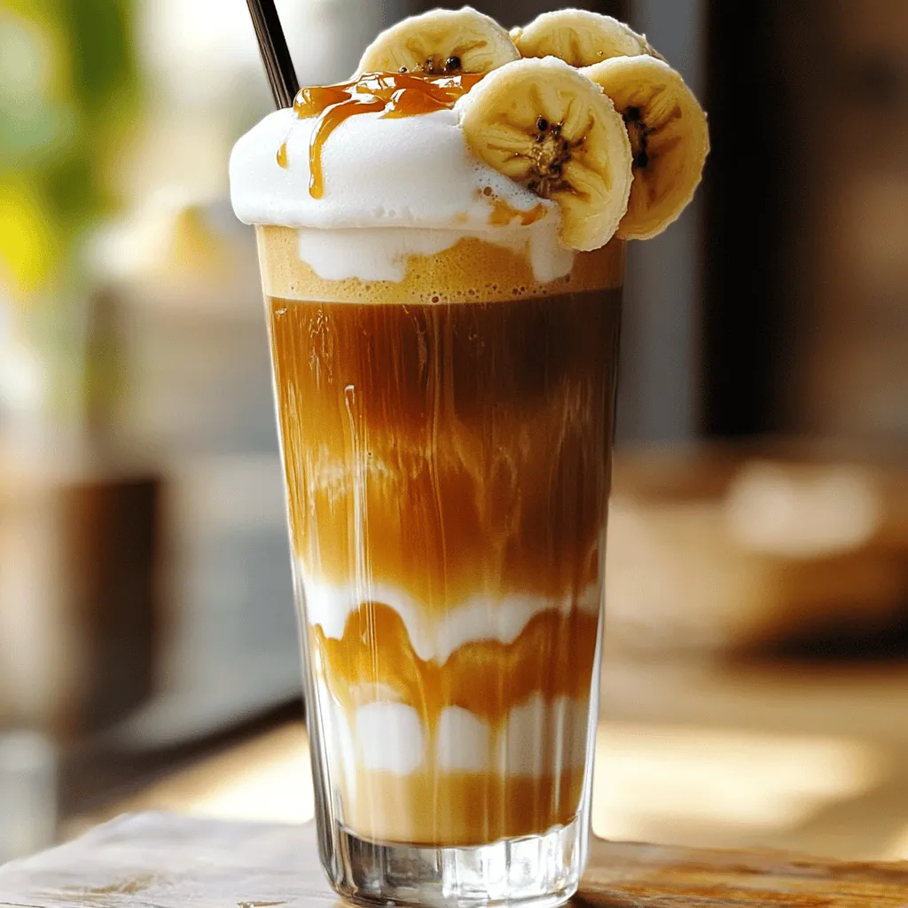 - 2 ripe bananas - 1 cup brewed coffee, cooled - 1 cup milk (dairy or non-dairy) - 2 tablespoons brown sugar - 1 tablespoon butter - 1 teaspoon vanilla extract - 1 tablespoon whipped cream (optional) - Additional banana slices - Caramel sauce for drizzle To whip up a Caramelized Banana Cold Foam Frappe, you'll need some basic fresh ingredients. Bananas are key. Use ripe ones for the best taste. Brewed coffee adds depth, while milk gives it creaminess. Sweetness comes from brown sugar, which pairs well with bananas. Butter helps caramelize the fruit, making it rich and sweet. Vanilla extract adds warmth and flavor. For garnishes, whipped cream is nice but optional. Banana slices add a charming touch, and caramel sauce elevates the drink to dessert status. This simple list covers all you need for a tasty treat. Check out the full recipe for detailed steps! To begin, you need to caramelize the bananas. Start by taking two ripe bananas and slicing them into small pieces. Heat a skillet over medium heat and add one tablespoon of butter. Once the butter melts, add the banana slices. Sprinkle two tablespoons of brown sugar over the bananas. Cook them for about 3 to 4 minutes. Stir gently to avoid breaking the bananas. You want them soft and golden. Once caramelized, remove them from the heat and let them cool slightly. Next, it’s time to blend the frappe. In your blender, combine the cooled brewed coffee, one cup of milk, one cup of ice cubes, and the caramelized bananas. Don’t forget to save a few banana slices for later. Add a teaspoon of vanilla extract for extra flavor. Blend everything until it’s smooth and frothy. Make sure the coffee is cooled; hot coffee may melt the ice and make the drink too thin. Now, let’s prepare the cold foam. In a small bowl, take the remaining milk and use a hand frother or a whisk. Beat the milk until it becomes light and airy. This foam should be creamy and fluffy. If you do not have a frother, you can shake the milk in a jar until frothy. The goal is to create a nice, airy layer for your frappe. It’s time to assemble your frappe! Pour the blended frappe mixture into a tall glass, leaving some space at the top. Gently spoon the cold foam on top of the drink. This way, you create layers. For an attractive presentation, add a few slices of the reserved caramelized banana on top of the foam. You can also drizzle some caramel sauce for an extra delight. Presentation matters here, so serve it with a straw and perhaps a few banana slices on the side. For the full recipe, check out the details in the previous sections. Enjoy your delicious Caramelized Banana Cold Foam Frappe! To make perfect caramelized bananas, watch the heat. Use medium heat to melt the butter. If the heat is too high, the sugar can burn quickly. Stir gently as the bananas cook. Choose ripe bananas with brown spots. They add great flavor and sweetness. When blending the frappe, use a high-speed blender. Set it to a smoothie or high setting. Blend until smooth and frothy. Adjust thickness by adding more ice for a thicker drink or more milk for a thinner one. You can froth milk in different ways. A jar shake works well if you don't have a frother. Just fill a jar with milk and shake it until it froths. For flavor, try adding a scoop of cocoa powder or a dash of cinnamon to the foam. These add a nice twist to your drink. For the Full Recipe, refer to the ingredients and instructions provided earlier. {{image_2}} You can change the flavor of your Caramelized Banana Cold Foam Frappe in fun ways. Adding cocoa powder gives it a mocha twist. Just mix in one to two tablespoons when blending. This adds a rich chocolate taste that pairs well with the banana. You can also try adding spices. A sprinkle of cinnamon or nutmeg can bring warmth to your drink. These spices enhance the banana's sweetness. They make your frappe even more comforting and delicious. If you want a dairy-free frappe, there are many great milk alternatives. Almond milk, oat milk, or coconut milk work well. Each type adds its own flavor. Choose what you like most to make it your own. For whipped toppings, look for vegan options. Many brands now offer plant-based whipped cream. They taste great and are easy to find in stores. Not everyone likes their drinks super sweet. You can reduce the sugar in this recipe for a healthier option. Try using just one tablespoon of brown sugar instead of two. This lets the banana’s natural sweetness shine through. You can also use natural sweeteners. Honey or agave syrup are great choices. These can add sweetness without refined sugar. Just remember to adjust the amount to match your taste. For the full recipe, check out the [Full Recipe]. To keep your frappe fresh, store it in a sealed jar. This helps keep out air and moisture. The best place is in the fridge. You can enjoy it for up to two days. After that, the taste may change. If you have leftover caramelized bananas, don’t toss them! You can save them for later. Place them in an airtight container. They can last in the fridge for about three days. For long-term storage, freeze them. Just lay them flat on a baking sheet first, then transfer to a bag. This keeps them from sticking together. You can prepare parts of the frappe in advance. Caramelize your bananas a day ahead. Just store them in the fridge. For the cold foam, you can froth the milk before serving. Keep it in a sealed container. Always check for freshness before using any stored items. A Caramelized Banana Cold Foam Frappe is a sweet drink made with coffee, bananas, and cold foam. The key components include: - Caramelized bananas, which add a rich, sweet flavor. - Brewed coffee, providing a nice caffeine kick. - Milk, making the drink creamy. - Ice cubes, for a refreshing cold texture. - Cold foam, which adds a light, airy topping. This drink is a twist on a classic frappe. It combines the goodness of bananas with the joy of coffee. Yes, you can make a delicious caffeine-free version. Simply replace the coffee with: - Milk or a non-dairy milk. - A banana smoothie base, blending bananas with milk and ice. - Herbal tea, like chamomile or chai, for a unique flavor. These options keep your frappe creamy and enjoyable without caffeine. The whole process takes about 20 minutes. Here’s how it breaks down: - Prep Time: 10 minutes for caramelizing bananas and measuring ingredients. - Cooking Time: 3-4 minutes for caramelization. - Blending Time: 2-3 minutes to mix everything until smooth. You’ll have a tasty beverage ready in no time! You can use frozen bananas! Here are the pros and cons: Pros: - Frozen bananas add a thick, creamy texture to the frappe. - They can be more convenient if you have ripe bananas stored. Cons: - Frozen bananas may alter the taste slightly, making it less sweet. - They may not caramelize as well as fresh bananas. Choose based on what you have handy! A high-speed blender works best for this recipe. Here’s why: - It blends the ingredients quickly and smoothly, creating a frothy texture. - It handles ice well, breaking it down for a creamy frappe. If you have a regular blender, you can still make it work. Just blend in smaller batches and blend longer to get a smooth consistency. For the best results, check the power of your blender before starting. In this post, we explored how to make a caramelized banana cold foam frappe. We covered fresh ingredients, blending techniques, and tips for perfect foam. You can customize the frappe with flavors and store leftovers easily. Enjoy experimenting with this drink at home. Making this frappe will impress friends and family. Try it today and savor each sip.