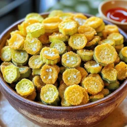 To make fried okra, you need a few simple ingredients. Here’s what you will need: - 1 pound fresh okra, sliced into ½-inch rounds - 1 cup buttermilk - 1 cup cornmeal - 1/2 cup all-purpose flour - 1 teaspoon garlic powder - 1 teaspoon paprika - 1/2 teaspoon cayenne pepper (or to taste) - Salt and pepper to taste - Vegetable oil for frying These ingredients come together to create a crispy and tasty treat. Fresh okra gives the best flavor. Buttermilk helps the coating stick well. The cornmeal adds crunch. The spices bring out the taste. You can adjust the cayenne pepper to make it as spicy as you like. When you gather your ingredients, use fresh okra for the best results. You can find it at local markets or grocery stores. Make sure your oil is suitable for frying, like vegetable oil. This oil will give your fried okra a nice, crispy texture. Now that you have your ingredients ready, let's move on to the cooking process. If you want detailed steps, check out the Full Recipe for the complete guide. First, you need to soak the okra in buttermilk for 30 minutes. This step is key. It helps the coating stick better. The buttermilk adds flavor and keeps the okra moist. You can use a bowl that fits all the sliced okra. While the okra soaks, you can make the coating. In a bowl, mix cornmeal, flour, garlic powder, paprika, cayenne pepper, salt, and pepper. Stir well to blend all the spices. This coating gives the fried okra its crunchy texture and great taste. Next, heat about 1 inch of vegetable oil in a large skillet. Aim for a temperature of 350°F (175°C). While the oil heats, take the okra out of the buttermilk. Let any extra buttermilk drip off. Dredge each piece of okra in the coating mixture. Make sure each piece is fully covered. Shake off any extra coating. Now, carefully place the coated okra in the hot oil, but do not overcrowd the skillet. Fry in small batches for 3-4 minutes. Watch for them to turn golden brown and crispy. Use a slotted spoon to take the fried okra out. Place them on a plate lined with paper towels. This helps remove excess oil. Continue this process until all the okra is cooked. You will end up with a crispy and delicious treat that everyone will love. For the full recipe, check out the earlier section. To make your fried okra perfectly crispy, oil temperature is key. Heat your oil to 350°F (175°C). This hot oil cooks the okra fast, giving it a crunchy texture. If the oil is too cool, the okra will absorb more oil and get soggy. Do not overcrowd the skillet. Fry in batches to allow each piece enough space. If too many pieces go in at once, they will steam instead of fry. This will ruin the crispiness you want. You can customize the spice levels to your taste. If you like it hot, add more cayenne pepper. For a milder flavor, reduce the amount. Try different herbs and spices, too. A sprinkle of oregano or thyme can add a nice touch. You might also enjoy a dash of smoked paprika for a deeper flavor. Feel free to experiment! Serve your crispy fried okra in a rustic bowl for a homey feel. A pinch of sea salt on top enhances the taste. Pair it with a spicy dipping sauce, like sriracha or ranch dressing. This makes your dish even more appealing. For a colorful twist, add some fresh herbs as a garnish. For the full recipe, make sure to check out the details I provided earlier. {{image_2}} You can switch up the coating for fried okra to create fun textures. One great option is to use panko breadcrumbs. They give a nice, extra crunch that many love. Just mix them in with the cornmeal before coating your okra. For those needing gluten-free recipes, chickpea flour is a fantastic option. It binds well and adds a unique flavor. Simply replace the all-purpose flour with chickpea flour in your mixture. Adding cheese or herbs to your coating can make fried okra even tastier. Try mixing in some grated parmesan or cheddar cheese to the cornmeal. It will melt and create a delightful crust. Fresh herbs like thyme or oregano also add a fresh twist. You can also play with spices for a varied taste. Try adding cumin for a warm flavor or curry powder for a hint of spice. These simple changes can make your fried okra stand out. For the full recipe, check the earlier section. To keep your fried okra fresh, start by letting it cool. Place it in an airtight container. Refrigerate your leftover okra within two hours for best results. It should stay good for about three days. When you want to eat it again, avoid stacking the pieces. This helps keep them crispy. If you want to store it long-term, freezing is a great option. First, let the fried okra cool completely. Then, spread the pieces on a baking sheet in a single layer. Freeze them for about an hour. Once frozen, transfer the okra to a freezer bag. It can last for up to six months in the freezer. When it’s time to enjoy your leftover okra, reheating it can be tricky. The oven is the best method. Preheat your oven to 400°F (200°C). Spread the okra in a single layer on a baking sheet. Heat for about 10-15 minutes. This will help restore its crispiness. Using a microwave is faster, but it can make the okra soft. If you use the microwave, place the okra on a microwave-safe plate. Heat in short bursts of 30 seconds. Check to ensure it’s warm throughout, but be careful not to overcook it. For the best flavor, I always recommend the oven. Yes, you can use an air fryer for fried okra. It makes the dish healthier and still tasty. Here are some tips: - Preheat your air fryer to 400°F (200°C) for even cooking. - Use a light spray of oil on the okra. This helps it crisp up. - Arrange the okra in a single layer in the basket. Avoid stacking to ensure even cooking. - Cook for 10-12 minutes, shaking the basket halfway through for even browning. Fried okra pairs well with many dishes. Here are some great side options: - Cornbread: A classic Southern side that complements the okra’s crunch. - Coleslaw: The cool, creamy texture contrasts nicely with the hot okra. - Fried chicken: A hearty main that satisfies alongside crispy okra. - Dipping sauces: Ranch dressing or spicy remoulade add extra flavor. You can tell when okra is ready by these signs: - Golden brown color: It should have a lovely, crispy hue. - Crunchy texture: When you bite into it, it should crunch. - Cooking time: Frying for 3-4 minutes per batch usually ensures perfect results. For the full recipe, check out the Crispy Southern Fried Okra. Enjoy your cooking! Fried okra is a tasty treat you can make with simple ingredients. We reviewed key steps like soaking, coating, and frying okra for crispy results. You learned tips for seasoning and storing leftovers, plus fun variations for extra crunch and flavor. In the end, fried okra is easy and versatile. You can enjoy it as a snack or side dish. Have fun experimenting and sharing this dish with friends!