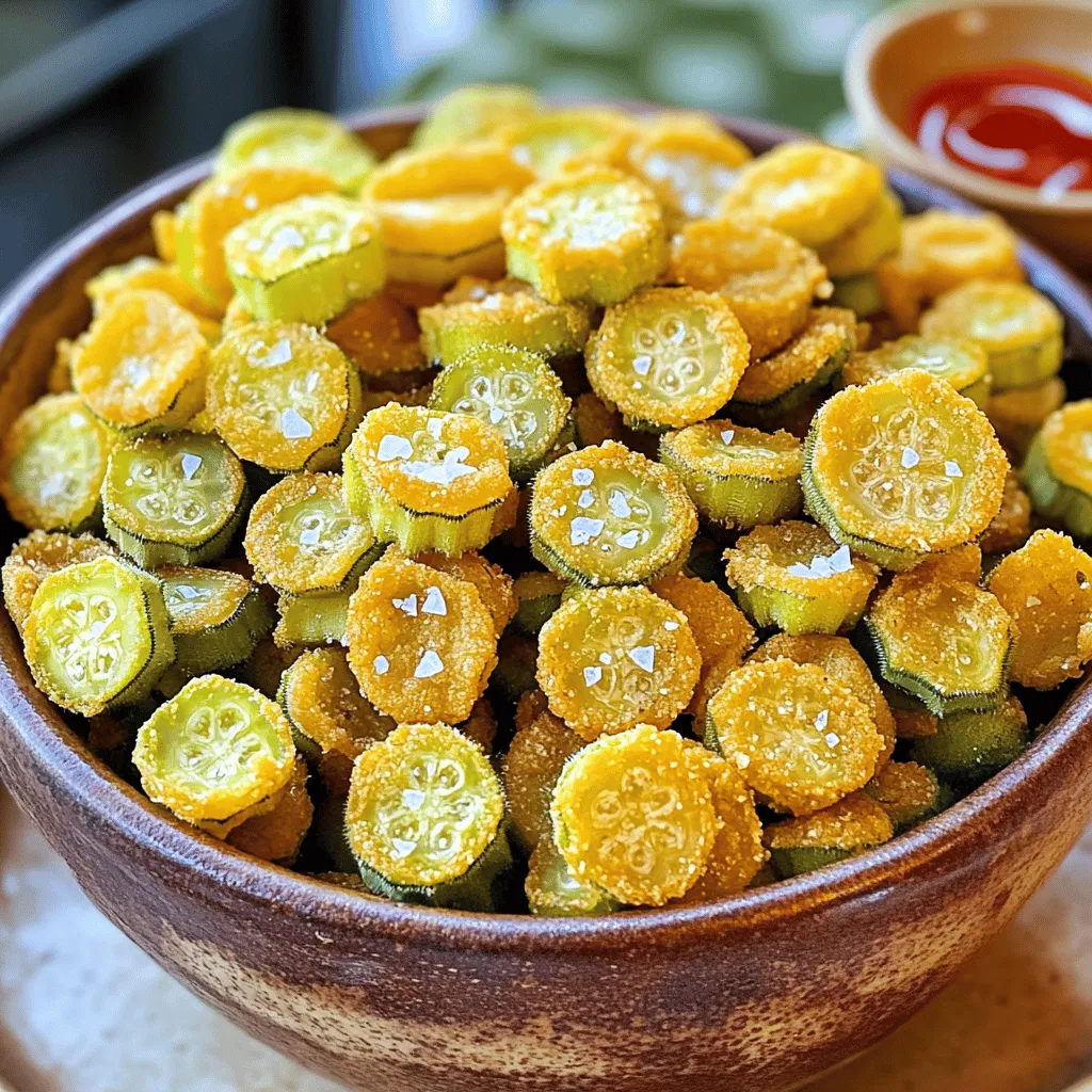 To make fried okra, you need a few simple ingredients. Here’s what you will need: - 1 pound fresh okra, sliced into ½-inch rounds - 1 cup buttermilk - 1 cup cornmeal - 1/2 cup all-purpose flour - 1 teaspoon garlic powder - 1 teaspoon paprika - 1/2 teaspoon cayenne pepper (or to taste) - Salt and pepper to taste - Vegetable oil for frying These ingredients come together to create a crispy and tasty treat. Fresh okra gives the best flavor. Buttermilk helps the coating stick well. The cornmeal adds crunch. The spices bring out the taste. You can adjust the cayenne pepper to make it as spicy as you like. When you gather your ingredients, use fresh okra for the best results. You can find it at local markets or grocery stores. Make sure your oil is suitable for frying, like vegetable oil. This oil will give your fried okra a nice, crispy texture. Now that you have your ingredients ready, let's move on to the cooking process. If you want detailed steps, check out the Full Recipe for the complete guide. First, you need to soak the okra in buttermilk for 30 minutes. This step is key. It helps the coating stick better. The buttermilk adds flavor and keeps the okra moist. You can use a bowl that fits all the sliced okra. While the okra soaks, you can make the coating. In a bowl, mix cornmeal, flour, garlic powder, paprika, cayenne pepper, salt, and pepper. Stir well to blend all the spices. This coating gives the fried okra its crunchy texture and great taste. Next, heat about 1 inch of vegetable oil in a large skillet. Aim for a temperature of 350°F (175°C). While the oil heats, take the okra out of the buttermilk. Let any extra buttermilk drip off. Dredge each piece of okra in the coating mixture. Make sure each piece is fully covered. Shake off any extra coating. Now, carefully place the coated okra in the hot oil, but do not overcrowd the skillet. Fry in small batches for 3-4 minutes. Watch for them to turn golden brown and crispy. Use a slotted spoon to take the fried okra out. Place them on a plate lined with paper towels. This helps remove excess oil. Continue this process until all the okra is cooked. You will end up with a crispy and delicious treat that everyone will love. For the full recipe, check out the earlier section. To make your fried okra perfectly crispy, oil temperature is key. Heat your oil to 350°F (175°C). This hot oil cooks the okra fast, giving it a crunchy texture. If the oil is too cool, the okra will absorb more oil and get soggy. Do not overcrowd the skillet. Fry in batches to allow each piece enough space. If too many pieces go in at once, they will steam instead of fry. This will ruin the crispiness you want. You can customize the spice levels to your taste. If you like it hot, add more cayenne pepper. For a milder flavor, reduce the amount. Try different herbs and spices, too. A sprinkle of oregano or thyme can add a nice touch. You might also enjoy a dash of smoked paprika for a deeper flavor. Feel free to experiment! Serve your crispy fried okra in a rustic bowl for a homey feel. A pinch of sea salt on top enhances the taste. Pair it with a spicy dipping sauce, like sriracha or ranch dressing. This makes your dish even more appealing. For a colorful twist, add some fresh herbs as a garnish. For the full recipe, make sure to check out the details I provided earlier. {{image_2}} You can switch up the coating for fried okra to create fun textures. One great option is to use panko breadcrumbs. They give a nice, extra crunch that many love. Just mix them in with the cornmeal before coating your okra. For those needing gluten-free recipes, chickpea flour is a fantastic option. It binds well and adds a unique flavor. Simply replace the all-purpose flour with chickpea flour in your mixture. Adding cheese or herbs to your coating can make fried okra even tastier. Try mixing in some grated parmesan or cheddar cheese to the cornmeal. It will melt and create a delightful crust. Fresh herbs like thyme or oregano also add a fresh twist. You can also play with spices for a varied taste. Try adding cumin for a warm flavor or curry powder for a hint of spice. These simple changes can make your fried okra stand out. For the full recipe, check the earlier section. To keep your fried okra fresh, start by letting it cool. Place it in an airtight container. Refrigerate your leftover okra within two hours for best results. It should stay good for about three days. When you want to eat it again, avoid stacking the pieces. This helps keep them crispy. If you want to store it long-term, freezing is a great option. First, let the fried okra cool completely. Then, spread the pieces on a baking sheet in a single layer. Freeze them for about an hour. Once frozen, transfer the okra to a freezer bag. It can last for up to six months in the freezer. When it’s time to enjoy your leftover okra, reheating it can be tricky. The oven is the best method. Preheat your oven to 400°F (200°C). Spread the okra in a single layer on a baking sheet. Heat for about 10-15 minutes. This will help restore its crispiness. Using a microwave is faster, but it can make the okra soft. If you use the microwave, place the okra on a microwave-safe plate. Heat in short bursts of 30 seconds. Check to ensure it’s warm throughout, but be careful not to overcook it. For the best flavor, I always recommend the oven. Yes, you can use an air fryer for fried okra. It makes the dish healthier and still tasty. Here are some tips: - Preheat your air fryer to 400°F (200°C) for even cooking. - Use a light spray of oil on the okra. This helps it crisp up. - Arrange the okra in a single layer in the basket. Avoid stacking to ensure even cooking. - Cook for 10-12 minutes, shaking the basket halfway through for even browning. Fried okra pairs well with many dishes. Here are some great side options: - Cornbread: A classic Southern side that complements the okra’s crunch. - Coleslaw: The cool, creamy texture contrasts nicely with the hot okra. - Fried chicken: A hearty main that satisfies alongside crispy okra. - Dipping sauces: Ranch dressing or spicy remoulade add extra flavor. You can tell when okra is ready by these signs: - Golden brown color: It should have a lovely, crispy hue. - Crunchy texture: When you bite into it, it should crunch. - Cooking time: Frying for 3-4 minutes per batch usually ensures perfect results. For the full recipe, check out the Crispy Southern Fried Okra. Enjoy your cooking! Fried okra is a tasty treat you can make with simple ingredients. We reviewed key steps like soaking, coating, and frying okra for crispy results. You learned tips for seasoning and storing leftovers, plus fun variations for extra crunch and flavor. In the end, fried okra is easy and versatile. You can enjoy it as a snack or side dish. Have fun experimenting and sharing this dish with friends!