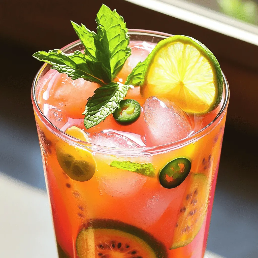 - 2 ripe guavas, peeled and cubed - 1/2 cup fresh lime juice (about 4-5 limes) - 1/4 cup honey or agave syrup The main ingredients give this drink its bright, sweet, and tangy flavor. Guavas bring a unique taste and smooth texture. Fresh lime juice adds a zesty kick. Honey or agave syrup sweetens the drink naturally. You can adjust the sweetness to your liking! - 1-2 small jalapeño peppers, sliced - Fresh mint leaves for garnish - Ice cubes The optional ingredients add extra flair! Jalapeños bring heat and depth. Mint leaves brighten the look and taste. Ice cubes chill your drink, making it refreshing. - Alternative sweeteners (agave, maple syrup) - Non-spicy options (omit jalapeños) You can swap out honey for other sweeteners. Maple syrup works well if you prefer. If you want a milder drink, just leave out the jalapeños. This drink is flexible, so feel free to make it your own! For the full recipe, check the detailed steps to make this refreshing drink. First, gather your ingredients. You will need 2 ripe guavas, fresh lime juice, and honey. Start by peeling and cubing the guavas. Then, place the cubed guavas into a blender. Add 1/2 cup of fresh lime juice and 1/4 cup of honey or agave syrup. Blend this mixture until it is smooth. Next, strain the blended mix through a fine mesh sieve into a large pitcher. This step removes any pulp and seeds. Use a spatula to push the liquid through easily. This gives you a smooth and refreshing base for your drink. Now, it’s time to add the heat! Slice 1-2 small jalapeño peppers, removing the seeds if you want less spice. Add these slices into the pitcher with the guava mix. Stir well to combine the flavors. For a stronger kick, let the jalapeño infuse for about 30 minutes. After the jalapeño has infused, dilute the mixture with 4 cups of water. This brings balance and lightens the drink. Check the sweetness and adjust if needed by adding more honey or agave. For the best presentation, serve your Spicy Guava Limeade over ice cubes in individual glasses. Garnish with fresh mint leaves and a slice of lime on the rim. This makes it look vibrant and inviting. Use tall glasses or mason jars for a fun touch. You can also serve this drink at parties for a refreshing treat. Enjoy the mix of spicy and sweet flavors in every sip! To make the best Spicy Guava Limeade, adjust the sweetness to your taste. You can start with the 1/4 cup of honey or agave syrup. After tasting, add more if needed. The balance of sweet and tangy is key. Next, balance the spice with lime. The lime juice adds acidity. If the drink feels too spicy, add more lime juice. It will help cut the heat and enhance the flavor. Use chilled ingredients for a refreshing drink. Chill the guavas, lime juice, and water. This keeps the drink cool and crisp without too much ice. If you plan to serve a crowd, make a big batch. Just multiply the recipe. You can prepare it in advance and store it in the fridge. This way, it’s ready when you are. Guava and lime both have great health benefits. Guava is rich in vitamins A and C. It also has fiber, which is good for digestion. Lime adds antioxidants that help your body. This drink is very hydrating. The combination of water, guava, and lime keeps you refreshed. It’s perfect for hot days or after exercise. Enjoy this tasty drink while staying healthy! {{image_2}} You can change the taste of your Spicy Guava Limeade easily. Adding other fruits like mango or pineapple can give it a tropical twist. Just blend them with the guava. You can also try different herbs. Basil adds a sweet touch, while cilantro gives a fresh kick. These small changes can make a big difference, so feel free to experiment. Not everyone loves heat, so you can adjust the spice level. For a milder drink, use less jalapeño. You can even skip it altogether if you want. If you want more heat, add more jalapeños. Let them sit longer in the drink to get a stronger flavor. This way, you can make it just right for your taste buds. Want to turn your Spicy Guava Limeade into a fun cocktail? You can easily do this! Add a splash of vodka or rum for a refreshing twist. Tequila also works well with guava’s sweet taste. Mix in your favorite spirit along with the guava and lime. This makes a great drink for parties or warm days. For the full recipe, check out the main section! To keep your Spicy Guava Limeade fresh, store it in the fridge. Use a sealed container or pitcher to keep out air and light. This drink stays tasty for about three days. After that, the flavor will start to fade. You can freeze Spicy Guava Limeade for later use. Pour the drink into ice cube trays or freezer-safe containers. Leave some space to allow for expansion. When you want to enjoy it, thaw in the fridge overnight. For a quick thaw, run the container under warm water. Check for spoilage before drinking. If it smells off or has strange colors, toss it. Use fresh ingredients for the best taste. Store ripe guavas in the fridge for up to three days, and keep limes in a cool, dry place. Always wash your fruits before use to remove dirt and germs. Spicy Guava Limeade has a bright and zesty flavor. You taste the sweet guava and tangy lime first. The jalapeño adds a warm kick that makes it exciting. This drink is refreshing and vibrant, perfect for hot days. Yes, you can make it ahead! Prepare the drink and store it in the fridge. Just keep the jalapeño out until you are ready to serve. This helps control the spice level. Serve it cold over ice for the best flavor. Yes, this drink is vegan! It uses guavas, lime juice, and sweeteners like honey or agave syrup. If you want to keep it vegan, choose agave syrup instead of honey. Always check your sweeteners to be sure. You can find this drink in some cafes and restaurants. Look for places that focus on fresh juices or tropical drinks. You might also find it at farmers’ markets during summer months. It’s a fun way to try new flavors! When stored properly, it can last up to three days in the fridge. Keep it in a sealed container to maintain the taste. If it starts to smell off or changes color, it’s best to toss it. Enjoy your drink fresh for the best experience! Spicy Guava Limeade is a refreshing drink packed with flavor. We covered key ingredients, like ripe guavas and lime, and explored optional jalapeños for heat. You learned to prepare and serve it perfectly, while balancing sweetness and spice. Remember, you can customize the drink to fit your taste. Whether you choose to make a cocktail or a family-friendly version, this drink is sure to please. Enjoy experimenting and sharing this unique beverage with friends and family!
