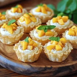 To make Mini Peach Cream Cheese Tarts, you need a few simple ingredients. These ingredients create a tasty and easy dessert. Here’s what you need: - 1 package of pre-made phyllo pastry cups (15 cups) - 8 oz cream cheese, softened - 1/4 cup powdered sugar - 1 teaspoon vanilla extract - 2 ripe peaches, peeled and diced - 1 tablespoon fresh lemon juice - 1/2 teaspoon cinnamon - Fresh mint leaves for garnish These ingredients work together to create a creamy filling with a sweet peach topping. The phyllo cups add a nice crunch. The cream cheese blends well with the peaches, making each bite a delight. You can find the full recipe at the end of this article. Enjoy making these tarts for a fun treat! Set your oven to 350°F (175°C). This warm-up is key for crisping the phyllo cups. It only takes about 10 minutes to reach the right heat. Place the phyllo pastry cups on a baking sheet. Toast them in the oven for 5 minutes. Watch them closely; you want them golden and crisp. Cool them completely before filling. In a medium bowl, combine 8 oz of softened cream cheese, 1/4 cup of powdered sugar, and 1 teaspoon of vanilla extract. Use a hand mixer or whisk to beat until the mix is smooth and creamy. This blend gives the tarts their rich base. Take 2 ripe peaches, peel and dice them. In a separate bowl, toss the diced peaches with 1 tablespoon of fresh lemon juice and 1/2 teaspoon of cinnamon. This step adds a bright flavor and keeps the peaches fresh. Once the phyllo cups have cooled, fill each cup with the cream cheese mixture. Aim to fill them about 3/4 full. Next, spoon the peach mixture on top of the cream cheese. This layering makes each bite a delight. Place the assembled tarts in the fridge for about 15 minutes. Chilling helps the flavors meld together and makes them refreshing. After chilling, they are ready to enjoy! For the full recipe, refer back to the instructions above. To make your cream cheese mixture just right, start with softened cream cheese. This helps it blend smoothly. I mix in powdered sugar for sweetness. Adding vanilla extract gives it a warm flavor. Use a hand mixer or whisk until the texture is creamy and fluffy. If you want a tangy twist, try adding a bit of lemon zest. This will brighten the taste and make it pop. You can prepare these tarts in advance. Make the cream cheese mixture the day before. Store it in the fridge in an airtight container. You can also dice the peaches ahead. Just toss them with lemon juice to keep them fresh. Do not fill the phyllo cups until just before serving. This keeps the cups crisp and delicious. These mini peach cream cheese tarts shine with fresh flavors. Pair them with a scoop of vanilla ice cream for a treat. You can also serve them with a drizzle of honey for added sweetness. A sprinkle of chopped nuts adds a nice crunch. For a refreshing twist, serve with iced tea or lemonade. Enjoy experimenting with different pairings to find your favorite! {{image_2}} You can change up the fruits in these tarts based on what’s in season. Try ripe strawberries, juicy blueberries, or sweet cherries. Each fruit will bring its own flavor to the tarts. For a tropical twist, consider using diced mango or pineapple. They all pair well with cream cheese. Just remember to adjust the sugar if the fruit is sweeter or less sweet than peaches. To make these tarts dairy-free, swap the cream cheese for a dairy-free cream cheese. Many brands offer great options. You can also use coconut cream for a rich and creamy taste. Just make sure it's cold and whipped until smooth. This way, you stay true to the creamy texture without using dairy. You can add more flavor to the cream cheese mix to make it pop. Here are some fun ideas: - Add a bit of almond extract for a nutty hint. - Mix in lemon or orange zest for a citrus kick. - You can even stir in a spoonful of honey or maple syrup for added sweetness. These flavors will take your tarts to a whole new level. Enjoy experimenting with your favorite tastes! For the complete instructions, check the Full Recipe. To keep leftover mini peach cream cheese tarts fresh, store them in an airtight container. Make sure to place parchment paper between layers to avoid sticking. Store them in the fridge for the best taste and texture. The cold helps maintain the cream cheese's creamy nature. Avoid leaving them at room temperature for long. This will help keep the flavors bright and the crust crispy. You can freeze these tarts for longer storage. Start by placing them on a baking sheet in a single layer. Freeze until solid, then transfer them to a freezer-safe bag. Make sure to squeeze out any air. When you want to enjoy them, thaw in the fridge overnight. Reheat them in the oven at 350°F (175°C) for about 10 minutes for a warm treat. In the fridge, these tarts will last about 3 to 5 days. The cream cheese and peaches stay fresh during this time. After that, the quality may drop. If you notice any changes in smell or texture, it’s best to discard them. Enjoy them while they’re fresh for the best experience. For the full recipe, refer back to the earlier section. Yes, you can use fresh peaches. Fresh peaches add bright flavor and texture. Make sure they are ripe but firm. If you choose canned peaches, drain them well to avoid soggy tarts. Both options work, but fresh peaches shine in taste. Mini peach cream cheese tarts last about three days in the fridge. Store them in an airtight container to keep them fresh. The cream cheese filling stays creamy, while the peaches remain flavorful. Enjoy them while they are still at their best! Absolutely! You can use tart shells or puff pastry instead of phyllo cups. Both options give a unique texture and taste. Just adjust the baking time to ensure they are cooked through. Choose what you like best for your tarts. To prevent the cream cheese from being overly sweet, reduce the powdered sugar. You can also add a pinch of salt to balance the flavor. Tasting the mixture while mixing helps you find the right sweetness. Adjust to your liking for the perfect bite. Serve these tarts chilled for a refreshing treat. Arrange them on a platter for a beautiful display. You can garnish with extra mint leaves for color. These mini tarts are great for parties or family desserts. They will impress your guests! For the complete instructions, check the Full Recipe. It provides detailed steps to create these delightful mini peach cream cheese tarts. These mini peach cream cheese tarts are easy and fun to make. We covered all the necessary ingredients and step-by-step instructions. You learned how to prepare and serve them with tips to elevate your dessert. Don’t forget about variations or storage options to keep them fresh. With this guide, you can impress your friends and family with a delicious treat. Enjoy your baking!