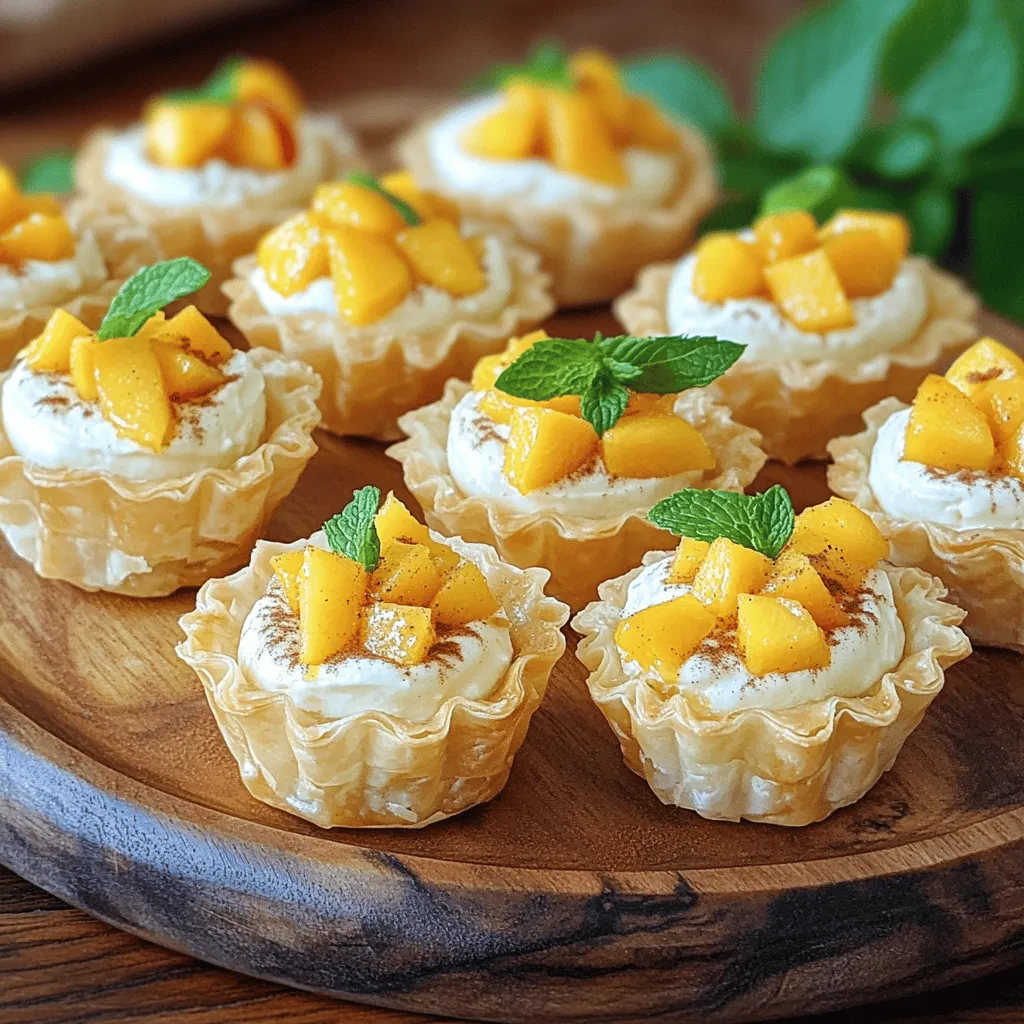 To make Mini Peach Cream Cheese Tarts, you need a few simple ingredients. These ingredients create a tasty and easy dessert. Here’s what you need: - 1 package of pre-made phyllo pastry cups (15 cups) - 8 oz cream cheese, softened - 1/4 cup powdered sugar - 1 teaspoon vanilla extract - 2 ripe peaches, peeled and diced - 1 tablespoon fresh lemon juice - 1/2 teaspoon cinnamon - Fresh mint leaves for garnish These ingredients work together to create a creamy filling with a sweet peach topping. The phyllo cups add a nice crunch. The cream cheese blends well with the peaches, making each bite a delight. You can find the full recipe at the end of this article. Enjoy making these tarts for a fun treat! Set your oven to 350°F (175°C). This warm-up is key for crisping the phyllo cups. It only takes about 10 minutes to reach the right heat. Place the phyllo pastry cups on a baking sheet. Toast them in the oven for 5 minutes. Watch them closely; you want them golden and crisp. Cool them completely before filling. In a medium bowl, combine 8 oz of softened cream cheese, 1/4 cup of powdered sugar, and 1 teaspoon of vanilla extract. Use a hand mixer or whisk to beat until the mix is smooth and creamy. This blend gives the tarts their rich base. Take 2 ripe peaches, peel and dice them. In a separate bowl, toss the diced peaches with 1 tablespoon of fresh lemon juice and 1/2 teaspoon of cinnamon. This step adds a bright flavor and keeps the peaches fresh. Once the phyllo cups have cooled, fill each cup with the cream cheese mixture. Aim to fill them about 3/4 full. Next, spoon the peach mixture on top of the cream cheese. This layering makes each bite a delight. Place the assembled tarts in the fridge for about 15 minutes. Chilling helps the flavors meld together and makes them refreshing. After chilling, they are ready to enjoy! For the full recipe, refer back to the instructions above. To make your cream cheese mixture just right, start with softened cream cheese. This helps it blend smoothly. I mix in powdered sugar for sweetness. Adding vanilla extract gives it a warm flavor. Use a hand mixer or whisk until the texture is creamy and fluffy. If you want a tangy twist, try adding a bit of lemon zest. This will brighten the taste and make it pop. You can prepare these tarts in advance. Make the cream cheese mixture the day before. Store it in the fridge in an airtight container. You can also dice the peaches ahead. Just toss them with lemon juice to keep them fresh. Do not fill the phyllo cups until just before serving. This keeps the cups crisp and delicious. These mini peach cream cheese tarts shine with fresh flavors. Pair them with a scoop of vanilla ice cream for a treat. You can also serve them with a drizzle of honey for added sweetness. A sprinkle of chopped nuts adds a nice crunch. For a refreshing twist, serve with iced tea or lemonade. Enjoy experimenting with different pairings to find your favorite! {{image_2}} You can change up the fruits in these tarts based on what’s in season. Try ripe strawberries, juicy blueberries, or sweet cherries. Each fruit will bring its own flavor to the tarts. For a tropical twist, consider using diced mango or pineapple. They all pair well with cream cheese. Just remember to adjust the sugar if the fruit is sweeter or less sweet than peaches. To make these tarts dairy-free, swap the cream cheese for a dairy-free cream cheese. Many brands offer great options. You can also use coconut cream for a rich and creamy taste. Just make sure it's cold and whipped until smooth. This way, you stay true to the creamy texture without using dairy. You can add more flavor to the cream cheese mix to make it pop. Here are some fun ideas: - Add a bit of almond extract for a nutty hint. - Mix in lemon or orange zest for a citrus kick. - You can even stir in a spoonful of honey or maple syrup for added sweetness. These flavors will take your tarts to a whole new level. Enjoy experimenting with your favorite tastes! For the complete instructions, check the Full Recipe. To keep leftover mini peach cream cheese tarts fresh, store them in an airtight container. Make sure to place parchment paper between layers to avoid sticking. Store them in the fridge for the best taste and texture. The cold helps maintain the cream cheese's creamy nature. Avoid leaving them at room temperature for long. This will help keep the flavors bright and the crust crispy. You can freeze these tarts for longer storage. Start by placing them on a baking sheet in a single layer. Freeze until solid, then transfer them to a freezer-safe bag. Make sure to squeeze out any air. When you want to enjoy them, thaw in the fridge overnight. Reheat them in the oven at 350°F (175°C) for about 10 minutes for a warm treat. In the fridge, these tarts will last about 3 to 5 days. The cream cheese and peaches stay fresh during this time. After that, the quality may drop. If you notice any changes in smell or texture, it’s best to discard them. Enjoy them while they’re fresh for the best experience. For the full recipe, refer back to the earlier section. Yes, you can use fresh peaches. Fresh peaches add bright flavor and texture. Make sure they are ripe but firm. If you choose canned peaches, drain them well to avoid soggy tarts. Both options work, but fresh peaches shine in taste. Mini peach cream cheese tarts last about three days in the fridge. Store them in an airtight container to keep them fresh. The cream cheese filling stays creamy, while the peaches remain flavorful. Enjoy them while they are still at their best! Absolutely! You can use tart shells or puff pastry instead of phyllo cups. Both options give a unique texture and taste. Just adjust the baking time to ensure they are cooked through. Choose what you like best for your tarts. To prevent the cream cheese from being overly sweet, reduce the powdered sugar. You can also add a pinch of salt to balance the flavor. Tasting the mixture while mixing helps you find the right sweetness. Adjust to your liking for the perfect bite. Serve these tarts chilled for a refreshing treat. Arrange them on a platter for a beautiful display. You can garnish with extra mint leaves for color. These mini tarts are great for parties or family desserts. They will impress your guests! For the complete instructions, check the Full Recipe. It provides detailed steps to create these delightful mini peach cream cheese tarts. These mini peach cream cheese tarts are easy and fun to make. We covered all the necessary ingredients and step-by-step instructions. You learned how to prepare and serve them with tips to elevate your dessert. Don’t forget about variations or storage options to keep them fresh. With this guide, you can impress your friends and family with a delicious treat. Enjoy your baking!