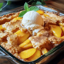 - 4 cups fresh peaches, peeled and sliced - 1 tablespoon lemon juice - 1 teaspoon cinnamon - 1 cup granulated sugar, divided - 1/2 cup brown sugar - 1 cup all-purpose flour - 2 teaspoons baking powder - 1/2 teaspoon salt - 3/4 cup milk - 1/2 cup unsalted butter, melted - 1 teaspoon vanilla extract - 9x13-inch baking dish - Mixing bowls - Whisk - Measuring cups and spoons When I make Southern peach cobbler, using fresh ingredients is key. I love picking ripe peaches at the market. The best peaches are sweet and juicy. Slicing them and adding lemon juice brightens their flavor. A hint of cinnamon adds warmth. Next, I turn to my pantry. I always have granulated sugar and brown sugar on hand. These sweeteners help balance the tartness of the peaches. Flour, baking powder, and salt create a lovely batter. Milk and melted butter make it rich. A splash of vanilla adds a sweet aroma that fills the kitchen. Gathering the right tools makes cooking easier. A 9x13-inch baking dish is perfect for this recipe. Mixing bowls help me combine ingredients well. A whisk is my go-to for blending the batter. I always keep measuring cups and spoons nearby for accuracy. For the Full Recipe, just follow the steps, and you’ll have a delicious cobbler to share! - Preheat your oven to 350°F (175°C). - In a large bowl, combine the sliced peaches, 1/2 cup of granulated sugar, cinnamon, and lemon juice. Toss until the peaches are well coated. Pour the peach mixture into a greased 9x13-inch baking dish. - In another bowl, mix the flour, baking powder, salt, the remaining 1/2 cup of sugar, and brown sugar. - Add the milk, melted butter, and vanilla extract to the dry mix. Stir until just combined; it will be a bit lumpy. - Pour the batter evenly over the peaches. Do not stir or mix it together. - Bake for 40-45 minutes until the top turns golden brown. - Check for doneness by inserting a toothpick in the center; it should come out clean. This simple method creates a warm, comforting dessert. For the full recipe, please refer to the earlier section. To make your Southern peach cobbler truly special, start with ripe peaches. Look for peaches that feel soft but not mushy. They should smell sweet and fruity. This will give your cobbler the best flavor. For a golden crust, make sure you bake it long enough. The cobbler should be golden brown on top. A toothpick should come out clean when inserted in the center. If it is not golden, bake it a bit longer. I love serving this cobbler warm with a scoop of vanilla ice cream. The cold ice cream melts into the warm cobbler, creating a perfect mix. You can also add a sprig of fresh mint on top for a nice touch. It adds color and freshness. If you have leftovers, store them in an airtight container. Keep it in the fridge to maintain freshness. It tastes best within three days. To reheat, place slices in the oven at 350°F (175°C) for about 10 minutes. This will bring back its warm, cozy flavor. Enjoy it again just like the first time! For the Full Recipe and detailed steps, check out the complete guide above. {{image_2}} If you can’t find fresh peaches, you have options. You can use frozen peaches or canned peaches. Just drain the canned peaches well. Both work great in this recipe. If you need gluten-free flour, you can try almond flour or a gluten-free mix. This makes it easy for everyone to enjoy. Want to add some extra flavor? You can mix in nutmeg or ginger. These spices give your cobbler a warm kick. You can also add berries. Raspberries or blueberries work well with peaches. This creates a fun mixed fruit cobbler that everyone will love. You can try making peach cobbler in a slow cooker. It takes longer, but the flavors blend nicely. Simply layer the peaches and batter in the slow cooker. Cook on low for about four hours. You can also grill the cobbler for a smoky flavor. Use a cast-iron skillet on your grill for a unique twist. You can tell when your peach cobbler is done by its color and texture. The top should be golden brown. A toothpick inserted in the center should come out clean. If you see bubbling around the edges, that’s a good sign too. This means the fruit is cooked and the batter is set. Yes, you can use frozen peaches. However, they release more juice than fresh ones. To adjust, reduce the amount of sugar in the peach mixture. You may also need to bake your cobbler a bit longer. Make sure to thaw and drain the peaches before adding them to your dish. Peach cobbler lasts for about 3 to 4 days when stored properly. Keep it covered at room temperature for a day or two. After that, store it in the fridge. You can reheat slices in the oven or microwave. This warms it up and keeps the crust nice. You will need the following ingredients: - 4 cups fresh peaches, peeled and sliced - 1 cup granulated sugar, divided - 1 teaspoon cinnamon - 1 tablespoon lemon juice - 1 cup all-purpose flour - 2 teaspoons baking powder - 1/2 teaspoon salt - 3/4 cup milk - 1/2 cup unsalted butter, melted - 1 teaspoon vanilla extract - 1/2 cup brown sugar To make Southern Peach Cobbler, follow these steps: 1. Preheat your oven to 350°F (175°C). 2. In a large bowl, mix the sliced peaches, 1/2 cup of granulated sugar, cinnamon, and lemon juice. Toss to coat the peaches well. Pour this mixture into a greased 9x13-inch baking dish. 3. In another bowl, whisk the flour, baking powder, salt, 1/2 cup of sugar, and brown sugar. 4. Add the milk, melted butter, and vanilla to the dry mix. Stir until just combined; it will be lumpy. 5. Pour the batter over the peach mix in the baking dish. Do not stir or mix. 6. Bake for 40-45 minutes. The top should be golden brown, and a toothpick should come out clean when tested. 7. Let the cobbler cool slightly before you serve it. Each serving contains about 250 calories. You can expect: - Total fat: 10g - Saturated fat: 5g - Cholesterol: 30mg - Sodium: 160mg - Carbohydrates: 40g - Fiber: 2g - Sugar: 20g - Protein: 3g Prep time: 15 min | Total time: 60 min | Servings: 8 This peach cobbler is perfect for sharing with family or friends. Enjoy the warm, sweet flavors! For the complete recipe, check out the Full Recipe section. In this post, we covered how to make Southern Peach Cobbler. First, we explored fresh ingredients and pantry staples needed for the dish. You learned the step-by-step preparation, baking instructions, and tips for perfect texture. We also discussed variations, serving suggestions, and how to store leftovers. Remember, a hot peach cobbler pairs perfectly with ice cream. Enjoy making this simple but tasty dessert!