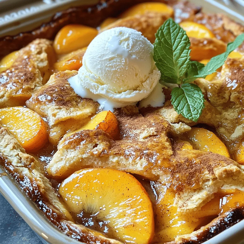 - 4 cups fresh peaches, peeled and sliced - 1 cup granulated sugar, divided - 1 tablespoon lemon juice - 1 cup all-purpose flour - 1 teaspoon baking powder - 1/2 teaspoon salt - 1 cup milk - 1/2 cup unsalted butter, melted - 1 teaspoon vanilla extract - 1 teaspoon ground cinnamon (optional) In this recipe, we start with fresh peaches. The peaches bring a sweet and juicy flavor. You need four cups of them. Next, we add sugar. Sugar makes the peaches even sweeter and helps them caramelize. Divide the sugar into two parts: half for the peaches and half for the batter. A tablespoon of lemon juice brightens the taste of the fruit. For the baking part, we use flour. One cup of all-purpose flour gives the cobbler its structure. The baking powder helps it rise. Add half a teaspoon of salt to balance the sweetness. Now, for the wet ingredients. You'll need one cup of milk. It adds moisture and richness. The melted butter is half a cup, and it gives a rich flavor. One teaspoon of vanilla extract adds warmth. If you like, sprinkle in ground cinnamon for a warm spice note. Finding the right balance of these ingredients is key to a great cobbler. This recipe is simple, yet it creates a delicious treat. For the full recipe, check out the details above. - Preheat oven to 350°F (175°C). - In a large bowl, mix 4 cups of peaches, 1/2 cup sugar, and 1 tablespoon lemon juice. Toss the peaches well and let them marinate for about 10 minutes. This helps the peaches get sweet and juicy. - In another bowl, combine 1 cup of flour, 1 teaspoon of baking powder, 1/2 teaspoon of salt, and the remaining 1/2 cup of sugar. - Pour in 1 cup of milk, 1/2 cup of melted butter, and 1 teaspoon of vanilla extract. Whisk everything together until it is smooth. - Grease a 9x13 inch baking dish and pour the batter into it. Spread the batter evenly across the bottom. - Spoon the peach mixture over the batter. Do not stir! The batter will rise while baking, creating a tasty topping. - Place the dish in the oven and bake for 40-45 minutes. Look for a golden brown top. - After baking, take it out and let it cool slightly before serving. Enjoy your Quick Southern Peach Cobbler! For the full recipe, check the detailed instructions. For a great peach cobbler, choose fresh peaches when they are in season. They add a bright and sweet flavor. If fresh peaches aren't available, canned peaches work too. Just drain the syrup well before using. Adjust the sweetness to your taste. If you like it sweeter, add more sugar. If you prefer a tart flavor, reduce the sugar added to the peaches. Top your warm cobbler for the best flavor. A scoop of vanilla ice cream makes a great pair. Whipped cream also adds a nice touch. For a twist, try adding a sprinkle of cinnamon or some fresh mint leaves. These toppings enhance the sweet and juicy peaches. To ensure even baking, spread the batter smoothly in your dish. Avoid overmixing the batter, as it can create a dense texture. For a crispy topping, consider baking a little longer. Keep an eye on the color. A golden brown top shows that your cobbler is ready to come out. {{image_2}} You can spice up your peach cobbler by adding a few extra flavors. Consider adding spices like nutmeg or cardamom. These spices bring warmth and depth to the dish. Just a pinch can change the whole taste. Another fun option is to mix in some berries. Blueberries or raspberries can add a bright twist. This gives you a mixed fruit cobbler. You can use fresh or frozen berries. Just remember to adjust the sugar since berries can be tart. If you want to change the sweetness, try using brown sugar or honey. Brown sugar adds a rich, molasses flavor. Honey can give a floral note that pairs well with peaches. Adjust the amount of sugar to your taste. If you are using sugar substitutes, check the package for the right amount to use. For those needing gluten-free options, you can easily substitute all-purpose flour. Use a gluten-free flour blend that works well in baking. Look for blends that include rice flour and almond flour. These can give your cobbler a nice texture. Just remember to check that your other ingredients are also gluten-free. For the best results, use a gluten-free mix designed for baking. This will help ensure your cobbler turns out just as delicious as the original. You can still enjoy the flavors you love without the gluten. If you're curious about the full recipe, check out the [Full Recipe]. To store your leftover cobbler, let it cool first. Then, cover it tightly with plastic wrap or aluminum foil. You can also place it in an airtight container. This helps keep it fresh. In the fridge, it lasts about 3 to 5 days. If you want to freeze cobbler, let it cool completely. Cut it into portions for easy use later. Wrap each piece in plastic wrap, then place in a freezer bag. This keeps the texture good. It can stay in the freezer for up to 3 months. When you want to eat it, move the cobbler to the fridge to thaw overnight. To reheat your cobbler, use an oven for the best flavor. Preheat it to 350°F (175°C). Place the cobbler in an oven-safe dish and cover it with foil to keep it moist. Heat for about 20 minutes. This helps avoid a soggy texture. You can also use a microwave, but the oven gives better results. Enjoy your delicious cobbler warm! For the full recipe, click [Full Recipe]. To make peach cobbler from scratch, you start by prepping the peaches. Peel and slice them. Then, mix the peaches with some sugar and lemon juice. This helps bring out their sweet flavor. Next, you make the batter. Combine flour, baking powder, salt, sugar, milk, melted butter, and vanilla in a bowl. Stir until smooth. In a greased baking dish, pour the batter first, then add the peach mix on top. Don’t stir! Finally, bake it until golden brown. You can find the complete steps in the Full Recipe. Yes, you can use canned peaches. They save time and are easy to work with. Just drain the peaches well to avoid excess juice. You can also reduce the amount of sugar since canned peaches are often sweetened. If you want, add a bit of lemon juice to brighten the flavor. This keeps your cobbler tasty and fresh even with canned fruit. Serve peach cobbler warm for the best taste. You can add a scoop of vanilla ice cream or a dollop of whipped cream on top. This contrast of warm cobbler and cold cream is delightful. If you prefer it cold, let it cool to room temperature. It still tastes great and is easy to serve. For a pop of color, consider adding fresh mint leaves as a garnish. This blog post walked you through making a delicious peach cobbler. We covered essential ingredients, step-by-step instructions, and tips to ensure it’s perfect. You learned about flavor variations and how to store leftovers. As you bake, remember that fresh ingredients and careful preparation will enhance your cobbler. Enjoy it warm with your favorite toppings, and don’t hesitate to get creative with flavors. Happy baking!