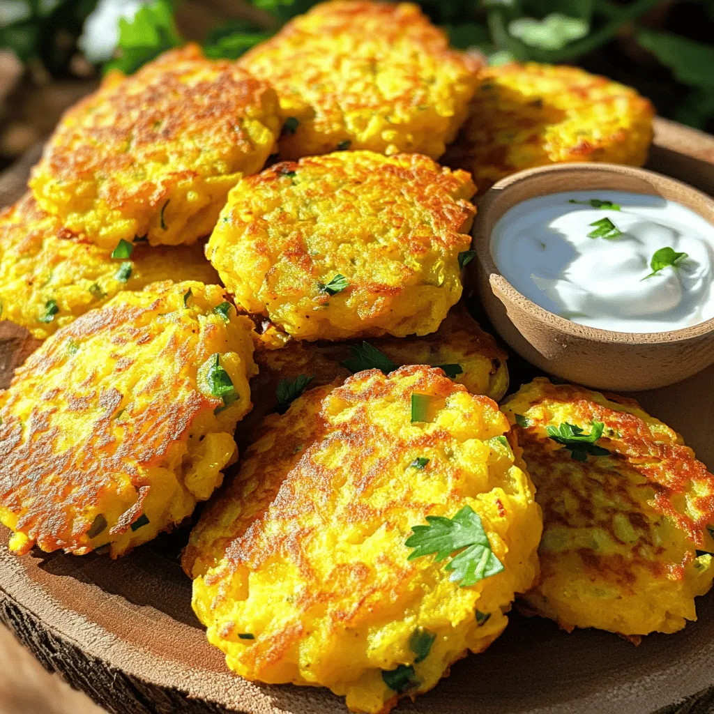 To make tasty yellow squash fritters, you'll need these main ingredients: - 2 medium yellow squashes, grated - 1 cup all-purpose flour - 1 large egg - 1/2 cup grated Parmesan cheese - 1/4 cup chopped fresh parsley - 2 green onions, finely chopped - 1 teaspoon garlic powder - 1 teaspoon onion powder - Salt and pepper to taste These ingredients blend well together. The yellow squash gives a fresh taste. The egg helps bind the mixture, while the flour adds structure. Parmesan cheese adds a savory kick. You can boost the taste of your fritters with some extra ingredients: - Fresh herbs like dill or basil - Spices such as paprika or cayenne pepper - A squeeze of lemon juice for brightness These enhancers elevate the flavor. Fresh herbs add a pop of taste. Spices bring warmth and depth. Lemon juice gives a nice zing to each bite. Choosing the right oil is key for frying. I recommend these options: - Olive oil for a light flavor - Vegetable oil for a neutral taste - Avocado oil for high heat cooking Olive oil adds some richness. Vegetable oil is good for frying at high temperatures. Avocado oil is healthy and works well for crispy fritters. You can check the [Full Recipe] for detailed steps on making these delicious fritters. To start, grab your yellow squashes. Use a box grater to shred them finely. This makes sure they blend well in the fritters. After grating, place the squash in a clean kitchen towel. Squeeze out any extra moisture. This step is key for crispy fritters. Too much water can make them soggy. Now, take a large mixing bowl. Add the squeezed yellow squash, one cup of flour, and one egg. Then, mix in half a cup of grated Parmesan cheese. Next, toss in a quarter cup of chopped parsley and two finely chopped green onions. For flavor, add one teaspoon each of garlic and onion powder. Don’t forget to sprinkle in salt and pepper. Stir everything until it combines nicely. The batter should hold together well. Heat a large skillet over medium heat. Pour olive oil into the skillet, enough to coat the bottom. Once the oil is hot, scoop about two tablespoons of the batter. Form it into a patty and place it in the skillet. Repeat this step for more fritters. Make sure not to crowd the pan. Fry each fritter for about three to four minutes. You want them golden brown and crispy. After frying, transfer the fritters to a plate lined with paper towels. This helps absorb any extra oil. Continue frying the rest of the mixture, adding more oil as needed. For the full recipe, check out the detailed instructions above. Enjoy making these tasty fritters! To make your yellow squash fritters crispy, start by squeezing out the moisture. After grating the squash, wrap it in a clean towel and twist it tightly. This step is key. The less moisture in your mixture, the crispier your fritters will be. Use enough oil in the skillet; this helps fry the fritters evenly. Fry them in small batches so they don’t steam. Flip them only once, and let them cook until golden brown. One mistake is not draining the squash enough. If you skip this, the fritters will be soggy. Another common error is overcrowding the pan. This makes it hard for the fritters to brown. Avoid using too much flour; the batter should hold together but not be too thick. Lastly, don’t rush the frying. Let them cook properly for that perfect crunch. Store leftover fritters in an airtight container. Place a paper towel in the bottom to absorb moisture. They can last in the fridge for about 3 days. To reheat, use a skillet over medium heat. This helps them regain their crispness. You can also freeze them for longer storage. Just make sure to separate layers with parchment paper. This way, they won’t stick together. Enjoy your fritters again later! {{image_2}} You can make your yellow squash fritters even better by adding cheese or herbs. Cheese adds a rich flavor. I love using Parmesan, but you can also try cheddar or feta. Herbs bring freshness to the dish. Fresh parsley is great, but you could also use basil or dill. Just mix in about 1/2 cup of your chosen cheese and a handful of chopped herbs into the batter. This simple change makes your fritters taste amazing! Feel free to mix in other veggies for added fun! Grated zucchini, carrots, or even sweet potatoes work well. You can use the same method as with the squash. Just grate them and squeeze out extra moisture. This helps keep the fritters crispy. You can combine different vegetables, too. A mix of yellow squash and zucchini makes a colorful dish. Each veggie brings its own flavor, making your fritters unique. If you need a gluten-free option, it’s easy to adapt this recipe. You can swap all-purpose flour for gluten-free flour blends. Almond flour or chickpea flour also works well. These options keep the fritters just as tasty. Just remember to check that your baking powder is gluten-free, too. This way, everyone can enjoy delicious yellow squash fritters! For the full recipe, check out the link above. Yellow squash is low in calories and high in nutrients. It is rich in vitamins A and C. These vitamins help boost your immune system. Yellow squash also has fiber, which aids digestion. Eating fiber can keep you feeling full. This makes yellow squash a great choice for weight management. The antioxidants in yellow squash can help fight disease. Overall, it is a healthy veggie choice. Each yellow squash fritter has about 100 calories. This number can vary based on how much oil you use. The fritter contains protein from the egg and cheese. Each fritter also has healthy fats from the olive oil. This balance of nutrients makes fritters a smart option for a snack or meal. They give you energy without too many calories. Enjoying one or two fritters can fit well into your daily diet. Serve your yellow squash fritters with a fresh salad. A simple green salad with vinaigrette pairs well. You can also add yogurt or ranch dip for extra flavor. For a twist, try adding salsa on top. This adds a kick and fresh taste. You can even stack them in a sandwich with veggies. These ideas will make your fritters even more enjoyable. For the Full Recipe, check the earlier section. To make yellow squash fritters crispy, remove excess moisture from the squash. After grating, use a clean towel to squeeze out water. This step is key for crispiness. Next, use a good amount of olive oil in the skillet. Heat the oil well before adding the fritters. Fry them until they turn golden brown on each side. This technique ensures a crunchy texture. Yes, you can bake yellow squash fritters. Preheat your oven to 400°F (200°C). Place the fritters on a baking sheet lined with parchment paper. Brush them lightly with olive oil. Bake for about 20 minutes, flipping halfway through. They may not be as crispy as fried ones, but they will still taste great. Yellow squash fritters pair well with many sides. You can serve them with a yogurt dip or ranch dressing for extra flavor. A fresh salad or some steamed veggies also make good sides. You can add a squeeze of lemon for a zesty touch. The options are endless, so feel free to get creative! Leftover yellow squash fritters last about 3 days in the fridge. Store them in an airtight container to keep them fresh. To reheat, place them in a skillet over medium heat. This will help restore some crispiness. You can also use an oven for reheating, but avoid the microwave; it makes them soggy. For the best taste, enjoy them fresh! Yellow squash fritters are a simple, tasty dish. We looked at key ingredients needed to make them. You learned how to prepare, mix, and fry the fritters for the best results. I shared tips to help you avoid common mistakes and store leftovers well. Consider variations like adding cheese or using other veggies to spice it up. Remember, these fritters are not only delicious but also healthy. Use this guide to explore and enjoy making yellow squash fritters your way!
