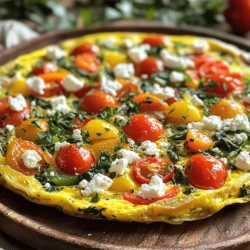 The Mediterranean Veggie Frittata shines with fresh veggies, eggs, and herbs. Each ingredient adds a layer of flavor, making this dish both tasty and healthy. You can use many fresh items, so feel free to mix and match based on what you have. - 6 large eggs - 1/4 cup milk (or a dairy-free alternative) - 1 cup cherry tomatoes, halved - 1 zucchini, diced - 1 bell pepper (red or yellow), diced - 1/2 cup spinach, chopped - 1/4 cup red onion, finely chopped - 1/4 cup feta cheese, crumbled (optional) - 2 tablespoons olive oil - 1 teaspoon dried oregano - Salt and black pepper to taste - Fresh herbs (parsley or basil) for garnish To get the best taste, always use fresh ingredients. Look for bright tomatoes and firm zucchini. When buying spinach, choose vibrant green leaves. If you can, buy organic eggs for better flavor. Store your veggies in a cool, dry place. Use them within a few days for the best quality. If you buy feta cheese, check that it is creamy and not dried out. Enjoy cooking with fresh ingredients! To start, gather your ingredients. You will need six large eggs, milk, cherry tomatoes, zucchini, bell pepper, spinach, red onion, feta cheese, olive oil, dried oregano, salt, and black pepper. 1. Preheat your oven to 375°F (190°C). 2. In a large mixing bowl, whisk the eggs and milk together. Add oregano, salt, and pepper. Mix until well combined. Set this bowl aside. Now, let’s cook the veggies. 1. Take an oven-safe skillet and heat the olive oil over medium. 2. Add the chopped red onion and sauté for 2-3 minutes. They should start to soften. 3. Next, add the diced zucchini and bell pepper. Cook for another 4-5 minutes. These should be slightly softened. 4. Stir in the cherry tomatoes and spinach. Cook for one more minute until the spinach wilts. It’s time to bake the frittata. 1. Pour the egg mixture over the cooked veggies. Make sure it spreads evenly. 2. If you like feta cheese, sprinkle it on top. 3. Cook on the stovetop for 2-3 minutes without stirring. This sets the edges. 4. Transfer the skillet to your preheated oven. Bake for 15-20 minutes. The frittata should puff up and turn golden brown. 5. Once done, remove it from the oven and cool for a few minutes. Cut into wedges and serve! For a nice touch, garnish with fresh herbs or drizzle a little olive oil over the top. Enjoy your Mediterranean Veggie Frittata! When making a Mediterranean veggie frittata, avoid these common mistakes: - Overcooking: Don't cook the veggies too long. They should be tender but still bright. - Skipping the milk: Always add milk or a dairy-free option. It makes the frittata fluffy. - Not seasoning enough: Salt and pepper enhance flavors. Don’t skip these basics. Here are some easy tips to save time while cooking: - Prep ahead: Chop your veggies the night before. Store them in the fridge. - Use frozen veggies: If you’re short on time, frozen veggies work well too. Just thaw and drain. - One-pan cooking: Use an oven-safe skillet. This cuts down on dishes and makes cleanup easy. For a perfect frittata, keep these tips in mind: - Whisk thoroughly: Make sure to whisk the eggs well. This adds air and creates a light texture. - Even heat: Cook on medium heat to avoid burning. The edges should set while the middle remains soft. - Check doneness: The frittata is done when it puffs up and is golden on top. A toothpick should come out clean. By following these tips, you can create a beautiful Mediterranean veggie frittata that impresses and delights. For the full recipe, check the earlier section. {{image_2}} You can easily swap some ingredients for others. If you don't have cherry tomatoes, use diced regular tomatoes. Instead of zucchini, try yellow squash or eggplant. You can also replace red onion with green onion for a milder taste. If you want a creamier frittata, substitute milk with cream or yogurt. To make this frittata gluten-free, just check all labels on your ingredients. Most veggies and eggs are gluten-free. For a vegan version, replace eggs with a mixture of silken tofu and black salt. You can also use non-dairy milk and skip the cheese. This way, everyone can enjoy this tasty dish. Adding fresh herbs can boost the flavor. Try basil, thyme, or dill for a fresh twist. A pinch of red pepper flakes can give it a nice kick. You can also mix in spices like paprika or cumin for warmth. Get creative and adjust the flavors to fit your taste. The frittata is very forgiving and welcomes new ideas. For the full recipe, see the section above. After enjoying your Mediterranean veggie frittata, store any leftovers in an airtight container. This helps keep the frittata fresh and tasty. Let it cool to room temperature before sealing. You can keep it in the fridge for up to three days. If you want to keep it longer, freezing is a great option. To reheat your frittata, preheat your oven to 350°F (175°C). Place the frittata in an oven-safe dish. Cover it with foil to keep it moist. Heat for about 10-15 minutes or until warm. You can also use a microwave. Just place a slice on a microwave-safe plate and heat for 1-2 minutes. It’s quick and easy! If you want to freeze the frittata, cut it into slices first. Wrap each slice in plastic wrap, then place them in a freezer-safe bag. You can store it like this for up to three months. When you’re ready to eat, thaw it in the fridge overnight. Then, reheat it as mentioned above. Enjoy your frittata anytime! For the full recipe, check out the detailed instructions. To make a frittata, start by whisking eggs with milk. Then, cook your chosen veggies in a skillet. Next, pour the egg mixture over the veggies. Cook on the stovetop until the edges set. Finally, bake it in the oven until puffed and golden. This method gives a rich flavor and a fluffy texture. A frittata is thicker than an omelette. It includes more veggies and is cooked slowly. An omelette cooks quickly and is often folded over. Frittatas are baked, while omelettes are usually cooked on the stovetop. Both are tasty, but they have different cooking methods and textures. Yes, you can add many vegetables to your frittata. Consider using mushrooms, asparagus, or broccoli for a twist. You can also try seasonal veggies for freshness. Just make sure to chop them into small pieces. This way, they cook evenly and blend well with the eggs. Enjoy experimenting with flavors! For the complete recipe, check out the Full Recipe. In this article, we explored the key ingredients for a perfect frittata. You learned about keeping ingredients fresh and high-quality. We covered step-by-step cooking instructions and shared tips to save you time. Variations for dietary needs were discussed too, making it easy to adapt. Finally, I provided storage tips for leftovers. A well-made frittata is a delicious and versatile dish. Enjoy experimenting with new flavors and ingredients. Happy cooking!