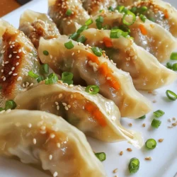 When making crispy pan-fried chicken dumplings, you need fresh and tasty ingredients. Here’s what you will need: - 1 cup ground chicken - 1/4 cup finely chopped green onions - 1/4 cup grated ginger - 1/4 cup finely chopped carrots - 2 cloves garlic, minced - 2 teaspoons soy sauce - 1 teaspoon sesame oil - 1 pack of dumpling wrappers (round or square) - 2 tablespoons vegetable oil - Water (for sealing dumplings) - Salt and pepper to taste Each ingredient adds a special flavor. The ground chicken is your main protein. It’s juicy and tender. Green onions and garlic bring freshness. Carrots add a nice crunch. Ginger gives a warm spice. Soy sauce and sesame oil add umami and richness. Choosing good dumpling wrappers is important. You can find them in most grocery stores. They should be soft, round, or square. You can even make your own if you feel adventurous! Now you have everything ready. Get your ingredients prepped, and you’ll be on your way to making delicious dumplings! For the full recipe, keep reading. First, we need to mix the filling. In a large bowl, combine: - 1 cup ground chicken - 1/4 cup finely chopped green onions - 1/4 cup grated ginger - 1/4 cup finely chopped carrots - 2 cloves garlic, minced - 2 teaspoons soy sauce - 1 teaspoon sesame oil - Salt and pepper to taste Stir until all the ingredients blend well. This mix gives your dumplings a great taste. Next, let's fill the dumplings. Take one wrapper and place a teaspoon of filling in the center. Moisten the edges with a bit of water. Fold the wrapper in half, forming a half-moon shape. Press to seal it tightly. If you like, you can pleat the edges for a nice look. Repeat until you use all the filling. You should have around 20-25 dumplings. Now, it's time to cook! Heat 2 tablespoons of vegetable oil in a large skillet over medium heat. Once the oil is hot, add the dumplings. Make sure they do not touch each other. Fry them for about 2-3 minutes until the bottoms are golden brown and crispy. Then, carefully pour about 1/4 cup of water into the skillet and cover it with a lid. This steams the dumplings for about 5 minutes or until the water evaporates. After that, remove the lid and let the dumplings cook for another 1-2 minutes. This step crisps up the bottoms again. Once done, transfer the dumplings to a plate. You can serve them hot, garnished with extra green onions or sesame seeds if you want. For the full recipe, check the section above. To get that perfect crispy texture, oil temperature is key. Heat your vegetable oil until it shimmers. This shows it’s hot enough for frying. If the oil is too cool, your dumplings will turn soggy. If it’s too hot, they might burn. Sealing dumplings well ensures they stay juicy inside. After placing the filling on the wrapper, moisten the edges with water. This helps them stick together. Press firmly, and if you want, you can pleat the edges for a decorative touch. This not only looks nice but also helps seal them better. Adding spices or herbs can take your dumplings to the next level. Try mixing in some chopped cilantro or a pinch of red pepper flakes. These will add a nice kick. You can also experiment with fresh herbs like basil or mint for a unique twist. For dipping sauces, think beyond soy sauce. You can mix soy sauce with a bit of rice vinegar for tang. Or try a spicy chili oil for heat. A simple mix of sesame oil and soy sauce can also be delicious. These dips will bring out the flavors of your dumplings beautifully. For the full recipe, check out the detailed instructions available. {{image_2}} You can change the filling to mix things up. Try using shrimp instead of chicken. Shrimp adds a sweet and tender bite. You can also use vegetables like mushrooms, cabbage, or bell peppers. They bring great flavor and crunch. For a vegan option, use tofu or chickpeas. Combine them with spices for a tasty filling. These choices keep the dish fresh and fun. You can steam dumplings for a softer texture. Steaming keeps the flavors locked in. It makes a great option if you prefer less oil. Frying gives dumplings a crispy, golden bottom. Both methods are tasty, so choose what you like. Another option is air frying. It uses less oil and still gives a nice crunch. You get that fried flavor without the extra fat. No matter how you cook them, these dumplings will please everyone. Try the full recipe to see which method you enjoy most! After making your crispy pan-fried chicken dumplings, you might have some leftovers. To keep them fresh, place the dumplings in an airtight container. This helps prevent them from drying out. - Best practices for refrigerating leftovers: Store dumplings in the fridge for up to three days. Make sure they are cool before sealing them. If you add a piece of parchment paper between layers, it can help keep them from sticking together. - Freezing dumplings for later use: You can freeze uncooked dumplings for up to three months. Place them on a baking sheet in a single layer until frozen solid. Then, transfer them to a freezer bag. This way, you can enjoy them later without losing flavor. When you're ready to eat your dumplings again, reheating them properly is key to keeping them crispy. - Optimal methods to maintain crispiness: The best way to reheat dumplings is in a skillet. Heat a little oil over medium heat. Add the dumplings and fry for about 2-3 minutes until they are crispy again. You can add a splash of water and cover to steam them briefly for warmth. - Microwaving tips for convenience: If you need a quick option, you can use the microwave. Place dumplings on a microwave-safe plate. Cover them with a damp paper towel to keep moisture in. Heat for about 30 seconds, but keep in mind that they may not stay crispy. To make crispy dumplings, focus on two key techniques. First, heat your oil well before adding dumplings. A hot skillet creates a golden crust. Second, use water for steaming. This helps cook the filling while keeping the bottom crispy. Pour water into the pan and cover it quickly. Let the dumplings steam until the water evaporates, then uncover to re-crisp them at the end. Yes, you can use store-bought dumpling wrappers. They come in two main types: round and square. Round wrappers are great for traditional dumplings. Square wrappers can be used for potstickers. Check the package for size and thickness. Always keep them covered with a damp cloth to prevent drying out. Popular dipping sauces for dumplings include soy sauce and vinegar mix. You can also try a spicy chili oil. Another great option is a sesame sauce, made with sesame oil and soy sauce. Experiment with different combinations to find your favorite. Adding chopped green onions or minced garlic can enhance the flavors. You can store cooked dumplings in the fridge for up to three days. Place them in an airtight container to keep them fresh. If you want them to last longer, freeze them. Cooked dumplings can be frozen for up to three months. Yes, you can make dumplings in advance. Prepare them and keep them in the fridge for a few hours before cooking. For longer storage, freeze uncooked dumplings. Lay them flat on a tray to freeze individually, then transfer them to a bag. This way, you can cook them straight from the freezer when ready. For the full recipe, check the above section. You can create delicious dumplings with simple ingredients and clear steps. We covered mixing ground chicken with fresh veggies and tasty sauces. We also looked at sealing techniques, cooking methods, and tips for crispiness. Remember, dumplings can be varied to fit your taste. You can store extras for later and enjoy them when you want. With practice, you’ll master your dumpling-making skills. Now, gather your ingredients and get started!