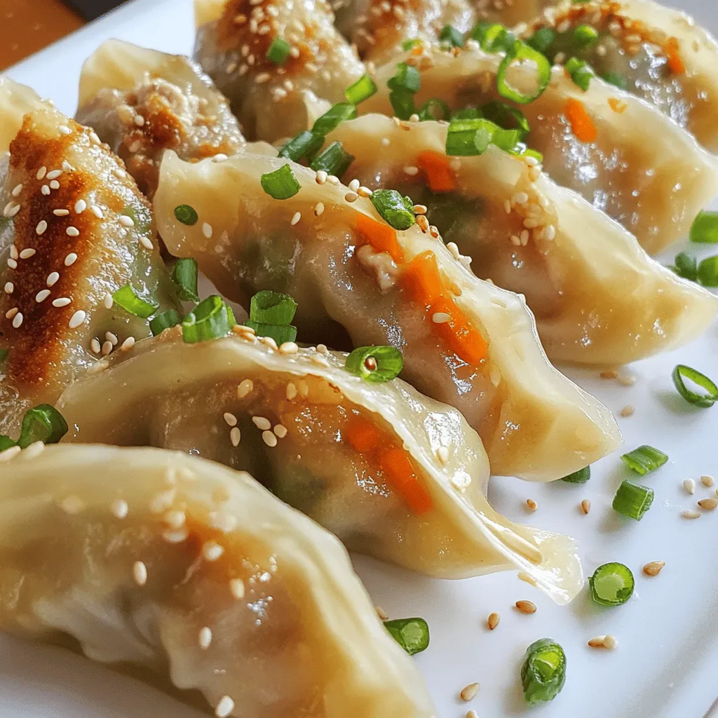 When making crispy pan-fried chicken dumplings, you need fresh and tasty ingredients. Here’s what you will need: - 1 cup ground chicken - 1/4 cup finely chopped green onions - 1/4 cup grated ginger - 1/4 cup finely chopped carrots - 2 cloves garlic, minced - 2 teaspoons soy sauce - 1 teaspoon sesame oil - 1 pack of dumpling wrappers (round or square) - 2 tablespoons vegetable oil - Water (for sealing dumplings) - Salt and pepper to taste Each ingredient adds a special flavor. The ground chicken is your main protein. It’s juicy and tender. Green onions and garlic bring freshness. Carrots add a nice crunch. Ginger gives a warm spice. Soy sauce and sesame oil add umami and richness. Choosing good dumpling wrappers is important. You can find them in most grocery stores. They should be soft, round, or square. You can even make your own if you feel adventurous! Now you have everything ready. Get your ingredients prepped, and you’ll be on your way to making delicious dumplings! For the full recipe, keep reading. First, we need to mix the filling. In a large bowl, combine: - 1 cup ground chicken - 1/4 cup finely chopped green onions - 1/4 cup grated ginger - 1/4 cup finely chopped carrots - 2 cloves garlic, minced - 2 teaspoons soy sauce - 1 teaspoon sesame oil - Salt and pepper to taste Stir until all the ingredients blend well. This mix gives your dumplings a great taste. Next, let's fill the dumplings. Take one wrapper and place a teaspoon of filling in the center. Moisten the edges with a bit of water. Fold the wrapper in half, forming a half-moon shape. Press to seal it tightly. If you like, you can pleat the edges for a nice look. Repeat until you use all the filling. You should have around 20-25 dumplings. Now, it's time to cook! Heat 2 tablespoons of vegetable oil in a large skillet over medium heat. Once the oil is hot, add the dumplings. Make sure they do not touch each other. Fry them for about 2-3 minutes until the bottoms are golden brown and crispy. Then, carefully pour about 1/4 cup of water into the skillet and cover it with a lid. This steams the dumplings for about 5 minutes or until the water evaporates. After that, remove the lid and let the dumplings cook for another 1-2 minutes. This step crisps up the bottoms again. Once done, transfer the dumplings to a plate. You can serve them hot, garnished with extra green onions or sesame seeds if you want. For the full recipe, check the section above. To get that perfect crispy texture, oil temperature is key. Heat your vegetable oil until it shimmers. This shows it’s hot enough for frying. If the oil is too cool, your dumplings will turn soggy. If it’s too hot, they might burn. Sealing dumplings well ensures they stay juicy inside. After placing the filling on the wrapper, moisten the edges with water. This helps them stick together. Press firmly, and if you want, you can pleat the edges for a decorative touch. This not only looks nice but also helps seal them better. Adding spices or herbs can take your dumplings to the next level. Try mixing in some chopped cilantro or a pinch of red pepper flakes. These will add a nice kick. You can also experiment with fresh herbs like basil or mint for a unique twist. For dipping sauces, think beyond soy sauce. You can mix soy sauce with a bit of rice vinegar for tang. Or try a spicy chili oil for heat. A simple mix of sesame oil and soy sauce can also be delicious. These dips will bring out the flavors of your dumplings beautifully. For the full recipe, check out the detailed instructions available. {{image_2}} You can change the filling to mix things up. Try using shrimp instead of chicken. Shrimp adds a sweet and tender bite. You can also use vegetables like mushrooms, cabbage, or bell peppers. They bring great flavor and crunch. For a vegan option, use tofu or chickpeas. Combine them with spices for a tasty filling. These choices keep the dish fresh and fun. You can steam dumplings for a softer texture. Steaming keeps the flavors locked in. It makes a great option if you prefer less oil. Frying gives dumplings a crispy, golden bottom. Both methods are tasty, so choose what you like. Another option is air frying. It uses less oil and still gives a nice crunch. You get that fried flavor without the extra fat. No matter how you cook them, these dumplings will please everyone. Try the full recipe to see which method you enjoy most! After making your crispy pan-fried chicken dumplings, you might have some leftovers. To keep them fresh, place the dumplings in an airtight container. This helps prevent them from drying out. - Best practices for refrigerating leftovers: Store dumplings in the fridge for up to three days. Make sure they are cool before sealing them. If you add a piece of parchment paper between layers, it can help keep them from sticking together. - Freezing dumplings for later use: You can freeze uncooked dumplings for up to three months. Place them on a baking sheet in a single layer until frozen solid. Then, transfer them to a freezer bag. This way, you can enjoy them later without losing flavor. When you're ready to eat your dumplings again, reheating them properly is key to keeping them crispy. - Optimal methods to maintain crispiness: The best way to reheat dumplings is in a skillet. Heat a little oil over medium heat. Add the dumplings and fry for about 2-3 minutes until they are crispy again. You can add a splash of water and cover to steam them briefly for warmth. - Microwaving tips for convenience: If you need a quick option, you can use the microwave. Place dumplings on a microwave-safe plate. Cover them with a damp paper towel to keep moisture in. Heat for about 30 seconds, but keep in mind that they may not stay crispy. To make crispy dumplings, focus on two key techniques. First, heat your oil well before adding dumplings. A hot skillet creates a golden crust. Second, use water for steaming. This helps cook the filling while keeping the bottom crispy. Pour water into the pan and cover it quickly. Let the dumplings steam until the water evaporates, then uncover to re-crisp them at the end. Yes, you can use store-bought dumpling wrappers. They come in two main types: round and square. Round wrappers are great for traditional dumplings. Square wrappers can be used for potstickers. Check the package for size and thickness. Always keep them covered with a damp cloth to prevent drying out. Popular dipping sauces for dumplings include soy sauce and vinegar mix. You can also try a spicy chili oil. Another great option is a sesame sauce, made with sesame oil and soy sauce. Experiment with different combinations to find your favorite. Adding chopped green onions or minced garlic can enhance the flavors. You can store cooked dumplings in the fridge for up to three days. Place them in an airtight container to keep them fresh. If you want them to last longer, freeze them. Cooked dumplings can be frozen for up to three months. Yes, you can make dumplings in advance. Prepare them and keep them in the fridge for a few hours before cooking. For longer storage, freeze uncooked dumplings. Lay them flat on a tray to freeze individually, then transfer them to a bag. This way, you can cook them straight from the freezer when ready. For the full recipe, check the above section. You can create delicious dumplings with simple ingredients and clear steps. We covered mixing ground chicken with fresh veggies and tasty sauces. We also looked at sealing techniques, cooking methods, and tips for crispiness. Remember, dumplings can be varied to fit your taste. You can store extras for later and enjoy them when you want. With practice, you’ll master your dumpling-making skills. Now, gather your ingredients and get started!