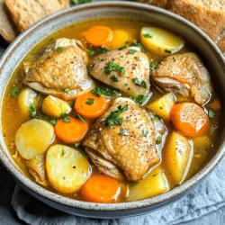 - 2 lbs boneless, skinless chicken thighs, cut into chunks - 4 medium carrots, sliced - 3 medium potatoes, diced - 1 onion, chopped - 3 cloves garlic, minced - 4 cups low-sodium chicken broth - 1 cup frozen peas - 2 teaspoons dried thyme - 1 teaspoon dried rosemary - Salt and pepper to taste - 2 tablespoons olive oil - 1 tablespoon cornstarch (optional, for thickening) - Fresh parsley, chopped (for garnish) To make this stew, you will need two pounds of chicken thighs. They give the dish a rich flavor. Use four medium carrots; they add sweetness and color. For the base, three medium potatoes work well. Chop one onion and mince three cloves of garlic for depth. Use four cups of low-sodium chicken broth for moistness. Add one cup of frozen peas at the end for a pop of green. Season with two teaspoons of dried thyme and one teaspoon of dried rosemary. Don’t forget salt and pepper to taste. For a touch of smoothness, use two tablespoons of olive oil. If you like a thicker stew, one tablespoon of cornstarch will do the trick. Feel free to get creative with this stew! You can add celery for crunch or bell peppers for sweetness. Swap chicken for turkey or beef if you want a different protein. Fresh herbs like basil or oregano can also bring new flavors. If you want a spicier kick, toss in some red pepper flakes. You can even add a splash of white wine for a touch of acidity. Adapt the recipe to make it your own! Start by gathering all your ingredients. This makes cooking smooth and easy. Chop the onion, garlic, carrots, and potatoes. Cut the chicken thighs into bite-sized pieces. Season the chicken with salt, pepper, thyme, and rosemary. This step adds flavor right from the start. Heat olive oil in a skillet over medium-high heat. Add the chopped onion and garlic. Sauté them for 3-4 minutes until the onion is soft. Next, add the seasoned chicken to the skillet. Brown the chicken for about 5-7 minutes. This gives the chicken great color and taste. After browning, move the chicken to the slow cooker. In the slow cooker, add the carrots, potatoes, and chicken broth. Stir everything well to mix. Cover the slow cooker and set it on low for 6-7 hours or high for 3-4 hours. The chicken and veggies should become tender. If you want a thicker stew, mix cornstarch with cold water. Stir this into the stew during the last 30 minutes of cooking. About 15 minutes before serving, add the frozen peas. This adds a nice pop of color and sweetness. Taste the stew and adjust the seasoning if needed. If it needs more salt or pepper, feel free to add. Serve hot in bowls and garnish with fresh parsley. It makes the dish look inviting and fresh. Enjoy your savory slow cooker chicken stew! For the full recipe, check the section above. To boost the taste of your chicken stew, use fresh herbs. They add a bright flavor. You can also try adding a splash of lemon juice. This brings out the chicken's taste. Another tip is to brown the chicken first. This step adds a rich, deep flavor. Don’t forget to taste the broth! Adjust the seasoning as needed to make it just right. Slow cooking works best with larger cuts of meat. This helps them stay tender. Make sure to layer ingredients properly. Put the meat at the bottom and veggies on top. This way, the meat absorbs all the flavors. Keep the lid on while cooking. Every time you lift the lid, heat escapes and cooking slows down. One common mistake is adding too much liquid. The stew will become too watery. Stick to the recipe’s broth amount for best results. Another mistake is not chopping veggies evenly. Uneven pieces cook at different rates. Lastly, avoid cooking on high heat for too long. This can dry out the chicken. Follow the [Full Recipe] for best results. {{image_2}} You can switch up the protein in this stew. Instead of chicken, try: - Beef chunks for a heartier dish. - Pork shoulder for a tender, rich flavor. - Turkey for a lighter option. Each change gives a new taste. Adjust the cooking time if you choose beef or pork. They might need longer to become tender. You can make this stew meat-free easily. Use these tips: - Replace chicken with chickpeas or lentils. - Use vegetable broth instead of chicken broth. - Add more veggies, like zucchini or bell peppers. These swaps keep the stew filling and delicious. You will still enjoy the warmth and comfort. Using seasonal ingredients makes your stew fresh. Here are some ideas: - In spring, add fresh asparagus and peas. - In summer, use tomatoes and green beans. - In fall, try butternut squash and kale. These swaps bring new flavors. You can explore different tastes with each season. For the full recipe, check out the Cozy Autumn Chicken Stew. After you enjoy your savory slow cooker chicken stew, store any leftovers properly. First, let the stew cool to room temperature. Next, transfer it to an airtight container. Make sure to seal it well to keep out air. Store the container in the fridge. This stew will stay fresh for up to four days. When you want to enjoy your leftover stew, reheating is easy. You can use a microwave or stove. If using the microwave, place the stew in a bowl. Heat it in short bursts, stirring in between. This helps heat evenly. On the stove, pour the stew into a pot. Heat it over medium heat, stirring often. Make sure it’s hot all the way through before serving. If you want to keep your stew longer, freezing is a good option. Use freezer-safe containers or bags. Pour the cooled stew into the container, leaving some space at the top. This allows for expansion as it freezes. Seal tightly and label with the date. Your stew can last in the freezer for up to three months. When you're ready to eat, thaw it in the fridge overnight before reheating. This will keep it safe and tasty. For the full recipe, check out the Cozy Autumn Chicken Stew . Slow Cooker Chicken Stew lasts about 3 to 4 days in the fridge. Store it in an airtight container. If you want it to last longer, freeze it. In the freezer, it can last up to 3 months. Just remember to let it cool before you freeze it. Yes, you can! If you don't have a slow cooker, use a heavy pot. Start by browning the chicken on the stove. Then add all the ingredients and cover the pot. Cook on low heat for about 1.5 to 2 hours. Stir it occasionally to keep it from sticking. You can serve this stew with crusty bread or a fresh salad. Rice or mashed potatoes also make great sides. If you want something light, pair it with steamed veggies. For a fun twist, add biscuits on the side. They are perfect for dipping! This blog post walks you through making a flavorful Slow Cooker Chicken Stew. We covered essential ingredients, cooking steps, and tips for success. By customizing flavors and using different proteins, you can make this dish your own. Remember to store leftovers properly to keep them fresh. In conclusion, try this recipe and enjoy the comfort of homemade stew. Happy cooking!