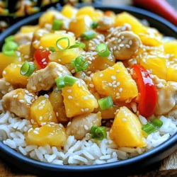 To make Sweet and Savory Pineapple Chicken and Rice, you will need: - 2 boneless, skinless chicken breasts, diced - 1 cup pineapple chunks (fresh or canned) - 1 cup jasmine rice - 1 tablespoon soy sauce - 1 tablespoon honey - 1 tablespoon olive oil - 1 red bell pepper, chopped - 1/2 cup green onions, sliced - 2 cloves garlic, minced - 1 teaspoon grated fresh ginger - Salt and pepper to taste - Sesame seeds for garnish (optional) If you need to swap ingredients, here are some ideas: - Chicken: You can use turkey or tofu for a different protein. - Pineapple: Mango or peach works well if you want a fruity twist. - Rice: Brown rice or quinoa can replace jasmine rice for a healthy option. - Soy Sauce: Use tamari for a gluten-free version. - Honey: Maple syrup or agave syrup can serve as good substitutes. To prepare this dish, gather these tools: - A medium bowl for marinating chicken - A large skillet for cooking - A measuring cup and spoons - A knife and cutting board for chopping - A rice cooker or pot for cooking rice - A spatula for stirring and serving With these ingredients and tools, you're ready to create a delightful meal. The mix of sweet and savory will surely please your taste buds. For more details, check the Full Recipe. Start by gathering your ingredients. This ensures you have everything ready. You will need: - 2 boneless, skinless chicken breasts, diced - 1 cup pineapple chunks (fresh or canned) - 1 cup jasmine rice - 1 tablespoon soy sauce - 1 tablespoon honey - 1 tablespoon olive oil - 1 red bell pepper, chopped - 1/2 cup green onions, sliced - 2 cloves garlic, minced - 1 teaspoon grated fresh ginger - Salt and pepper to taste - Sesame seeds for garnish (optional) Next, rinse the jasmine rice under cold water. Keep rinsing until the water runs clear. This step helps remove excess starch. After rinsing, cook the rice according to the package instructions. Once done, set it aside. In a medium bowl, mix the diced chicken with soy sauce, honey, minced garlic, grated ginger, salt, and pepper. Let this marinate for at least 15 minutes. This adds great flavor to the chicken. While the chicken marinates, heat olive oil in a large skillet over medium-high heat. Once hot, add the marinated chicken. Cook it until browned and cooked through, about 7 to 10 minutes. Make sure to stir it often for even cooking. Once the chicken is cooked, add the chopped red bell pepper and pineapple chunks to the skillet. Stir well and let them cook for another 3 to 4 minutes. This allows the flavors to blend nicely. Now, gently fold in the cooked jasmine rice. Mix it well with the chicken and pineapple. Taste your dish and adjust the seasoning if needed. Finally, add sliced green onions and stir to combine before removing from heat. You can serve hot and garnish with sesame seeds if you like. For the complete recipe, check out the Full Recipe. To get the best flavor, mix sweet and savory. Use fresh pineapple for a bright taste. The honey adds a nice touch. Make sure to balance the soy sauce with your other ingredients. A bit of salt helps bring out all the flavors. Taste as you go to find your perfect mix. Start with marinating the chicken. This step adds depth to the taste. Cook the chicken in a hot skillet. This gives it a nice sear and locks in moisture. Stir often to avoid burning. Aim for a golden brown color. Check if it's done by cutting into it. The chicken should be white inside, not pink. Serve the dish hot for the best taste. Pair it with a light salad or steamed veggies. You can add extra pineapple on top for fun. If you want more crunch, sprinkle sesame seeds. This dish goes well with a cool drink, like iced tea. For more ideas, check the full recipe for serving options. {{image_2}} You can switch up the chicken in this dish. Try shrimp, beef, or tofu. Each protein brings its own taste. For shrimp, cook until pink and tender. For beef, use thin strips and sauté until browned. Tofu is great for a plant-based option. Just press it to remove water, then sauté until golden. These choices add variety and keep meals fresh. If you want to change the grain, consider brown rice or quinoa. Brown rice gives a nutty flavor and more fiber. It takes longer to cook, so adjust your time. Quinoa is quick to prepare and adds protein. Rinse it well before cooking. Both grains pair well with the sweet and savory sauce of this dish. You can tweak the flavors to fit your taste. Want something spicy? Add red pepper flakes or sriracha to the chicken mix. For a more tropical taste, try adding coconut milk to the rice. If you love herbs, sprinkle in fresh cilantro or basil. These small changes can make this dish feel new each time. Check out the Full Recipe for more ideas! To store leftover Sweet and Savory Pineapple Chicken and Rice, let it cool first. Once cool, put it in an airtight container. Make sure to press out any air. This keeps the dish fresh for longer. Store it in the fridge for up to three days. This way, you can enjoy it later! When you are ready to eat, reheating is easy. You can use a microwave or a skillet. For the microwave, place the food in a bowl and cover it. Heat in short bursts, stirring in between, until hot. For the skillet, add a little olive oil over medium heat. Stir until everything is heated through. This keeps the rice from drying out. If you want to keep it longer, freezing works great! First, let the dish cool completely. Then, scoop it into freezer-safe bags. Flatten the bags before sealing to save space. Label them with the date. You can freeze it for up to three months. When you want to eat it, thaw it in the fridge overnight before reheating. Enjoy the great taste even after freezing! Yes, you can use brown rice. Brown rice adds a nutty flavor and more fiber. However, it takes longer to cook. You need to adjust the cooking time. Typically, brown rice needs about 40-45 minutes. Follow the package instructions for best results. If you use brown rice, the dish will still taste great. If you want to swap out the honey, try using maple syrup. Maple syrup gives a nice sweetness too. You can also use agave nectar for a similar flavor. If you want a sugar option, use brown sugar. Just mix it with a little water to dissolve. Each option adds its own unique twist to the dish. To change the spice level, add or reduce the amount of ginger or garlic. You can also include red pepper flakes for heat. Start with a small pinch and taste as you go. If you want it milder, leave out the red pepper flakes. For more spice, add chopped jalapeños or a splash of hot sauce. Adjust to fit your taste. In this post, I covered key ingredients, step-by-step cooking, and helpful tips. I shared how to prepare chicken perfectly and offered fun variations. You can substitute ingredients easily and store leftovers well. Remember, flavor balance is vital for the best dish. Try new proteins and grains to keep it interesting. This recipe is flexible, so have fun experimenting. With these tips, you can make a meal that delights everyone at your table. Enjoy cooking!