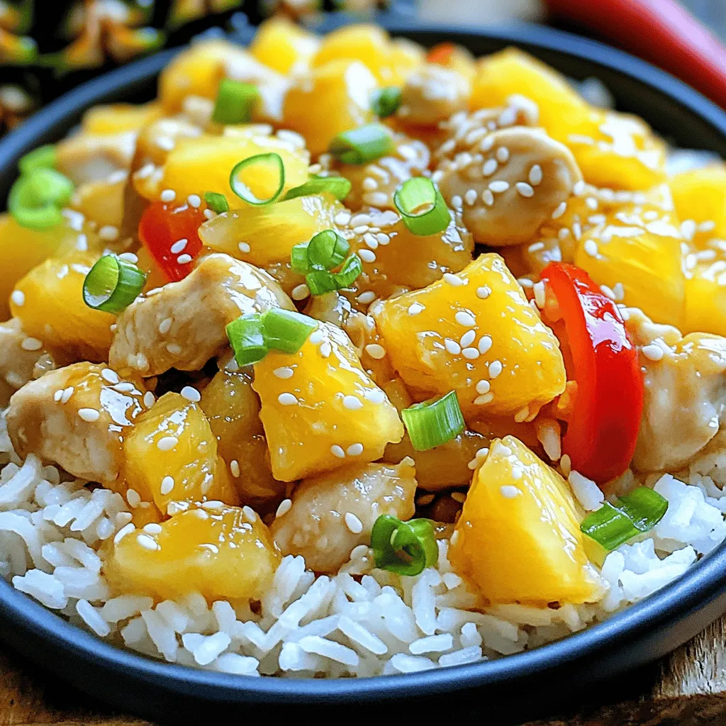 To make Sweet and Savory Pineapple Chicken and Rice, you will need: - 2 boneless, skinless chicken breasts, diced - 1 cup pineapple chunks (fresh or canned) - 1 cup jasmine rice - 1 tablespoon soy sauce - 1 tablespoon honey - 1 tablespoon olive oil - 1 red bell pepper, chopped - 1/2 cup green onions, sliced - 2 cloves garlic, minced - 1 teaspoon grated fresh ginger - Salt and pepper to taste - Sesame seeds for garnish (optional) If you need to swap ingredients, here are some ideas: - Chicken: You can use turkey or tofu for a different protein. - Pineapple: Mango or peach works well if you want a fruity twist. - Rice: Brown rice or quinoa can replace jasmine rice for a healthy option. - Soy Sauce: Use tamari for a gluten-free version. - Honey: Maple syrup or agave syrup can serve as good substitutes. To prepare this dish, gather these tools: - A medium bowl for marinating chicken - A large skillet for cooking - A measuring cup and spoons - A knife and cutting board for chopping - A rice cooker or pot for cooking rice - A spatula for stirring and serving With these ingredients and tools, you're ready to create a delightful meal. The mix of sweet and savory will surely please your taste buds. For more details, check the Full Recipe. Start by gathering your ingredients. This ensures you have everything ready. You will need: - 2 boneless, skinless chicken breasts, diced - 1 cup pineapple chunks (fresh or canned) - 1 cup jasmine rice - 1 tablespoon soy sauce - 1 tablespoon honey - 1 tablespoon olive oil - 1 red bell pepper, chopped - 1/2 cup green onions, sliced - 2 cloves garlic, minced - 1 teaspoon grated fresh ginger - Salt and pepper to taste - Sesame seeds for garnish (optional) Next, rinse the jasmine rice under cold water. Keep rinsing until the water runs clear. This step helps remove excess starch. After rinsing, cook the rice according to the package instructions. Once done, set it aside. In a medium bowl, mix the diced chicken with soy sauce, honey, minced garlic, grated ginger, salt, and pepper. Let this marinate for at least 15 minutes. This adds great flavor to the chicken. While the chicken marinates, heat olive oil in a large skillet over medium-high heat. Once hot, add the marinated chicken. Cook it until browned and cooked through, about 7 to 10 minutes. Make sure to stir it often for even cooking. Once the chicken is cooked, add the chopped red bell pepper and pineapple chunks to the skillet. Stir well and let them cook for another 3 to 4 minutes. This allows the flavors to blend nicely. Now, gently fold in the cooked jasmine rice. Mix it well with the chicken and pineapple. Taste your dish and adjust the seasoning if needed. Finally, add sliced green onions and stir to combine before removing from heat. You can serve hot and garnish with sesame seeds if you like. For the complete recipe, check out the Full Recipe. To get the best flavor, mix sweet and savory. Use fresh pineapple for a bright taste. The honey adds a nice touch. Make sure to balance the soy sauce with your other ingredients. A bit of salt helps bring out all the flavors. Taste as you go to find your perfect mix. Start with marinating the chicken. This step adds depth to the taste. Cook the chicken in a hot skillet. This gives it a nice sear and locks in moisture. Stir often to avoid burning. Aim for a golden brown color. Check if it's done by cutting into it. The chicken should be white inside, not pink. Serve the dish hot for the best taste. Pair it with a light salad or steamed veggies. You can add extra pineapple on top for fun. If you want more crunch, sprinkle sesame seeds. This dish goes well with a cool drink, like iced tea. For more ideas, check the full recipe for serving options. {{image_2}} You can switch up the chicken in this dish. Try shrimp, beef, or tofu. Each protein brings its own taste. For shrimp, cook until pink and tender. For beef, use thin strips and sauté until browned. Tofu is great for a plant-based option. Just press it to remove water, then sauté until golden. These choices add variety and keep meals fresh. If you want to change the grain, consider brown rice or quinoa. Brown rice gives a nutty flavor and more fiber. It takes longer to cook, so adjust your time. Quinoa is quick to prepare and adds protein. Rinse it well before cooking. Both grains pair well with the sweet and savory sauce of this dish. You can tweak the flavors to fit your taste. Want something spicy? Add red pepper flakes or sriracha to the chicken mix. For a more tropical taste, try adding coconut milk to the rice. If you love herbs, sprinkle in fresh cilantro or basil. These small changes can make this dish feel new each time. Check out the Full Recipe for more ideas! To store leftover Sweet and Savory Pineapple Chicken and Rice, let it cool first. Once cool, put it in an airtight container. Make sure to press out any air. This keeps the dish fresh for longer. Store it in the fridge for up to three days. This way, you can enjoy it later! When you are ready to eat, reheating is easy. You can use a microwave or a skillet. For the microwave, place the food in a bowl and cover it. Heat in short bursts, stirring in between, until hot. For the skillet, add a little olive oil over medium heat. Stir until everything is heated through. This keeps the rice from drying out. If you want to keep it longer, freezing works great! First, let the dish cool completely. Then, scoop it into freezer-safe bags. Flatten the bags before sealing to save space. Label them with the date. You can freeze it for up to three months. When you want to eat it, thaw it in the fridge overnight before reheating. Enjoy the great taste even after freezing! Yes, you can use brown rice. Brown rice adds a nutty flavor and more fiber. However, it takes longer to cook. You need to adjust the cooking time. Typically, brown rice needs about 40-45 minutes. Follow the package instructions for best results. If you use brown rice, the dish will still taste great. If you want to swap out the honey, try using maple syrup. Maple syrup gives a nice sweetness too. You can also use agave nectar for a similar flavor. If you want a sugar option, use brown sugar. Just mix it with a little water to dissolve. Each option adds its own unique twist to the dish. To change the spice level, add or reduce the amount of ginger or garlic. You can also include red pepper flakes for heat. Start with a small pinch and taste as you go. If you want it milder, leave out the red pepper flakes. For more spice, add chopped jalapeños or a splash of hot sauce. Adjust to fit your taste. In this post, I covered key ingredients, step-by-step cooking, and helpful tips. I shared how to prepare chicken perfectly and offered fun variations. You can substitute ingredients easily and store leftovers well. Remember, flavor balance is vital for the best dish. Try new proteins and grains to keep it interesting. This recipe is flexible, so have fun experimenting. With these tips, you can make a meal that delights everyone at your table. Enjoy cooking!
