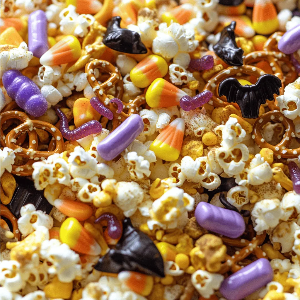 To make a fun Halloween snack mix, you need a few key ingredients. Here’s what to gather: - 2 cups popcorn (popped, preferably without butter) - 1 cup pretzel sticks - 1 cup candy corn - 1 cup Halloween-themed chocolate candies (e.g., orange and purple M&Ms) - 1/2 cup nuts (almonds or peanuts) - 1/2 cup pumpkin seeds - 1 teaspoon pumpkin spice - 1/4 cup melted white chocolate (for drizzling) - Optional: Gummy bats or worms for extra spooky flair Each ingredient adds its own special touch. The popcorn gives a light, crunchy base. Pretzel sticks add a salty twist. Candy corn brings that sweet, classic Halloween vibe. The chocolate candies add color and fun. Nuts and pumpkin seeds offer crunch and nutrition. Pumpkin spice gives it that cozy fall flavor. Finally, white chocolate drizzled on top makes everything extra yummy. You can also toss in gummy bats or worms for that spooky look. For the full recipe, check out the provided details. Enjoy mixing your ingredients and creating a tasty treat! To start, grab a large mixing bowl. Add 2 cups of popped popcorn, 1 cup of pretzel sticks, 1 cup of candy corn, and 1 cup of Halloween-themed chocolate candies. I love using orange and purple M&Ms for that spooky touch! Next, toss in 1/2 cup of nuts, like almonds or peanuts, and 1/2 cup of pumpkin seeds. Now, for some flavor! Sprinkle 1 teaspoon of pumpkin spice over the mix. Gently toss everything together until you coat the ingredients evenly. This base mix is crunchy and sweet, perfect for Halloween! Next, we need to melt the white chocolate. You can do this in a microwave-safe bowl. Heat it in short bursts, about 30 seconds at a time, until smooth. Once melted, take your baking sheet lined with parchment paper. Spread your base mix evenly on the sheet. Now, it’s time to drizzle! Use a spoon or spatula to zig-zag the melted white chocolate over the top. Then, gently fold the mix together. This helps the chocolate coat the ingredients well. You want each bite to be a treat! For an extra spooky flair, scatter some gummy bats or worms on top. This adds a fun look and chewy texture! Now, let the snack mix cool for about 15 minutes. This cooling time helps the chocolate harden. Once cooled, break the mix into clumps. Transfer it to a serving bowl or individual bags. This is perfect for handing out to friends or enjoying at home. For the full recipe, check back to the main ingredients section! To make the best Halloween snack mix, start with your base. Mix all the ingredients well. This gives you the best flavor. Use a large bowl so you have space to toss. Evenly distribute the flavors. This means every bite should taste great. Make sure you coat the popcorn and pretzels with pumpkin spice. It adds a nice touch. Gently fold the mix instead of stirring too hard. This keeps the pieces whole. How you serve your snack mix can make it more fun. Use clear bowls to show off the colors. You could also use Halloween-themed containers. Think about orange or black bags for gifts. For parties, you can make small bags. Tie them with a ribbon for an extra touch. This way, guests can grab and go. It makes your table look festive and inviting. If you're making this snack mix for friends with allergies, there are easy swaps. For a nut-free option, just leave out the nuts. You can add more seeds or dried fruit instead. For a vegan mix, skip the white chocolate drizzle. Use dark chocolate chips instead. They melt well and taste great. There are many ways to enjoy this mix while keeping everyone happy! {{image_2}} You can easily change the taste of your Halloween Snack Mix. Try adding different spices like cinnamon or nutmeg. These spices give a warm and cozy flavor. You can also switch up the chocolate. Use dark chocolate or milk chocolate instead of white. This change adds new flavors and fun to your mix. Make your mix special for any Halloween theme. Add seasonal candies like pumpkin-shaped gummies or ghost-shaped chocolates. These fun shapes make your snack mix more festive. You can also customize it for parties. Use colors that match your party theme, like all orange and black for a spooky vibe. Want a healthier snack? You can add dried fruits like cranberries or raisins. These fruits give a sweet taste without too much sugar. You can also include seeds like sunflower or chia. Reducing sugar? Try using dark chocolate with less sugar. This way, you keep the fun while making it a bit healthier. For the full recipe, check out the Spooky Halloween Snack Mix section. To keep your Halloween Snack Mix fresh, use airtight containers. Plastic or glass containers work well. They protect the mix from air and moisture. For added freshness, you can also use resealable bags. Just make sure to squeeze out the air before sealing. Your mix will last for about one week at room temperature. If you store it in the fridge, it can last up to two weeks. Just remember, the longer it sits, the less crunch it may have. If your snack mix feels a bit stale, don't worry! You can refresh it in the oven. Preheat your oven to 250°F (120°C). Spread the mix on a baking sheet. Bake it for about 10 minutes. This warms it up and brings back some crunch. For serving leftovers, you can use fun bowls or individual bags. A festive bowl adds to the Halloween spirit. Individual bags make great party favors, too! Enjoy your spooky treat! To make Halloween Snack Mix in bulk, first, multiply your ingredient amounts. For example, if you want to serve 20 people, double or triple the recipe. Here’s a quick breakdown: - Popcorn: Use 4 to 6 cups of popped popcorn. - Pretzel sticks: Increase to 2 to 3 cups. - Candy corn: Use 2 to 3 cups as well. - Chocolate candies: Aim for 1 to 1.5 cups of Halloween-themed chocolates. - Nuts and pumpkin seeds: Use about 1 to 1.5 cups each. - Pumpkin spice: Adjust to 2 teaspoons or more. - White chocolate: Melt about 1/2 cup for drizzling. Mix everything in a big bowl. Toss well to coat and serve in large containers or bags. Yes! You can prepare this snack mix a day or two in advance. Store it in an airtight container to keep it fresh. Here are some tips: - Cool completely: Let the mix cool before sealing. This helps keep it crunchy. - Keep it dry: Avoid adding any wet ingredients until you are ready to serve. - Use parchment paper: Line the container with parchment to absorb any moisture. If you do this, your snack mix will be ready to enjoy when you need it. For a fun Halloween Snack Mix, choose candies that add color and flavor. Here are some great options: - Chocolate: Use orange and purple M&Ms, Halloween-themed chocolate pretzels, or candy-coated chocolates. - Gummies: Gummy bats, worms, or pumpkin-shaped gummies add a spooky touch. - Candy corn: This classic candy gives a sweet crunch and fits the theme perfectly. You can mix and match based on your taste. Just keep it fun and festive! In this post, we explored how to create a fun Halloween snack mix. We covered the ingredients, preparation steps, and tips to make your mix stand out. Remember, you can easily customize flavors and themes to suit your needs. Don't forget about storage and reheating tips for your mix. This treat is perfect for parties or just a spooky night in. Enjoy crafting your unique Halloween snack mix and share it with friends and family!