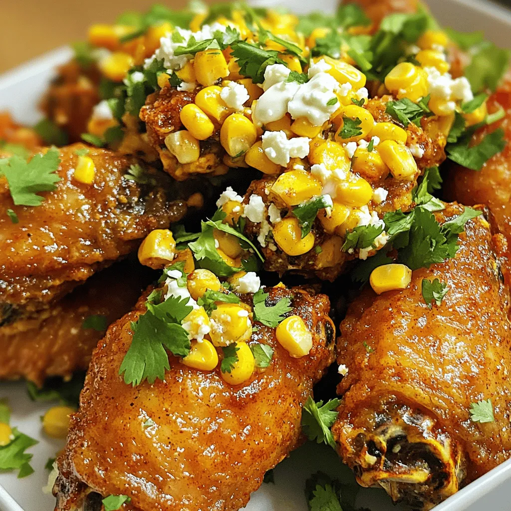 - 2 lb chicken wings - 1 cup corn kernels (fresh or frozen) - 1 tablespoon olive oil - 2 teaspoons chili powder - 1 teaspoon smoked paprika - 1 teaspoon garlic powder - Salt and pepper to taste - ¼ cup crumbled feta cheese - ¼ cup mayonnaise - 1 tablespoon lime juice - 2 tablespoons chopped fresh cilantro - Air fryer - Mixing bowls - Measuring spoons and cups - Tongs For this recipe, you will need fresh ingredients to create a burst of flavor. Start with the chicken wings; they are the main star of this dish. Make sure to rinse and dry them well. The corn adds a sweet crunch that pairs perfectly with the spices. You can use fresh corn or frozen corn kernels. Both work great! The spices bring the heat, while the feta cheese adds a creamy touch. Mayonnaise adds richness, and lime juice gives a zesty kick. Cilantro ties everything together with its fresh flavor. Gather your air fryer, mixing bowls, and measuring tools. The air fryer makes this recipe quick and easy. You can create crispy wings without deep frying. These tools help ensure you measure your ingredients accurately and mix well. For the full recipe, follow the steps closely to enjoy these Air Fryer Street Corn Wings. - Rinse and pat dry chicken wings. - Place wings in a large bowl. To start, you want clean wings. Rinsing helps remove any extra bits. Patting them dry ensures they get crispy later. A large bowl gives you space to work. - Mix olive oil and spices. - Coat the wings thoroughly. In a small bowl, combine olive oil, chili powder, smoked paprika, garlic powder, salt, and pepper. This blend adds depth to your wings. Pour this mix over your wings. Toss them well to coat every piece. - Preheat air fryer to 400°F (200°C). - Air fry wings for 25-30 minutes, shaking halfway. Set your air fryer to 400°F (200°C). Preheating is key for crispiness. Place the seasoned wings in a single layer. Air fry for 25 to 30 minutes. Shake the basket halfway through. This helps them cook evenly. Your wings are done when they reach 165°F (74°C). - Combine corn, feta, mayonnaise, lime juice, and cilantro in a bowl. - Mix until well blended. In a separate bowl, mix corn, crumbled feta, mayonnaise, lime juice, and chopped cilantro. This topping brings a bright taste to your wings. Make sure everything is mixed well. - Top cooked wings with street corn mixture. - Serve warm. Once the wings are done, remove them from the air fryer. Generously top the wings with your street corn mix. Enjoy these while warm for the best flavor. For the full recipe, check the details above. - Preheating for optimal results: Always preheat your air fryer. Set it to 400°F (200°C) for best results. This step helps the wings cook evenly and get crispy. - Avoiding overcrowding for even cooking: Don't crowd the basket. Leave space around the wings. This allows hot air to circulate, ensuring they cook evenly. If you have many wings, cook them in batches. - Alternative spices to enhance flavor: You can switch things up! Try adding cumin or paprika for a new twist. A dash of cayenne can bring heat and flavor. - Adjusting heat levels to your preference: If you like spice, add more chili powder or hot sauce. For milder wings, reduce the chili powder. Tailor the flavors to what you enjoy. - Garnishing with extra cilantro: Fresh cilantro adds color and flavor. Sprinkle it on top of the wings right before serving for a pop of freshness. - Plating ideas for serving: Serve the wings on a large platter. Arrange them nicely and place the street corn mixture on top. This makes a great visual for your guests. You can also serve with lime wedges for an extra zing. For the Full Recipe, follow the detailed steps to make these flavorful wings. {{image_2}} You can switch up the protein in this recipe. Using boneless chicken thighs gives a juicy bite. They cook well and soak up flavors just like wings. If you prefer plant-based options, try cauliflower. Cut it into wing-sized pieces and coat with the same spices. Air fry until golden and crispy. This makes a tasty, meat-free meal. Want to add some heat? Just drizzle hot sauce on top before serving. This brings a nice kick to each bite. You can also mix in different cheeses for extra flavor. Try queso fresco for a milder taste. Or use pepper jack for a spicy twist. Each cheese adds a unique touch to your wings. If you need gluten-free options, check your spices and sauces. Most are safe, but always read labels. You can also make this dish low-calorie. Use Greek yogurt instead of mayonnaise. This swap keeps the creaminess while cutting calories. You can enjoy delicious wings without the guilt. Each variation helps you make this recipe fit your needs. For the full recipe, check the main article. To store any leftover wings, let them cool down first. Place them in an airtight container. This keeps them fresh for up to three days. Glass or plastic containers work well. Make sure they seal tightly to stop air from getting in. You can freeze wings either before or after cooking. If you freeze them raw, season as normal. Place the wings in freezer bags and remove as much air as you can. If cooked, let them cool, then wrap them well. They can last up to three months. To thaw, place them in the fridge overnight for the best texture. When ready to eat, you can reheat the wings in your air fryer. Set it to 350°F (175°C) and heat them for about 5-7 minutes. This keeps them crispy. You can also use a microwave, but the texture may change. To keep them crispy, avoid using too much moisture. Yes, you can use frozen chicken wings. Just be aware they may take longer to cook. I suggest adding 5-10 minutes to the cooking time. Make sure they are fully thawed before seasoning for best results. Check the internal temperature of the wings. They should reach 165°F (74°C) to be safe to eat. A meat thermometer is your best friend here. If you don’t have one, cut into a wing to check. The meat should be white, not pink. I recommend using a medium-sized air fryer. Brands like Philips, Ninja, or Cosori are great choices. They have good reviews and can handle a variety of foods. Choose one with a basket that fits your kitchen space. To increase the heat, add more chili powder or cayenne pepper. You can also mix in some hot sauce with the corn topping. Just a little goes a long way! Tailor it to your taste for a fun twist. Absolutely! You can prep the wings and corn topping ahead of time. Store them in the fridge for up to three days. Just reheat the wings in the air fryer to keep them crispy. Enjoy your tasty meal all week! This blog post shared how to make tasty air-fried chicken wings topped with street corn. I detailed the ingredients you need, the tools to use, and gave step-by-step instructions. Tips on seasoning, storage, and variations help you customize the dish. Remember, you can swap proteins or adjust spices for your taste. Follow these easy steps, and you'll enjoy a delicious meal that everyone will love. Dive in, have fun in the kitchen, and enjoy your wings!