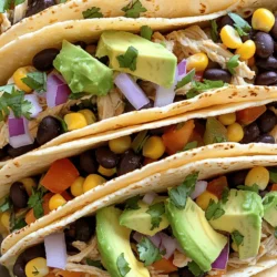 - 4 boneless, skinless chicken breasts - 1 can (15 oz) black beans, rinsed and drained - 1 can (15 oz) corn, drained - 1 medium red onion, diced - 2 bell peppers (any color), sliced - 2 cloves garlic, minced - 1 tablespoon chili powder - 1 teaspoon ground cumin - 1 teaspoon paprika - 1 teaspoon salt - ½ teaspoon black pepper - 1 cup low-sodium chicken broth - Juice of 2 limes - Corn tortillas for serving - Fresh cilantro, chopped, for garnish - Avocado slices, for topping (optional) These ingredients form the base of my healthy crockpot chicken tacos. Each item plays a big role in flavor and nutrition. For example, chicken breasts give you lean protein. Black beans and corn add fiber and vitamins. The spices bring warmth and depth. - Calories per serving: About 250 - Macronutrient breakdown: - Protein: 30g - Carbs: 30g - Fat: 5g This recipe is not just tasty; it also offers great health benefits. Chicken breasts provide protein for muscle health. Black beans boost fiber for digestion. The colorful bell peppers add vitamins A and C, great for your skin and eyes. For the full recipe, check the cooking instructions to see how easy this dish is to prepare. Enjoy your healthy meal! 1. To start, set up your crockpot. Make sure it is clean and ready to use. 2. Place the chicken breasts at the bottom of the crockpot. This helps them cook well. 3. Next, layer the rinsed black beans and corn over the chicken. This adds flavor and nutrition. 4. Add the diced red onion and sliced bell peppers on top. These give a nice crunch. 5. In a small bowl, mix the minced garlic, chili powder, cumin, paprika, salt, and black pepper. This spice mix is key to the flavor. 1. Pour the low-sodium chicken broth and lime juice over the top of everything. This keeps the chicken moist. 2. Cover the crockpot and set it to low for 6-8 hours or high for 3-4 hours. The chicken should be tender. 3. To check if the chicken is done, it should shred easily with a fork. If not, cook it a bit longer. 4. Once it's ready, use two forks to shred the chicken in the crockpot. Mix everything gently to combine. 5. Serve this mixture in warm corn tortillas. Top with fresh cilantro and avocado slices if you like. For the full recipe, check out the details above. Enjoy your healthy and tasty tacos! To make the best tacos, start with your spices. Fresh spices add big flavor. Use good quality chili powder, cumin, and paprika. Mix them well with the chicken and veggies. For chicken size, use about 6 to 8 ounces per piece. If your chicken breasts are larger, cook them longer. Aim for 6-8 hours on low heat or 3-4 hours on high heat. Your chicken should shred easily when done. To shred chicken, use two forks. Pull the chicken apart while it's still warm. This makes shredding quick and easy. Mix the shredded chicken back into the crockpot for even flavor. You can lower calories by using skinless chicken thighs instead of breasts. Thighs have more flavor and are juicy. Swap black beans for pinto beans for a different taste. To boost fiber, add more vegetables. Try zucchini or spinach. These veggies blend well with the other ingredients. They add color and nutrients. For tortillas, choose whole grain or corn varieties. Whole grain adds fiber and helps you feel full. Corn tortillas are gluten-free and delicious. They also add a nice crunch to your tacos. For the full recipe, check out the details above. {{image_2}} You can easily change the flavor of your tacos. Start by adding more spices. Try cayenne for heat or oregano for earthiness. You can also mix in fresh herbs like cilantro or parsley for extra zest. If you want to switch up the protein, turkey works great in this dish. Tofu is a nice option for a vegetarian meal. Simply cube the tofu and add it to the crockpot. For a vegetarian version, boost the beans and veggies. Use extra black beans or add kidney beans for more protein. You can mix in zucchini, spinach, or even sweet potatoes for extra nutrients. When serving tacos, think about side dishes. A fresh salad with lime dressing goes well. You can also serve tortilla chips and salsa for crunch. For toppings, try diced tomatoes or pickled jalapeños. Crumbled queso fresco adds a nice touch, too. Don't forget to offer lime wedges for that zesty kick! If hosting a gathering, set up a taco bar. Provide corn tortillas, your chicken mix, and various toppings. Let your guests build their own tacos for fun and variety. For the full recipe, check out the details above. To keep your leftover chicken tacos fresh, first cool the food. Let it sit at room temperature for no more than two hours. This helps prevent any bacteria growth. Once cooled, pack the tacos in airtight containers. Use glass or plastic containers with tight lids. These keep the tacos fresh and tasty. When you're ready to enjoy your tacos again, use the oven or microwave. For the oven, preheat it to 350°F (175°C). Place the tacos on a baking sheet. Heat for about 10-15 minutes. This method keeps the tortillas crispy and warm. If you prefer the microwave, place the tacos on a microwave-safe plate. Heat them for 30 seconds to 1 minute. Make sure to check if they are hot enough. You want the flavors to shine through, just like when they were fresh. How long do these tacos last in the fridge? These tacos stay fresh for about 3-4 days in the fridge. Store them in an airtight container. Can I freeze leftover taco filling? Yes, you can freeze the taco filling. It keeps well for 2-3 months. Just thaw and reheat when ready. What can I use if I don’t have a crockpot? If you lack a crockpot, use a heavy pot. Cook on low heat, stirring often. Are there gluten-free options for this recipe? Yes, use corn tortillas for a gluten-free option. Check labels to ensure they are certified gluten-free. Can I add more vegetables? Absolutely! Feel free to add zucchini, spinach, or carrots. Just chop them small for even cooking. What if I’m short on time? If you're pressed for time, cook on high for 3-4 hours. This will still yield tender chicken. How can I make this spicier? To add heat, increase chili powder or add diced jalapeños. You can also use hot sauce. Can this recipe be made dairy-free? Yes, this recipe is naturally dairy-free. Just skip any cheese toppings. Suitable for paleo or keto diets? Yes, this recipe fits both diets. Use lettuce wraps instead of tortillas for keto. How to customize for food allergies? To avoid allergens, swap out beans or corn as needed. Ensure all ingredients are allergy-friendly. For the full recipe, including preparation and cooking instructions, be sure to check out the [Full Recipe]. This blog post shared a simple taco recipe with tasty chicken, beans, and spices. I walked you through the ingredients, cooking steps, and expert tips to make your tacos shine. Remember, you can adjust the recipe for your taste and health needs. It’s easy to customize with veggies, flavors, or tortillas. Don’t forget the sides and toppings to make it special. Now, you are ready to create memorable taco nights that friends and family will love. Enjoy cooking and experimenting with new flavors!