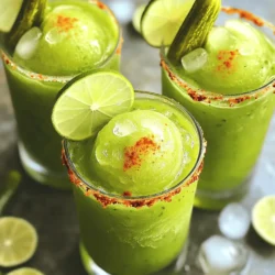 - 1 cup pickle juice - 1 medium cucumber, chopped - 1 lime, juiced - 1 tablespoon agave syrup (or honey) - 2 cups ice - ½ teaspoon chili powder (optional) - Slices of lime - Slices of pickles For my Pickle Margarita Slushies, I love to keep it simple yet flavorful. The main ingredients shine with the tang of pickle juice, the fresh crunch of cucumber, and zesty lime juice. These flavors blend together to create a unique drink that is both refreshing and fun. I often add agave syrup for sweetness. You can use honey too. The ice gives it that perfect slushy texture. If you want to kick it up a notch, sprinkle in some chili powder. That little heat makes it exciting! Don't forget the garnishes! Slices of lime and pickles look great and add extra flavor. You can find the full recipe for these delightful slushies in the recipe section above. Enjoy your refreshing summer drink! Start by grabbing your blender. Add 1 cup of pickle juice, 1 chopped medium cucumber, the juice from 1 lime, and 1 tablespoon of agave syrup. This mix creates a unique flavor base. The pickle juice gives a salty bite, while the cucumber adds freshness. The lime juice adds a tart kick. The agave syrup balances everything with sweetness. Now, blend the mixture until it’s smooth. Make sure the cucumber is fully pureed. You want a nice, even texture. This step is key for the slushie's taste and feel. If you see any chunks, blend a little longer. This will ensure every sip is refreshing. Once blended, it’s time for the ice. Add 2 cups of ice to the blender. Blend again until the mixture is slushy and smooth. Taste your slushie now. If it needs more sweetness, add extra agave syrup. You can also sprinkle in ½ teaspoon of chili powder for a spicy twist. Blend briefly to mix it in. Now, pour your slushie into chilled glasses. Garnish with lime and pickle slices for a fun touch. Enjoy your pickle margarita slushies! For the full recipe, check out the detailed steps above. I always choose high-quality pickle juice. It makes a big difference in the taste. Look for juice that is fresh and tangy. You want that perfect balance of sour and salty. Try different brands to find your favorite. Each one can change the flavor of your slushie. A good pickle juice gives your drink a strong, bright flavor. Sweetness can change the whole drink. You can use agave syrup or honey to sweeten your slushie. Start with the amount in the recipe and taste it. If it’s too tart, add a little more. Just a small change can make it perfect for you. You can also try other sweeteners, like maple syrup. Have fun with it! Serving your Pickle Margarita Slushies cold is key. Chill your glasses in the freezer for a bit. This keeps your drink icy and refreshing. Plus, it looks great when served in chilled glasses. Trust me, the colder, the better! Enjoy that slushy goodness on a hot summer day. {{image_2}} You can spice up your pickle margarita slushie easily. Consider adding chili powder or Tajín. This will give your drink a fun kick. Just add about half a teaspoon during the blending step. You can also adjust the amount to match your taste. A little spice can make the drink even more exciting! If you want to change the sweetness, try different sweeteners. Maple syrup or stevia can be great options. Using maple syrup adds a rich flavor. Stevia provides sweetness without extra calories. Just swap out the agave syrup for these options in the recipe. This lets you play with flavors and find what you love. Think about blending in other fruits, too! Watermelon and pineapple are both delicious choices. They add a fruity twist to your slushie. Just chop the fruit and toss it in the blender. Blend it all together until smooth. This makes the slushie even more refreshing on a hot day. Plus, it’s a fun way to mix things up. For the full recipe, check out the Pickle Margarita Slushies section. To store leftover slushies, pour them into an airtight container. Seal it tight to keep air out. You can keep them in the fridge for up to two days. After that, the slushies may lose their texture and taste. When you're ready to enjoy, give them a quick stir. This helps mix flavors that may have settled. If you want to keep slushies longer, freezing is the way to go. Pour the slushie mixture into ice cube trays or freezer-safe bags. This helps you save space and keeps the slushies fresh. When you want to enjoy one, take out the slushie and let it thaw for about 15-20 minutes. You can also pop them back in the blender for a fresh, slushy texture. After storing, you may need to re-blend the slushie. Just pop it into the blender with a splash of pickle juice or water. Blend until smooth again. This restores the slushie's icy texture. Make sure to taste it again, as freezing may change the flavor slightly. Adjust sweetness if needed, and enjoy your refreshing drink! A Pickle Margarita Slushie is a fun twist on the classic margarita. It mixes tart pickle juice, fresh cucumber, and zesty lime. This drink has a bright, salty, and slightly sweet flavor. You blend these ingredients with ice, creating a refreshing slushy texture. The optional chili powder adds a nice kick, making it unique and exciting. You can find the Full Recipe for this drink above. Yes, you can prepare some parts ahead of time. Blend the pickle juice, cucumber, lime juice, and agave syrup. Store this mixture in the fridge for up to a day. Just add ice and blend before serving. If you want to freeze it, pour the slushie into a container and freeze for later. When ready to serve, just re-blend the mixture for a fresh slushy. Pickle Margarita Slushies pair well with savory snacks. Try serving them with chips and guacamole for a tasty combo. You can also enjoy them with spicy tacos or grilled shrimp. For a lighter option, serve with fresh veggie skewers. These pairings enhance the drink’s flavors and make for a fun summer meal! This blog post explores the fun recipe for a Pickle Margarita Slushie. We covered key ingredients like pickle juice and fresh cucumber, plus extra options to customize your drink. Remember tips for serving it cold and experimenting with flavors. You can even add fruits or spices for a special touch. Enjoy this unique slushie at your next gathering. It's sure to impress and delight!