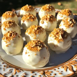 - 1 cup cream cheese, softened - 1 cup pumpkin puree - 1 cup powdered sugar - 1 teaspoon vanilla extract - 1 teaspoon pumpkin pie spice - 1 cup graham cracker crumbs - 1 cup white chocolate chips - 2 tablespoons coconut oil (optional) - Extra graham cracker crumbs or crushed pecans for rolling To make these truffles, you need a mix of sweet and creamy ingredients. The cream cheese adds richness. Pumpkin puree gives it that warm, fall flavor. Powdered sugar sweetens it all up. Vanilla extract adds a nice touch of aroma. Pumpkin pie spice brings in that cozy taste we love. The graham cracker crumbs form the base. They add texture and that classic cheesecake flavor. White chocolate chips melt into a sweet coating. The coconut oil is optional but helps create a smooth chocolate finish. You can also roll the truffles in more crumbs or crushed pecans for extra crunch. - Various types of chocolate for coating - Flavored extracts like almond or maple Feel free to switch it up! You can use dark, milk, or even colored chocolates to coat your truffles. Adding flavored extracts like almond or maple can give your truffles a unique twist. These options let you customize your treat to your liking. 1. Mixing the cream cheese and pumpkin: Start by taking a medium bowl. Add 1 cup of softened cream cheese and 1 cup of pumpkin puree. Mix these well until smooth. You want to blend the cream cheese and pumpkin perfectly. Then, add 1 cup of powdered sugar, 1 teaspoon of vanilla extract, and 1 teaspoon of pumpkin pie spice. Stir these ingredients until they form a creamy mixture. 2. Incorporating the graham cracker crumbs: Gradually add 1 cup of graham cracker crumbs to the creamy mixture. Use a spatula or your hands to mix until it thickens. The mixture should be moldable but not too sticky. This texture is key for shaping your truffles. 3. Freezing the truffles for the right texture: After mixing, take small amounts of the mixture and roll them into balls. Aim for about 1 inch in diameter. Place these on a parchment-lined baking sheet. Then, freeze the truffles for about 30 minutes. This step helps them firm up and makes them easier to coat. 4. Melting and preparing the white chocolate: While the truffles chill, melt 1 cup of white chocolate chips. You can do this in a heatproof bowl set over simmering water. This method is called a double boiler. If you want, you can add 2 tablespoons of coconut oil to the chocolate. This makes the chocolate thinner and easier to coat the truffles. 5. Rolling in graham cracker crumbs or nuts: Once the truffles are firm, take them out of the freezer. Dip each truffle into the melted white chocolate. Make sure each one is fully coated. After dipping, roll them in extra graham cracker crumbs or crushed pecans to add texture and flavor. 6. Setting the truffles for serving: Place the coated truffles back on the baking sheet. Refrigerate them until the chocolate sets completely, which takes about 30 minutes. This final step ensures your truffles are ready to enjoy and look great on a plate. For the full recipe, check the comprehensive instructions provided above. - Ensuring the cream cheese is properly softened: Start with cream cheese at room temperature. This helps mix it smoothly with the pumpkin puree. If it's too cold, the truffles will be lumpy. - Adjusting sweetness to personal preference: Taste the filling before you form the truffles. If you want them sweeter, add more powdered sugar a little at a time. - Overmixing the filling: Mix just until combined. Overmixing can make the truffles tough instead of creamy. - Not allowing the truffles to chill enough: Chilling is key to firming up the truffles. If they are too soft, they will not hold their shape when dipped in chocolate. These tips will help you create the perfect pumpkin cheesecake truffles. For the full recipe, you can refer to the earlier section. {{image_2}} You can change the taste of your Pumpkin Cheesecake Truffles easily. Try using chocolate or dark chocolate coating. This switch adds a rich flavor that pairs well with the sweet pumpkin. You can also add flavored extracts or spices to the mix. Almond extract or a hint of nutmeg can give a unique twist. These simple changes let you customize your truffles to fit your taste. If you're looking for gluten-free options, swap out the graham cracker crumbs. Use crushed nuts or gluten-free cookies instead. This way, everyone can enjoy the treat. For vegan adaptations, use dairy-free cream cheese and chocolate. Coconut cream can also replace regular cream cheese for a delicious option. These tweaks make the truffles inclusive for different diets. For the full recipe, check out the details above! To keep your pumpkin cheesecake truffles fresh, use an airtight container. This will stop moisture from getting in and ruining the texture. You can layer the truffles with parchment paper to avoid sticking. Store them in the fridge for up to one week. This keeps them cool and tasty for your next treat. If you want to save some truffles for later, freezing is a great option. Place the truffles in a single layer on a baking sheet. Freeze them for about an hour until they are hard. Then, transfer them to a freezer-safe bag or container. They can last up to three months in the freezer. When you’re ready to enjoy them, thaw the truffles in the fridge overnight. This helps keep them creamy and delicious. Avoid thawing them at room temperature, as this can make them too soft and lose their nice shape. For the full recipe, check out the complete instructions above. Yes, you can prepare these truffles ahead. I suggest making them one to two days before you plan to serve. This gives the flavors time to blend. Just store them in the fridge in an airtight container. If you don’t have pumpkin puree, you can use butternut squash puree. It has a similar taste and texture. Sweet potato puree also works well. Both options give you that nice, sweet fall flavor. These truffles stay fresh for up to one week in the fridge. To keep them longer, store them in the freezer. They can last up to three months when frozen. Just thaw them in the fridge before serving. Enjoy these sweet treats with friends and family! These pumpkin cheesecake truffles are easy and fun to make. We covered key ingredients, from cream cheese to graham cracker crumbs. I shared steps to mix, chill, and coat them for the best taste. Tips help avoid mistakes, and variations allow for creativity. Store them right for lasting flavor. Enjoy these treats anytime, and feel free to tweak them to your taste. You have the tools to make something yummy that fits your style. Happy making!