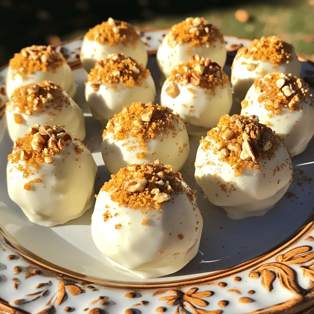 - 1 cup cream cheese, softened - 1 cup pumpkin puree - 1 cup powdered sugar - 1 teaspoon vanilla extract - 1 teaspoon pumpkin pie spice - 1 cup graham cracker crumbs - 1 cup white chocolate chips - 2 tablespoons coconut oil (optional) - Extra graham cracker crumbs or crushed pecans for rolling To make these truffles, you need a mix of sweet and creamy ingredients. The cream cheese adds richness. Pumpkin puree gives it that warm, fall flavor. Powdered sugar sweetens it all up. Vanilla extract adds a nice touch of aroma. Pumpkin pie spice brings in that cozy taste we love. The graham cracker crumbs form the base. They add texture and that classic cheesecake flavor. White chocolate chips melt into a sweet coating. The coconut oil is optional but helps create a smooth chocolate finish. You can also roll the truffles in more crumbs or crushed pecans for extra crunch. - Various types of chocolate for coating - Flavored extracts like almond or maple Feel free to switch it up! You can use dark, milk, or even colored chocolates to coat your truffles. Adding flavored extracts like almond or maple can give your truffles a unique twist. These options let you customize your treat to your liking. 1. Mixing the cream cheese and pumpkin: Start by taking a medium bowl. Add 1 cup of softened cream cheese and 1 cup of pumpkin puree. Mix these well until smooth. You want to blend the cream cheese and pumpkin perfectly. Then, add 1 cup of powdered sugar, 1 teaspoon of vanilla extract, and 1 teaspoon of pumpkin pie spice. Stir these ingredients until they form a creamy mixture. 2. Incorporating the graham cracker crumbs: Gradually add 1 cup of graham cracker crumbs to the creamy mixture. Use a spatula or your hands to mix until it thickens. The mixture should be moldable but not too sticky. This texture is key for shaping your truffles. 3. Freezing the truffles for the right texture: After mixing, take small amounts of the mixture and roll them into balls. Aim for about 1 inch in diameter. Place these on a parchment-lined baking sheet. Then, freeze the truffles for about 30 minutes. This step helps them firm up and makes them easier to coat. 4. Melting and preparing the white chocolate: While the truffles chill, melt 1 cup of white chocolate chips. You can do this in a heatproof bowl set over simmering water. This method is called a double boiler. If you want, you can add 2 tablespoons of coconut oil to the chocolate. This makes the chocolate thinner and easier to coat the truffles. 5. Rolling in graham cracker crumbs or nuts: Once the truffles are firm, take them out of the freezer. Dip each truffle into the melted white chocolate. Make sure each one is fully coated. After dipping, roll them in extra graham cracker crumbs or crushed pecans to add texture and flavor. 6. Setting the truffles for serving: Place the coated truffles back on the baking sheet. Refrigerate them until the chocolate sets completely, which takes about 30 minutes. This final step ensures your truffles are ready to enjoy and look great on a plate. For the full recipe, check the comprehensive instructions provided above. - Ensuring the cream cheese is properly softened: Start with cream cheese at room temperature. This helps mix it smoothly with the pumpkin puree. If it's too cold, the truffles will be lumpy. - Adjusting sweetness to personal preference: Taste the filling before you form the truffles. If you want them sweeter, add more powdered sugar a little at a time. - Overmixing the filling: Mix just until combined. Overmixing can make the truffles tough instead of creamy. - Not allowing the truffles to chill enough: Chilling is key to firming up the truffles. If they are too soft, they will not hold their shape when dipped in chocolate. These tips will help you create the perfect pumpkin cheesecake truffles. For the full recipe, you can refer to the earlier section. {{image_2}} You can change the taste of your Pumpkin Cheesecake Truffles easily. Try using chocolate or dark chocolate coating. This switch adds a rich flavor that pairs well with the sweet pumpkin. You can also add flavored extracts or spices to the mix. Almond extract or a hint of nutmeg can give a unique twist. These simple changes let you customize your truffles to fit your taste. If you're looking for gluten-free options, swap out the graham cracker crumbs. Use crushed nuts or gluten-free cookies instead. This way, everyone can enjoy the treat. For vegan adaptations, use dairy-free cream cheese and chocolate. Coconut cream can also replace regular cream cheese for a delicious option. These tweaks make the truffles inclusive for different diets. For the full recipe, check out the details above! To keep your pumpkin cheesecake truffles fresh, use an airtight container. This will stop moisture from getting in and ruining the texture. You can layer the truffles with parchment paper to avoid sticking. Store them in the fridge for up to one week. This keeps them cool and tasty for your next treat. If you want to save some truffles for later, freezing is a great option. Place the truffles in a single layer on a baking sheet. Freeze them for about an hour until they are hard. Then, transfer them to a freezer-safe bag or container. They can last up to three months in the freezer. When you’re ready to enjoy them, thaw the truffles in the fridge overnight. This helps keep them creamy and delicious. Avoid thawing them at room temperature, as this can make them too soft and lose their nice shape. For the full recipe, check out the complete instructions above. Yes, you can prepare these truffles ahead. I suggest making them one to two days before you plan to serve. This gives the flavors time to blend. Just store them in the fridge in an airtight container. If you don’t have pumpkin puree, you can use butternut squash puree. It has a similar taste and texture. Sweet potato puree also works well. Both options give you that nice, sweet fall flavor. These truffles stay fresh for up to one week in the fridge. To keep them longer, store them in the freezer. They can last up to three months when frozen. Just thaw them in the fridge before serving. Enjoy these sweet treats with friends and family! These pumpkin cheesecake truffles are easy and fun to make. We covered key ingredients, from cream cheese to graham cracker crumbs. I shared steps to mix, chill, and coat them for the best taste. Tips help avoid mistakes, and variations allow for creativity. Store them right for lasting flavor. Enjoy these treats anytime, and feel free to tweak them to your taste. You have the tools to make something yummy that fits your style. Happy making!