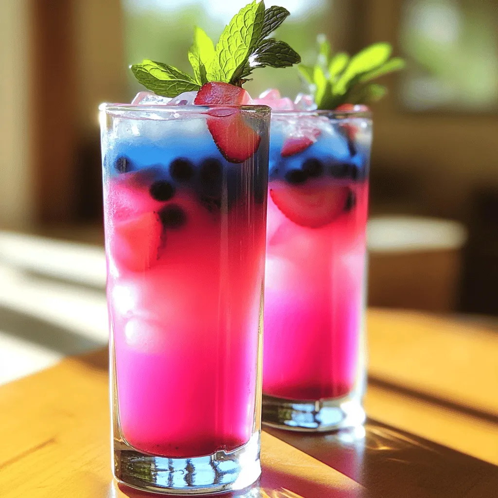 - 1 cup fresh strawberries, hulled and sliced - 1 cup blueberries - 1 lemon, juiced - 2 tablespoons honey or agave syrup (adjust for sweetness) - 2 cups coconut water - 1 cup sparkling water - Fresh mint leaves for garnish - Ice cubes You can adjust the sweetness by changing the amount of honey or agave. If you prefer, use maple syrup or stevia instead. For a more tart drink, add more lemon juice. You can also swap coconut water with plain water or fruit juice if you like. Remember, the key is to keep the fruity base strong! Strawberries are full of vitamins, fiber, and antioxidants. They help boost your immune system and reduce inflammation. Blueberries are great for brain health and rich in nutrients. Lemon juice adds vitamin C, which helps with hydration and skin health. Coconut water is nature's drink that hydrates you and replenishes electrolytes. Mint gives a fresh taste and helps with digestion. Enjoy this drink not just for its taste but also for its health perks! 1. Start by hulling and slicing the fresh strawberries. This helps release their juicy goodness. 2. In a blender, add the sliced strawberries, lemon juice, and your choice of honey or agave syrup. Blend until smooth. 3. Strain this mixture through a fine mesh sieve. This removes seeds and gives you a lovely pink juice. 4. Now, take the blueberries. In a separate blender, combine them with 1/2 cup of coconut water. Blend well until smooth. 5. Strain the blueberry mix through a sieve, too. This will give you a bright blue juice. 6. Grab a large pitcher. Mix the remaining coconut water with sparkling water. This will be your drink base. 7. Take serving glasses and pour the pink strawberry juice in each glass, filling them about one-third full. 8. For the fun part, gently pour the blue blueberry juice over the back of a spoon into each glass. This helps it float on top of the pink layer. 9. Lastly, add ice cubes to each glass. Garnish with fresh mint leaves for a pop of color. - Always use ripe fruits for the best flavor. - Blend in small batches to ensure everything mixes well. - Use a fine mesh sieve for a smooth juice without pulp. - If you want a thicker drink, skip straining the fruit completely. - For easy pouring, use a pitcher with a spout. Making this drink takes about 15 minutes. You can serve it in tall glasses for a fun summer vibe. This drink is great for parties or a relaxing day at home. You can also pair it with light snacks like fruit skewers or chips and salsa to keep things fresh and fun. If you want the full recipe, just check the earlier section! To make your Pink and Blue Refresher Drink extra tasty, focus on your fruit. Fresh strawberries and blueberries pack a punch. The sweeter the fruit, the less sweetener you need. You can also try adding a splash of lime juice for a zesty twist. If you want it sweeter, add more honey or agave syrup. Always taste your mix before serving. Adjust until it’s just right for you! The right glass can make your drink pop. I love using tall, clear glasses. These show off the beautiful pink and blue layers. You can also use mason jars for a fun, rustic look. If you want a fancy touch, try using stemmed glasses. Just remember, clear glass lets the colors shine through, making it more appealing. When making this drink, avoid blending all ingredients at once. Blend the fruits separately to keep the colors distinct. If you pour the juices too fast, they might mix instead of layering. Use a spoon to gently pour the blue juice over the pink. Lastly, don’t skip the straining step. It removes seeds and pulp, giving you a smooth drink. For more tips, check the Full Recipe! {{image_2}} You can easily turn your Pink and Blue Refresher into a fun cocktail. For a fruity twist, add a splash of vodka or rum. The light flavors of these spirits mix well with the drink. Use about one ounce per glass. If you want a more tropical vibe, try coconut rum. This adds sweetness without changing the drink's look. If you prefer a non-alcoholic drink, there are great options. Replace the alcohol with more coconut water or sparkling water. For a fun twist, use herbal teas like hibiscus or chamomile. These add flavor and color without any alcohol. You can also use flavored sparkling waters. They come in many fun tastes, like lemon or berry. You can swap ingredients based on the season. In spring, use fresh raspberries instead of strawberries. They add a nice tartness. In the fall, try using apples or pears for a cozy taste. The blue layer can also change; use blackberries or even grapes. These swaps keep your drink fresh and fun all year long. For the full recipe, check the main section. If you have leftover Pink and Blue Refresher Drink, store it in a clean jar. Use an airtight lid to keep it fresh. Place it in the fridge. Drink it within two days for the best flavor. The drink may separate, so shake it gently before serving again. You can freeze the juices for future use. Pour the pink and blue juices into ice cube trays. Freeze them until solid. Once frozen, pop them out and store in a freezer bag. This way, you can enjoy a quick refresher anytime. Just add the frozen cubes to coconut water and sparkling water for a quick drink. Always use fresh fruits for the best taste. Check your fruits for ripeness before using them. Store the drink in a cool place. Avoid leaving it out too long, especially on hot days. Keep mint leaves separate until you're ready to serve. This keeps them fresh and flavorful. Yes, you can use frozen fruit! Frozen strawberries and blueberries will work well. They add a nice chill to the drink. Just blend them as you would with fresh fruit. This is a great way to enjoy this drink year-round. Plus, it saves time and reduces waste. If you are using frozen fruit, you might not need ice cubes. This drink is easy to make vegan! Simply replace honey with agave syrup. Agave is sweet and works great. Make sure your coconut water is pure and unsweetened. This keeps your drink fresh and tasty. You can also add more fruit for extra sweetness. This way, everyone can enjoy a refreshing sip! Serve this drink at any summer gathering! It’s perfect for picnics, BBQs, or pool parties. The vibrant colors make it fun and festive. You can also serve it at birthday parties or brunch. It’s a hit with both kids and adults. This drink adds a special touch to any warm day. For the full recipe, check the earlier section. In this article, we explored the Pink and Blue Refresher Drink. We covered ingredients, step-by-step instructions, tips, variations, and storage info. Each section offers simple ways to create a tasty drink that suits your needs. Remember, this drink is easy to make and fun to share. Use fresh or frozen fruit, and try different flavors. You can enjoy it anytime, whether for an event or a warm day at home. Now, it’s your turn to mix up this refreshing drink!