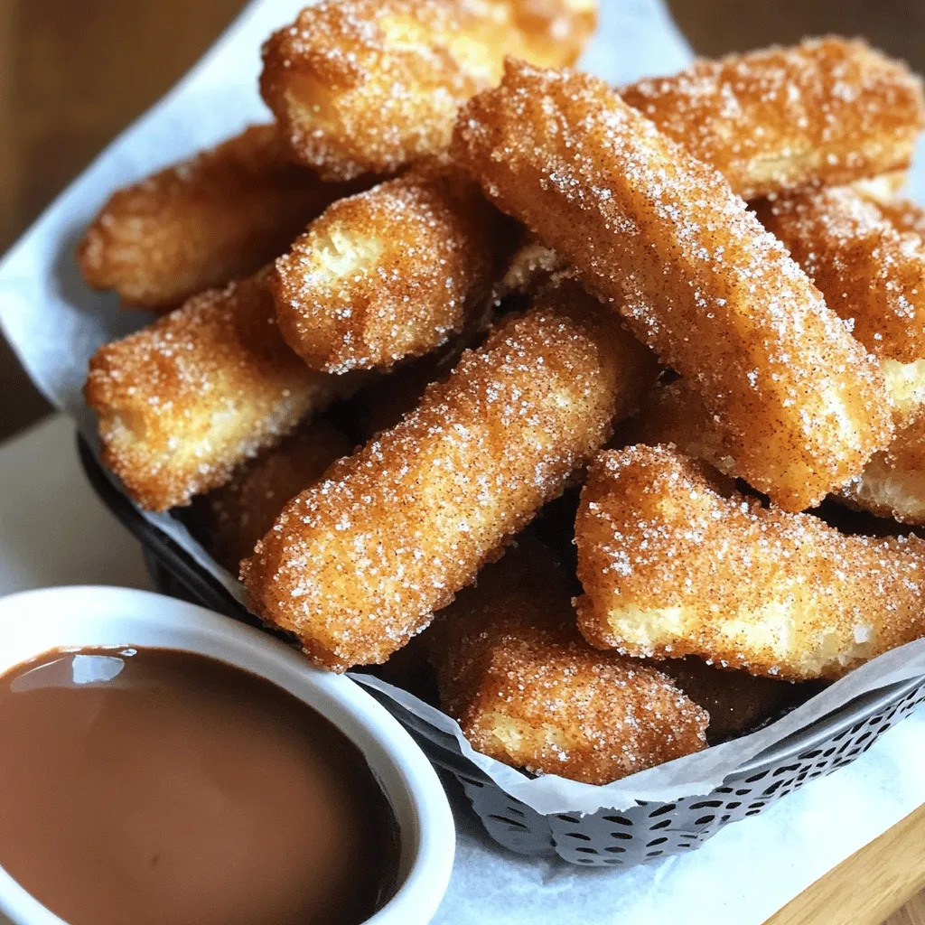 To make delicious air fryer churro bites, you need a few key ingredients: - 1 cup all-purpose flour - 1 tablespoon granulated sugar - 1 teaspoon baking powder - ½ teaspoon salt - 1 cup water - 2 tablespoons unsalted butter - 1 teaspoon vanilla extract - 1 tablespoon ground cinnamon - ½ cup granulated sugar (for coating) - Cooking spray Using fresh ingredients is crucial. Fresh flour and butter enhance flavor. Quality vanilla makes a big difference too. Always check the expiration dates on your ingredients. This small step ensures your churro bites taste their best. You can customize your churro bites for added fun. Here are some ideas: - Chocolate chips: Fold in chocolate chips for a sweet surprise. - Coconut flakes: Add coconut for a tropical twist. - Different spices: Try nutmeg or ginger for unique flavors. If you have dietary needs, you can adjust the recipe. Use gluten-free flour instead of all-purpose flour. For lower sugar, use a sugar substitute. These changes keep the taste while fitting your lifestyle. To make the dough, start by boiling water, butter, and one tablespoon of sugar in a medium saucepan. Heat this on medium until it bubbles. After it boils, remove the pan from the heat. Quickly stir in the flour, baking powder, and salt. Mix until a dough forms. Let the dough cool for about five minutes. This cooling time helps the dough set. If you skip this step, the dough can be too hot to handle, making it hard to pipe. Before cooking, preheat your air fryer to 375°F (190°C). This step is key for even cooking. While it preheats, transfer your cooled dough into a piping bag with a star tip. Pipe small pieces of dough, about one inch long, onto a parchment-lined baking sheet. After you pipe the dough, lightly spray the churro bites with cooking spray. This helps them crisp up in the air fryer. Place the churro bites in a single layer in the basket. Cook them for 10 to 12 minutes until they turn golden brown. Shake the basket halfway through. This ensures they cook evenly. Once the churro bites are done, roll them in a mix of cinnamon and sugar. Use a shallow bowl for easy coating. Make sure each bite is fully covered in the sweet mixture. For presentation, serve the churro bites in a small basket lined with parchment paper. Add a warm chocolate or caramel sauce on the side for dipping. This adds a fun touch to your delicious treat. Enjoy your crispy Air Fryer Churro Bites! For the detailed recipe, check out the Full Recipe. To make sure your churro bites cook evenly, follow these tips: - Preheat your air fryer: Always preheat your air fryer to 375°F (190°C). This helps the churros cook faster and evenly. - Avoid overcrowding: Place the churro bites in a single layer. This allows hot air to circulate around them, giving you that perfect crunch. - Shake the basket: Halfway through cooking, give the basket a shake. This helps all sides crisp up nicely. Common mistakes can ruin your churro bites: - Skipping the cooling step: Letting the dough cool for five minutes is key. It helps prevent a soggy texture. - Not using cooking spray: A light spray keeps the churros from sticking and helps them brown beautifully. Want to take your churro bites to the next level? Try these ideas: - Add spices or extracts: Mix a pinch of nutmeg or a drop of almond extract into the dough for extra flavor. You can even use orange zest for a citrus twist. - Dipping sauces: Serve your churro bites with warm chocolate sauce or caramel. You can also try fruit sauces for a fresh taste. {{image_2}} You can make churro bites that are not just classic. Try adding chocolate or caramel. To create chocolate churro bites, mix cocoa powder into the dough. For caramel, drizzle melted caramel on top after cooking. Seasonal flavors can also be fun. In fall, add pumpkin spice to the dough for a cozy taste. In winter, try peppermint extract for a festive twist. These small changes can make your churros special for any occasion. If you need a gluten-free option, swap the all-purpose flour for a gluten-free blend. This will keep the churro bites just as tasty. For those looking to cut sugar, use a sugar substitute. You can also add almond flour for a low-carb version. If you want to go keto, reduce the sugar in the coating. Just remember to adjust the cinnamon to keep the flavor strong. These diet-friendly versions ensure everyone can enjoy churro bites. For the full recipe, check out the detailed steps. To keep your churro bites crispy, store them correctly. Place them in an airtight container. This helps lock out moisture. Line the bottom with paper towels to absorb any extra moisture. This keeps the churros from getting soggy. You can keep them at room temperature for one day. If you want them to last longer, store them in the fridge for up to three days. Just remember, churros are best fresh! When reheating churro bites, the air fryer works best. Preheat it to 350°F (175°C). Place the churros in the basket for about 3-4 minutes. This will help them regain their crispiness. You could use a microwave, but it may make them soft. If you do use a microwave, heat them for just 10-15 seconds. Check often to make sure they don't overheat. This way, your churro bites stay fresh and tasty! For the full recipe, check the earlier sections. To make churro bites crisp, I focus on a few key steps. First, I use the right amount of cooking spray. This helps the churros brown nicely. Next, I preheat the air fryer. A hot fryer cooks the churros quickly, creating a crispy outside. I also recommend shaking the basket halfway through cooking. This ensures even heat distribution. Finally, rolling the churro bites in cinnamon sugar right after cooking adds a delightful crunch. You can use frozen churro dough in an air fryer, but I prefer homemade dough. Frozen dough often lacks the fresh taste and texture of homemade. If you go the frozen route, make sure to thaw it first. This helps it cook evenly. Homemade dough allows you to customize flavors and control the ingredients. Plus, it gives a fresher taste overall. When choosing an air fryer for churros, I look for a few features. A model with a good temperature range is key. Some top-rated models include the Philips TurboStar and the Ninja Foodi. Both of these receive great user reviews. They cook evenly and have large baskets. This makes it easy to cook multiple churro bites at once. Always check user feedback to find the best fit for you. You've learned how to make delicious air fryer churro bites. We discussed key ingredients, including how fresh ones enhance flavor. You saw various ways to customize your churros for diet needs and flavor preferences. Following the step-by-step instructions helps you master this treat. Plus, the tips and tricks ensure perfect texture and storage. Don’t forget to experiment with different variations! Now, grab your air fryer and enjoy your tasty creations.