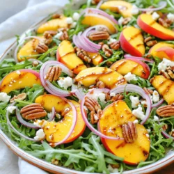 - 4 ripe peaches, pitted and sliced - 4 cups arugula or mixed salad greens - 1/2 cup crumbled feta cheese - 1/4 cup toasted pecans or walnuts - 1/4 red onion, thinly sliced - 2 tablespoons honey - 2 tablespoons balsamic vinegar - 2 tablespoons olive oil - Salt and pepper to taste For the best flavors, choose organic peaches. They taste sweeter and have better texture. Fresh arugula adds a peppery kick that makes this salad shine. Look for feta cheese that is creamy and crumbly for the perfect contrast to the juicy peaches. - A large bowl for mixing all the ingredients - A whisk to blend the dressing smoothly - A sharp knife and cutting board for slicing peaches These tools help you work efficiently. A good knife makes slicing peaches quick and easy. A large bowl allows you to toss the salad without spills. Enjoy the process of making this fresh summer peach salad! To make the dressing, you need: - 2 tablespoons honey - 2 tablespoons balsamic vinegar - 2 tablespoons olive oil - Salt and pepper to taste Start by adding the honey, balsamic vinegar, and olive oil into a small bowl. Use a whisk to mix them well. This helps blend the flavors smoothly. Season with salt and pepper to suit your taste. Let the dressing sit while you prepare the salad. This waiting time lets the flavors deepen. For the peaches, slice them into thin wedges. First, cut the peach in half along the pit. Twist the halves to separate them. Remove the pit and slice each half into thin pieces. Set the slices aside. Now, wash your salad greens. Rinse the arugula in cold water to remove dirt. Shake off the excess water or pat dry with a paper towel. This way, your greens stay crisp and fresh. Begin layering the salad for a beautiful look. In a large bowl, add the arugula or mixed greens first. Next, arrange the peach slices over the greens. Sprinkle the thinly sliced red onion over the peaches. Then, add the crumbled feta cheese and toasted nuts for crunch. Finally, drizzle the dressing over the top just before serving. Gently toss the salad to mix it all, but avoid smashing the peaches. This creates a colorful and tasty dish that everyone will enjoy. For the full recipe, refer to the earlier section! To make your Fresh Summer Peach Salad shine, you can adjust the sweetness with honey. If your peaches are not very sweet, add more honey to the dressing. This will make the salad taste bright and fresh. You want a nice balance. Next, balance acidity with balsamic vinegar. This helps the flavors pop. A little vinegar can cut through the sweetness of the peaches. Start with two tablespoons and taste as you go. You can always add more! You can prep ingredients in advance. Slice your peaches and store them in a bowl. To keep them fresh, add a little lemon juice. This keeps them from browning. For the greens, wash and dry them well. Store them in a container with a paper towel. This keeps them crisp until you are ready to use them. Plating your salad nicely makes it more fun to eat. Use a large, shallow platter to serve it. Arrange the peaches in a circle over the greens. This makes it look pretty and inviting. Garnish with fresh herbs like mint or basil. Edible flowers also add a nice touch. They make your salad look special and taste great, too! Don’t forget to check the Full Recipe for more details! {{image_2}} You can easily swap out peaches for other fruits. Nectarines work well and taste similar. Apples are also a good choice if you prefer a crunchier texture. For greens, arugula is great, but mixed salad greens add variety. Spinach or kale can also make a nice base. To make your salad more filling, add some protein. Grilled chicken is a popular choice. You can use shredded or chopped chicken for easier eating. Grilled shrimp is another option that pairs nicely with peaches. Both add flavor and make the dish heartier. If you want a dairy-free salad, swap feta for a dairy-free cheese. Many brands offer tasty options made from nuts or soy. For the dressing, use plant-based oils like avocado oil instead of olive oil. This keeps your salad fresh and vegan-friendly. For the full recipe, check out the Fresh Summer Peach Salad. To keep your fresh summer peach salad tasty, use airtight containers. This method helps keep the salad fresh. Place the salad in the fridge right after serving. Enjoy leftovers within three days for the best taste. The peaches will stay firm for about two days. The greens will wilt after a day, so add them fresh when serving. You can reuse leftover salad in many ways. Mix it into a grain bowl for extra flavor. Add it to a sandwich for a tasty crunch. You can also blend it into a smoothie for a refreshing drink. For lunch, pack the salad in a container with a lid. Use a small jar for the dressing. Keep the dressing separate until you eat to avoid soggy greens. This way, you can enjoy all those wonderful flavors again! For the full recipe, check out the Fresh Summer Peach Salad. To make the Fresh Summer Peach Salad vegan, swap the feta cheese for a plant-based cheese. You can also use avocado for creaminess. For the dressing, replace honey with maple syrup or agave nectar. These simple swaps keep the salad tasty and fresh, while removing all animal products. When you buy peaches, look for ones that are slightly soft. If they are hard, place them in a paper bag. This helps trap the ethylene gas they produce, making them ripen faster. Keep them at room temperature until soft. Avoid the fridge until they are ripe. This way, you get sweet, juicy peaches perfect for your salad. Yes, you can prep some parts ahead of time. Slice the peaches just before serving to keep them fresh. You can wash and dry the greens a few hours ahead. Store them in a container with a paper towel to absorb moisture. Mix the dressing in advance, too. Just remember to add the dressing right before serving to keep everything crisp. Don't forget to check out the Full Recipe for more tips! In this post, I covered how to make a fresh and tasty salad. You learned about ingredients, tools, and step-by-step instructions. We explored helpful tips for flavor and presentation. I also shared ways to make this dish your own with variations. Lastly, I discussed storage and meal prep ideas. Now you can enjoy this salad at home and impress others. Remember, simple steps lead to delicious meals. Happy cooking!