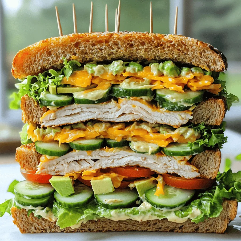 To make a great club sandwich, you need some key items: - 12 slices of whole grain or sourdough bread - 1 cup cooked chicken breast, sliced - 6 slices of turkey or roast beef - 1 cup fresh lettuce leaves - 2 medium tomatoes, sliced - 6 slices of cheddar cheese - 6 slices of crispy cucumber - ½ avocado, sliced - ½ cup mayonnaise - 2 tablespoons Dijon mustard - Salt and pepper to taste - Toothpicks for assembly These ingredients create a perfect mix of flavors and textures. You get the crunch from the lettuce and cucumber, the creaminess from the avocado, and the savory taste from the meats. You might want to add a few extra items for a flavor boost: - Crispy bacon strips - Pickles or olives for garnish - Red onion slices for a bit of bite - Fresh herbs like basil or parsley These additions can give your sandwich a unique twist. For example, bacon adds a nice crunch and salty taste. Choosing the right bread is key to any sandwich. Here are some great options: - Whole grain for a nutty flavor - Sourdough for a tangy touch - Rye for a more robust taste - White bread for a classic feel Pick a bread that you like best! It will hold everything together and add its own flavor to the mix. For the complete recipe, refer to the Full Recipe section. First, gather all your ingredients. You will need: - 12 slices of whole grain or sourdough bread - 1 cup cooked chicken breast, sliced - 6 slices of turkey or roast beef - 1 cup fresh lettuce leaves - 2 medium tomatoes, sliced - 6 slices of cheddar cheese - 6 slices of crispy cucumber - ½ avocado, sliced - ½ cup mayonnaise - 2 tablespoons Dijon mustard - Salt and pepper to taste - Toothpicks for assembly Now, toast the bread. Use a toaster or a pan. Toast until it is golden and crispy. Let the bread cool slightly on a wire rack. This keeps it from getting soggy later. Next, let's build your sandwich. Take three slices of bread. Place them on a clean cutting board. Spread a good amount of the mayo-mustard mix on the top slice. On the middle slice, add half the chicken. Then, layer your turkey or roast beef. Next, add lettuce and tomato slices. Top with a slice of cheddar cheese, a few cucumber slices, and some avocado. Sprinkle with a bit of salt and pepper for flavor. Place the second slice of bread on top. Repeat the spreading and layering process. Add more chicken, turkey, lettuce, tomato, cheese, cucumber, and avocado. Finish with the last slice of bread. Secure the sandwich with toothpicks. You can even add a mini pickle or olive on top for fun. To get the best toast, watch the bread closely. It can go from golden to burnt quickly. Use a medium setting on your toaster. If using a pan, flip the bread after a few minutes. Check and flip again until both sides are crispy. For extra flavor, spread a little butter on the bread before toasting. This adds a rich, golden crust. You can also toast the bread a bit longer for a crunchier texture. Enjoy your tasty Club Sandwich! To make a great spread, mix mayonnaise and Dijon mustard. This combo adds flavor. You can adjust the mayo and mustard to fit your taste. If you want more zing, add a dash of lemon juice or hot sauce. This simple step gives your sandwich a boost. To build a sturdy sandwich, layer ingredients wisely. Start with a slice of bread and spread your mix on it. Then, add hearty items like chicken or turkey. Follow with lighter items like lettuce and tomato. This keeps everything in place. Use toothpicks to secure your sandwich. They also help when cutting the sandwich into quarters. For the best slices, use a serrated knife. This helps cut through the bread without squishing it. Slice straight down, not at an angle, for neat pieces. Cut each sandwich into quarters. You’ll show off those colorful layers. Enjoy the look and the taste! For the full recipe, check the section above. {{image_2}} The classic club sandwich has layers of turkey, chicken, and crispy bacon. It often uses toasted white bread and is a fan favorite. The modern twist adds flavors like avocado, different cheeses, or even spicy spreads. You can swap meats for salmon or ham for a fun change. Both styles offer a tasty meal. For a vegetarian club, use grilled veggies, hummus, and cheese. You can layer roasted peppers, spinach, and sprouts. If you're vegan, skip the cheese and add more avocado or vegan mayo. Use hearty whole-grain bread to make it filling. This version still gives you that great club feel. Pair your club sandwich with crunchy chips or a light salad. A side of pickles enhances the flavors nicely. You can also serve sweet potato fries for a twist. For a refreshing touch, add a fruit salad. These sides work well to balance your meal. You can find the full recipe for the Triple Decker Flavor Bomb Club Sandwich to try out these variations! To store leftover club sandwiches, wrap them tightly in plastic wrap or foil. This helps keep them fresh. Place the wrapped sandwiches in the fridge. They will stay good for up to two days. If you notice the bread getting soggy, eat them sooner. Keep your sandwich fixings fresh by storing them separately. Place lettuce, tomatoes, and meats in airtight containers. This way, they stay crisp and tasty. Use the freshest bread to start with. Storing bread in a cool, dry place helps it last longer. If you have sliced avocado, use lemon juice to keep it from browning. You can freeze club sandwiches, but it's best to freeze the ingredients separately. Wrap each piece of bread in plastic, and store meats and veggies in containers. To reheat, let the sandwich thaw in the fridge overnight. Then, toast it in a pan or an oven until it's hot. This keeps the bread crisp and the filling warm. A club sandwich is a tasty, layered sandwich. It usually has three slices of bread. You fill it with meats, veggies, and cheese. The classic version often includes turkey, bacon, lettuce, and tomatoes. It is a favorite for lunch or a light dinner. Yes, you can make a club sandwich in advance. Just be careful with the ingredients. If you use fresh veggies, they might get soggy. To prevent this, store the ingredients separately. Assemble the sandwich just before serving for the best taste. You can add many condiments to your club sandwich. Some favorites include: - Mayonnaise - Dijon mustard - Mustard - Ketchup - Hot sauce These add flavor and moisture. Feel free to mix and match based on your taste. The best club sandwiches are often at local diners and cafés. Look for places that focus on fresh ingredients. You can also find great versions at restaurants that specialize in sandwiches. Don’t forget to check reviews online for the best spots. The club sandwich has an interesting history. It likely began in the late 1800s. Some say it comes from a gentlemen's club in New York. Others think it started in clubs for card games. Regardless, it quickly became popular. Now, it is a staple in many places worldwide. - 12 slices of whole grain or sourdough bread - 1 cup cooked chicken breast, sliced - 6 slices of turkey or roast beef - 1 cup fresh lettuce leaves - 2 medium tomatoes, sliced - 6 slices of cheddar cheese - 6 slices of crispy cucumber - ½ avocado, sliced - ½ cup mayonnaise - 2 tablespoons Dijon mustard - Salt and pepper to taste - Toothpicks for assembly Start by toasting the bread slices until golden and crispy. Set them on a wire rack to cool slightly. In a small bowl, mix the mayonnaise and Dijon mustard. This spread adds great flavor. Now, let's build the sandwich! Lay out three slices of bread on a clean board. Spread a nice layer of the mayo-mustard mix on the top slice. For the middle slice, layer half of the sliced chicken. Add a few slices of turkey or roast beef next. Then, pile on some fresh lettuce and tomato slices. Top this layer with a slice of cheddar cheese, a couple of cucumber slices, and a few avocado slices. Sprinkle lightly with salt and pepper. Place the second slice of bread on top and repeat the layers: spread, chicken, turkey, lettuce, tomato, cheese, cucumber, and avocado. Finish with the last slice of bread. Use toothpicks to secure the sandwich. For a fun touch, add a mini pickle or an olive on top. Carefully slice the sandwich into quarters. This lets the colorful layers shine through. This triple decker sandwich packs a punch! Each serving provides protein and healthy fats. You get fiber from the bread and veggies, too. Enjoy this meal as a tasty lunch or a light dinner. Each bite offers a balance of flavors and nutrients, making it a delightful choice for any foodie. In this article, we explored the club sandwich—its ingredients, assembly, and variations. You learned how to pick the best bread and create unique flavors. I shared tips for perfecting your sandwich and storing leftovers. Finally, I provided a full recipe with nutrition info. Experiment with your own twists. Enjoy every bite of your club sandwich creation!