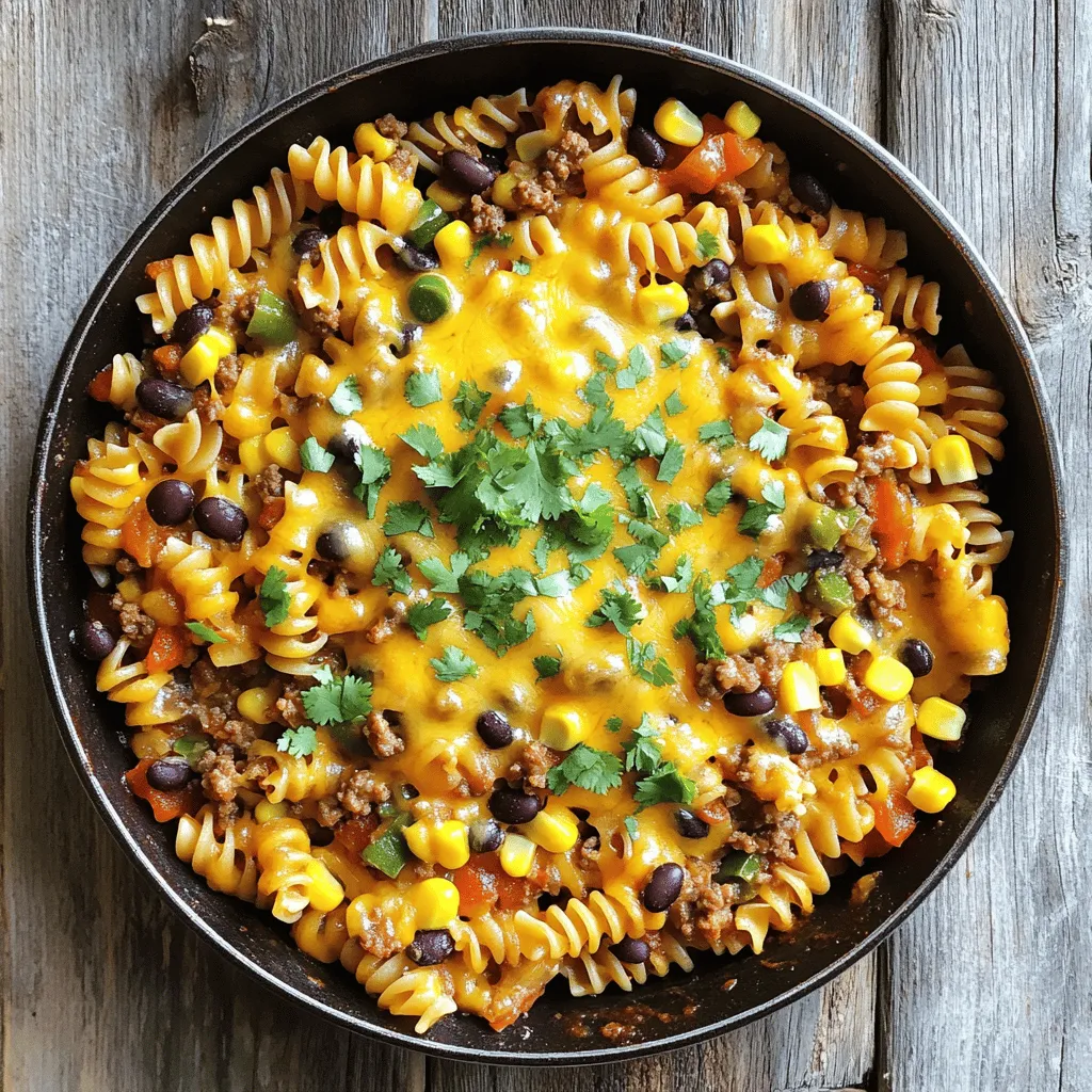 To make Cowboy Pasta Skillet, you need fresh and tasty ingredients. Here’s a simple list: - 8 oz rotini pasta - 1 lb ground beef or turkey - 1 medium onion, diced - 2 cloves garlic, minced - 1 can (15 oz) diced tomatoes with green chilies - 1 can (15 oz) black beans, rinsed and drained - 1 cup corn kernels (fresh, frozen, or canned) - 1 cup beef or vegetable broth - 2 cups shredded cheddar cheese - 1 tablespoon olive oil - 1 tablespoon chili powder - 1 teaspoon cumin - Salt and pepper to taste - Fresh cilantro, chopped (for garnish) Gathering these ingredients makes the cooking fun. You can find most of them in your kitchen or at a local store. Each item plays a role in creating that rich, hearty flavor. The rotini pasta adds a nice bite, while the ground beef or turkey gives it a satisfying base. The diced tomatoes with green chilies bring a kick. Black beans and corn add texture and color. Finally, the cheese melts into gooey goodness. For the full recipe, you can follow the detailed steps. This dish is not only easy to prepare but also a crowd-pleaser. Enjoy cooking! 1. Sautéing onions and garlic Start by heating olive oil in a large skillet over medium heat. Add diced onion and cook it until it turns soft and clear, which takes about 3 to 4 minutes. Next, add minced garlic and cook for about 1 minute. This step brings out the sweet aroma of the garlic and onion. 2. Cooking ground beef or turkey Add ground beef or turkey to the skillet. Break it up with a spatula as it cooks. Include salt, pepper, chili powder, and cumin for flavor. Cook this mixture until the meat is browned, which takes about 6 to 7 minutes. Make sure to stir often so it cooks evenly. 3. Mixing in vegetables and broth Pour in the can of diced tomatoes with their juice, black beans, corn, and broth. Stir everything together until well mixed. This adds color and nutrients to your dish. 4. Adding pasta and simmering Bring your mixture to a simmer. Once it bubbles, add the rotini pasta. Cover the skillet and let it cook for about 12 to 15 minutes. Stir occasionally to keep the pasta from sticking. You want the pasta to be al dente, soaking up most of the liquid. 5. Incorporating cheese and adjusting seasoning After cooking, remove the skillet from heat. Stir in the shredded cheddar cheese until it melts and blends in. Taste the dish and adjust the seasoning with salt and pepper as needed. This final touch adds richness and depth to the flavor. Following these steps will take you through making a hearty Cowboy Pasta Skillet. For the complete recipe, check out the Full Recipe. How to ensure al dente pasta: To achieve al dente pasta, cook the rotini in boiling water for 2 minutes less than the package suggests. Stir it often to prevent sticking. The pasta will finish cooking when you add it to the skillet. It will soak up the flavors as it simmers with the sauce. Best practices for seasoning: Season your dish in layers. Start with the ground beef and add salt, pepper, chili powder, and cumin. Taste the mixture before adding the pasta. After the pasta cooks, taste again. Adjust the seasoning as needed. This method helps build layers of flavor. Optimal cheese melting techniques: For the best cheese melt, remove the skillet from heat before adding cheddar. Stir the cheese in quickly while the dish is still hot. This keeps the cheese creamy and prevents it from becoming rubbery. You can also cover the skillet for a minute to help the cheese melt evenly. These tips will help you create a hearty and flavorful Cowboy Pasta Skillet. For the complete recipe, check out the Full Recipe section. {{image_2}} You can easily change Cowboy Pasta Skillet to fit your needs. If you want a vegetarian dish, swap the meat for more beans or lentils. This keeps the meal filling and tasty. You can use black beans, chickpeas, or even lentils for a fun twist. If you want to play with pasta, feel free to try different kinds. You can use penne, fusilli, or even whole wheat pasta. Just keep an eye on the cooking time. Each type cooks a bit differently, but they all work great in this dish. Adjusting the spice level is simple, too. If you like it mild, skip the chili powder or use less. For more heat, add a pinch of cayenne pepper or some diced jalapeños. You can also top your skillet with hot sauce for extra flavor. No matter how you customize it, Cowboy Pasta Skillet stays hearty and delicious. For the full recipe, check out the section above. To keep your Cowboy Pasta Skillet fresh, start by refrigerating leftovers within two hours. Use a tight lid or wrap the skillet with plastic wrap. This way, it stays tasty for up to three days. For longer storage, freeze your pasta skillet. First, let it cool completely. Then, place it in a freezer-safe container or a heavy-duty freezer bag. Make sure to remove extra air to prevent freezer burn. It can last up to three months in the freezer. When you’re ready to enjoy it again, reheat the pasta. If frozen, let it thaw in the fridge overnight. Then, heat it on the stove over low heat. Stir often to avoid sticking. You can also microwave it in a safe bowl. Just cover it with a paper towel to keep moisture in. Heat for one to two minutes, stirring halfway through. For more tips, check out the Full Recipe. Can I make Cowboy Pasta Skillet ahead of time? Yes, you can make Cowboy Pasta Skillet ahead of time. Cook it fully and let it cool. Store it in the fridge for up to three days. When ready to eat, just reheat it on the stove. Add a splash of broth to keep it moist. What sides pair well with Cowboy Pasta Skillet? Some great sides for Cowboy Pasta Skillet include: - Garlic bread - Fresh salad - Steamed broccoli - Corn on the cob These sides balance the hearty pasta and add freshness to your meal. How can I make this recipe gluten-free? To make Cowboy Pasta Skillet gluten-free, use gluten-free rotini pasta. Check labels on canned goods for gluten-free options. Most ingredients are naturally gluten-free, making it easy to adapt this dish. Enjoy the same great flavors without gluten! For the complete recipe, refer to the Full Recipe section above. Cowboy Pasta Skillet is a simple yet tasty dish. We covered key ingredients like rotini pasta, ground beef, and black beans. The steps to prepare it—from sautéing onions to mixing in cheese—are easy to follow. You can customize your dish with different veggies or spice levels, too. Remember to store leftovers properly. Refrigerate or freeze them for later meals. This recipe is quick, fun, and sure to please everyone. Enjoy your cooking and feel free to experiment with your own twists!