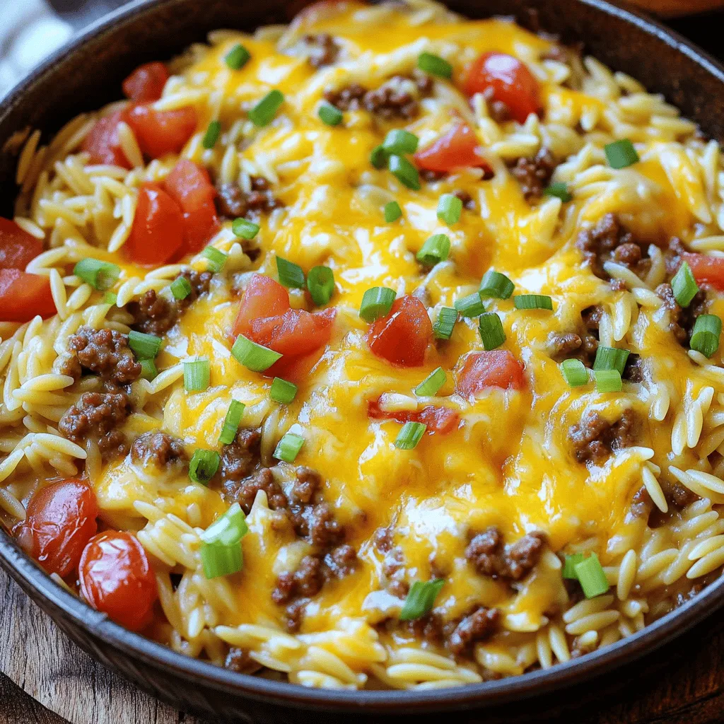 To make the One-Pot Cheeseburger Orzo Skillet, you will need the following: - 1 tablespoon olive oil - 1 onion, diced - 2 cloves garlic, minced - 1 pound ground beef (or ground turkey for a lighter option) - 1 cup uncooked orzo pasta - 2 cups beef broth - 1 cup diced tomatoes (canned or fresh) - 1 tablespoon Worcestershire sauce - 2 teaspoons mustard (yellow or Dijon) - 1 cup shredded cheddar cheese - Salt and pepper to taste - 2 green onions, chopped (for garnish) You can easily swap some ingredients to fit your taste or diet: - Use ground turkey or chicken instead of beef for a leaner meal. - Swap orzo for quinoa or rice if you want a gluten-free option. - Use vegetable broth instead of beef broth for a vegetarian flavor. - Try different cheese, like mozzarella or pepper jack, for a unique twist. - Fresh herbs like parsley can replace green onions for a fresh look. Prep work can save time in the kitchen. Here’s how to get ready: - Dice the onion and mince the garlic a day ahead. Store them in a sealed container in the fridge. - Measure out the orzo and broth beforehand. - Brown the ground beef and drain it. Cool it, then store it in the fridge for up to two days. - Chop green onions for garnish and keep them in a bag for easy use. By having everything prepped, you can enjoy a smooth cooking process with this savory dish. You can find the Full Recipe to dive deeper into the cooking steps and enjoy this delicious meal. To make the One-Pot Cheeseburger Orzo Skillet, gather your ingredients first. This step saves time and keeps your cooking smooth. You’ll need olive oil, onion, garlic, ground beef, orzo pasta, beef broth, diced tomatoes, Worcestershire sauce, mustard, cheddar cheese, salt, pepper, and green onions. Having everything ready makes it easier to follow the recipe. 1. Heat the Oil: Start by heating one tablespoon of olive oil in a large skillet over medium heat. 2. Cook the Onion: Add the diced onion to the oil. Cook it for about 3-4 minutes until it turns translucent. 3. Add Garlic: Stir in the minced garlic. Cook for 1 minute until you can smell its aroma. 4. Brown the Beef: Next, add one pound of ground beef. Use a wooden spoon to break it apart. Cook for about 5-7 minutes until it is browned. If there’s extra fat, drain it now. 5. Mix in Orzo and Liquids: Stir in one cup of uncooked orzo, two cups of beef broth, one cup of diced tomatoes, one tablespoon of Worcestershire sauce, and two teaspoons of mustard. Bring everything to a gentle boil. 6. Simmer: Once it boils, lower the heat, cover the skillet, and let it simmer for 10-12 minutes. Stir occasionally. This helps the orzo cook evenly and absorb most of the broth. 7. Add Cheese: After cooking, remove the skillet from heat. Stir in one cup of shredded cheddar cheese until it melts and becomes creamy. Season with salt and pepper to taste. 8. Serve: Serve your dish warm. Top it with chopped green onions for a fresh touch. For a clear visual guide, I recommend checking out a video demonstration. Watching someone cook can help clarify any tricky steps. You can find a great video online that shows how to make this delicious One-Pot Cheeseburger Orzo Skillet. To cook orzo just right, keep these tips in mind. First, use plenty of liquid. I recommend two cups of beef broth for one cup of orzo. This helps the orzo absorb flavor while cooking. Stir the orzo occasionally to stop it from sticking. Cook it until it's al dente, which means it should still have a slight bite. Check it around the 10-minute mark. You can boost the flavors in your cheeseburger orzo skillet easily. Start with fresh ingredients like diced onions and minced garlic. They add a tasty base. Adding Worcestershire sauce gives a deep, savory taste. Try different mustards for a twist. Yellow mustard is classic, but Dijon adds a nice zing. Lastly, don't forget to taste and adjust. A pinch of salt or a dash of pepper can make a big difference. Serve your one-pot cheeseburger orzo skillet warm and fresh. It looks great topped with chopped green onions. You can also pair it with a side salad for some crunch. For a fun twist, serve it in bowls with extra cheese on top. This dish is perfect for family dinners or casual get-togethers. You can find the full recipe to try this at home. {{image_2}} For a tasty vegetarian version, swap the ground beef with a mix of beans. I love using black beans or lentils. They add protein and a hearty texture. You can also add diced mushrooms for extra flavor. Sauté them with the onions and garlic to enhance their taste. Use vegetable broth instead of beef broth for a complete vegetarian dish. Feel free to get creative with toppings! You can add fresh spinach or kale for some greens. Chopped bell peppers also give a nice crunch. If you love flavor, try mixing in some diced jalapeños. They add a spicy kick that pairs well with cheese. Top with sour cream or Greek yogurt for creaminess. You can also sprinkle crispy bacon on top for a decadent touch. For a spicy cheeseburger twist, add hot sauce to the skillet when cooking the beef. I recommend a few dashes of your favorite hot sauce or some red pepper flakes. You can also use pepper jack cheese instead of cheddar for an extra kick. This gives your dish a bold flavor that will impress your guests. Customize it to your heat level and enjoy a fiery cheeseburger experience! For the full recipe, check out the One-Pot Cheeseburger Orzo Skillet! To keep your One-Pot Cheeseburger Orzo Skillet fresh, first let it cool. Then, transfer it to an airtight container. It stays good in the fridge for up to three days. If you want to enjoy it later, storing it properly is key. When you’re ready to eat, take out your leftovers. Heat them in a skillet over medium heat. Add a splash of beef broth or water to keep it moist. Stir often until it’s hot. You can also use the microwave. Just cover your bowl and heat in short bursts. If you want to freeze your dish, let it cool completely. Place it in a freezer-safe container. Make sure to leave some space at the top for expansion. It can last up to three months in the freezer. When you're ready to eat it, thaw it in the fridge overnight before reheating. For the best taste, use it within a month. You can find the full recipe for this dish to recreate the magic anytime. You can use ground turkey instead of ground beef. It is lighter and still tasty. You can try using ground chicken or even plant-based meat. These options keep the dish flavorful without losing the cheeseburger vibe. Yes, you can make this recipe ahead of time. Just cook it as directed and let it cool. Store it in the fridge for up to three days. When you’re ready to eat, reheat it on the stove over low heat. Add a splash of broth if it looks dry. To make more servings, double the ingredients. Use two pounds of ground beef and double the orzo and broth. This will serve eight people. Adjust the cooking time if needed, but keep an eye on it to prevent overcooking. For the full recipe, refer back to the earlier section. This post covered essential ingredients, detailed steps, and helpful tips for cooking. You learned about ingredient swaps and prep work that saves time. We also discussed how to enhance flavors and serve your dish perfectly. Remember, there are great variations like the vegetarian option and the spicy twist to try. In the end, these tips will help you craft delicious meals with ease. Enjoy cooking and experimenting!