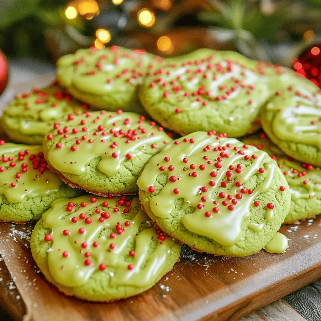 Grinch Sugar Cookies are a fun and festive treat. They look bright and taste great. You can make 24 cookies with this recipe. The prep time is just 20 minutes. Baking takes around 10-12 minutes. To make these cookies, you need key ingredients: - 2 ¾ cups all-purpose flour - 1 teaspoon baking powder - ½ teaspoon baking soda - ¼ teaspoon salt - 1 cup unsalted butter, softened - 1 ½ cups granulated sugar - 1 large egg - 1 teaspoon vanilla extract - 1 teaspoon almond extract - Green food coloring (gel or liquid) These ingredients create a soft and tasty cookie base. The butter adds richness, while the sugar makes it sweet. The green food coloring gives them their Grinchy look. You can also add fun toppings: - Red sprinkles (for decoration) - 1 cup powdered sugar (for optional icing) - 2 tablespoons milk (for icing) Red sprinkles add color and a festive touch. The icing, made from powdered sugar and milk, makes the cookies look even nicer. You can skip it if you want a simpler cookie. For the full recipe, check out the complete instructions! To start, gather your ingredients. You will need the following: - 2 ¾ cups all-purpose flour - 1 teaspoon baking powder - ½ teaspoon baking soda - ¼ teaspoon salt - 1 cup unsalted butter, softened - 1 ½ cups granulated sugar - 1 large egg - 1 teaspoon vanilla extract - 1 teaspoon almond extract - Green food coloring (gel or liquid) - Red sprinkles (for decoration) - 1 cup powdered sugar (for optional icing) - 2 tablespoons milk (for icing) Now, preheat your oven to 350°F (175°C). Line two baking sheets with parchment paper. In a medium bowl, whisk the flour, baking powder, baking soda, and salt. Set this bowl aside. In a large mixing bowl, beat the softened butter and granulated sugar together. Do this on medium speed until the mix is creamy and light, which should take about 3 to 4 minutes. Next, add the egg, vanilla extract, and almond extract. Mix until everything combines well. Gradually add the dry flour mix to the wet ingredients. Do this slowly and mix until just combined. You want the dough to hold together well. Now, add a few drops of green food coloring to the dough. Mix until you reach your desired shade of green. Scoop tablespoon-sized portions of dough onto your prepared baking sheets. Make sure to space them about 2 inches apart. Using the palms of your hands, slightly flatten each cookie. They will spread as they bake. Next, sprinkle the tops of the dough balls with red sprinkles. This step adds a fun, festive touch. Now, it’s time to bake! Place the baking sheets in the oven and bake for 10 to 12 minutes. The edges should look slightly golden, but the centers should still look soft. As soon as they are done, remove the cookies from the oven. Let them cool on the baking sheet for 5 minutes. After that, transfer them to a wire rack to cool completely. If you want to add icing, wait until the cookies are cool. For the optional icing, grab a small bowl and mix the powdered sugar and milk until smooth. Drizzle the icing over the cooled cookies. This adds a lovely finish and extra sweetness to each cookie. Finally, arrange the cookies on a festive platter. Garnish with extra red sprinkles and maybe even a small Grinch ornament for that playful holiday spirit. Enjoy your Grinch Sugar Cookies! To get the best cookie texture, use softened butter. It makes the cookies light and airy. Mix the butter and sugar well until fluffy. This step adds air to the dough. Mix just until combined when adding flour. Overmixing makes your cookies tough. For a softer cookie, try not to bake them too long. They should still look soft in the center when you take them out. To make your cookies bright green, use gel food coloring. Gel colors work better than liquid ones. Start with a few drops and mix well. You can always add more if needed. Make sure to mix until the color is even throughout the dough. This way, every cookie will have the same vibrant look. If you want a darker shade, add a little more gel coloring. Decorating Grinch Sugar Cookies is fun and easy. Use red sprinkles to add festive flair. After shaping the dough balls, sprinkle the red on top. For a fancy touch, try icing. Mix powdered sugar with milk for a smooth glaze. Drizzle the icing on the cooled cookies for extra sweetness. You can also use a piping bag for neat designs. For more detailed steps, check the Full Recipe. {{image_2}} You can change the flavor of your Grinch sugar cookies easily. Instead of using just vanilla and almond extracts, try adding peppermint extract for a minty twist. This flavor adds a cool touch and fits perfectly with the holiday spirit. You can also use lemon or orange zest for a bright and citrusy flavor. Mix and match to find your favorite! Decorations can make your cookies shine! Besides red sprinkles, use mini chocolate chips or white chocolate drizzle for fun. You can also add candy cane bits for a festive crunch. If you want a more classic look, dust the cookies with powdered sugar. This gives a snowy effect that looks great on a holiday platter. Making gluten-free Grinch sugar cookies is simple. Swap all-purpose flour with gluten-free flour blends. Make sure to choose one that has a good texture and taste. You can also add a bit of xanthan gum to help with the cookie's structure. This keeps your cookies soft and chewy. Enjoy your festive treat without worry! Store your Grinch Sugar Cookies in an airtight container. This keeps them soft and fresh. Make sure the cookies are cool before you store them. If you stack them, place parchment paper between layers. This prevents sticking and keeps them nice. You can freeze these cookies for later. Place cooled cookies in a single layer on a baking sheet. Freeze for about an hour until firm. After that, move them to a freezer bag. Remove as much air as possible. They can last up to three months in the freezer. For the best taste, eat your cookies within the first few days. If you freeze them, thaw at room temperature. Avoid using the microwave, as this can make them tough. Enjoy your festive treats fresh for the best flavor and fun! For the full recipe, refer to the earlier section. To make Grinch Sugar Cookies softer, focus on a few key steps. First, use room temperature butter. This helps create a creamy texture. Second, do not overmix the dough. Mix until just combined. Overmixing can lead to tough cookies. Lastly, underbake them slightly. Remove cookies from the oven when the edges are golden but the centers look soft. This keeps them chewy. Absolutely! You can play with colors to fit your theme. Use different food coloring to make the dough any shade you like. You can also mix colors for a fun effect. For example, a light green or even a red dough would be festive. Just remember to adjust the amount of food coloring based on how vibrant you want the color to be. There are many fun ways to decorate these cookies! Start by sprinkling red sprinkles on top before baking. This mimics the Grinch's playful style. After the cookies cool, you can add icing for extra flair. Mix powdered sugar with milk to make a simple icing. Drizzle it over the cookies or use a piping bag for precision. Try to create fun shapes or patterns. In this article, we explored how to make Grinch Sugar Cookies. We detailed essential and optional ingredients, making your choices clear. I shared step-by-step instructions for prep, baking, and icing. Tips on texture, color, and decoration ensured your cookies shine. We also discussed fun variations and smart storage tips to keep them fresh. Now you’re ready to bake and enjoy these festive treats. Happy baking!