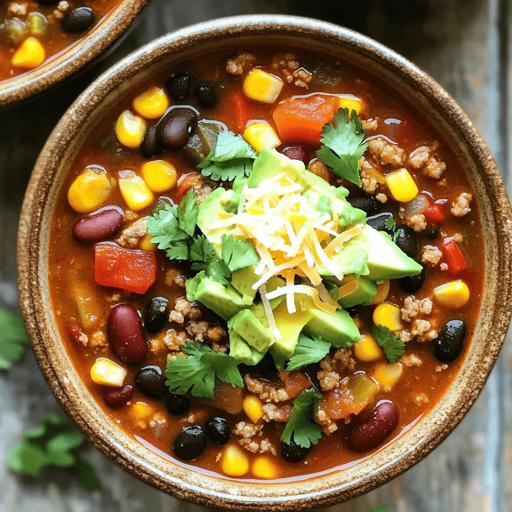 For a great chili, you need a few key items: - 1 lb ground turkey (or chicken) - 1 can (15 oz) black beans, drained and rinsed - 1 can (15 oz) kidney beans, drained and rinsed - 1 can (28 oz) diced tomatoes with green chilies These main ingredients give your chili a rich flavor. Ground turkey or chicken offers a lean protein option. The beans add heartiness and fiber. Diced tomatoes with green chilies bring the right amount of heat. You can make your chili even better with optional ingredients: - Fresh vegetables (like bell peppers, zucchini, or corn) - Spices and herbs (such as cumin, oregano, or smoked paprika) - Suggested garnishes like diced avocado, fresh cilantro, shredded cheese, or jalapeños Adding fresh vegetables boosts nutrition and flavor. Spices enhance the chili’s warmth and depth. Toppings like avocado or cheese make each bowl unique and fun. Check out the [Full Recipe](#) for exact amounts and step-by-step instructions! To start, I heat a skillet over medium heat. I add one tablespoon of olive oil. Then, I sauté one diced red onion and one diced bell pepper for about five minutes. They should soften and smell great. Next, I add two minced garlic cloves and cook for one more minute. This helps release the garlic’s flavor. After that, I transfer the sautéed mix to the crockpot. Now, it's time to cook the ground turkey. I add one pound of ground turkey to the skillet. I break it apart while it cooks. I want it to brown evenly. Once it’s cooked, I drain any extra fat. Then, I add it to the crockpot. Now, I pour in one can of diced tomatoes with green chilies (28 oz). I also add one can of black beans and one can of kidney beans, both drained and rinsed. Next, I toss in one cup of corn, either frozen or fresh. After that, I sprinkle in my spices. I use two tablespoons of chili powder, one teaspoon of cumin, one teaspoon of smoked paprika, and one teaspoon of oregano. I season with salt and pepper to taste. Finally, I stir well to mix everything evenly. I cover the crockpot and set it to cook. I have two options: low for six to eight hours or high for three to four hours. I prefer low because it lets the flavors blend better. To check for doneness, I look for the chili to be hot and bubbling. I also taste it. If it needs more seasoning, I add a little salt or pepper. When it’s ready, I serve it hot. For the full recipe, check the earlier section. Seasoning is key to great chili. Use salt, pepper, and spices wisely. Each adds depth. For a richer taste, consider these methods: - Add a bit of sugar to balance acidity. - A splash of vinegar brightens flavors. - Top with fresh herbs just before serving. These tips can take your dish from good to great. Slow cooking makes chili taste amazing. Here are tips for the best results: - Start on high for the first hour. - Switch to low for the remaining time. - Stir occasionally to mix flavors. Adjust cooking times based on your schedule. If you're short on time, cook on high. What to serve with chili? Here are some great ideas: - Tortilla chips for crunch. - Cornbread for a sweet touch. - A fresh salad for balance. For a beautiful presentation, serve in bowls. Top with: - Diced avocado for creaminess. - Fresh cilantro for color. - Shredded cheese for richness. These tips will make your meal even more inviting. Enjoy your Crockpot Fiesta Chili! Check out the Full Recipe for more details. {{image_2}} You can easily make a vegetarian or vegan chili. Swap the ground turkey for lentils or mushrooms. Both add great texture. Use vegetable broth instead of chicken broth for more flavor. You can also try different proteins. Ground beef or pork works well. If you prefer something leaner, use chicken or turkey. Each adds its own twist to the dish. Chili styles vary by region. In some places, chili is spicy, while in others, it is mild. If you like heat, add more chili powder or fresh jalapeños. For milder chili, reduce the spices. You can add unique ingredients to make your chili special. Try adding sweet potatoes, quinoa, or even beer. Each ingredient brings new flavors to the pot. For gluten-free chili, make sure to check your beans and tomatoes. Most canned products are gluten-free. Avoid adding any wheat-based thickeners. If you want healthier options, cut back on oil and use less salt. Add more vegetables like zucchini or carrots. You can also use low-fat cheese or skip it altogether for a lighter meal. Explore the [Full Recipe] for all the details to make your perfect crockpot chili! To keep your crockpot chili fresh, follow these tips: - Refrigeration: Store leftover chili in an airtight container. It can stay in the fridge for up to 4 days. Make sure to let it cool before sealing the container. - Freezing chili for later: For longer storage, freeze chili in a freezer-safe container. It can last for up to 3 months. When you want to eat it, thaw it in the fridge overnight before reheating. To enjoy your chili again, use these methods: - Best methods to reheat: The best way is to heat it on the stove over medium heat. Stir often to ensure even heating. You can also use the microwave in a microwave-safe bowl. Heat in short bursts, stirring in between. - Avoiding loss of flavor: To keep the flavor strong, add a splash of broth or water if needed when reheating. This helps it stay moist and tasty. Knowing how long your chili lasts is important: - How long does crockpot chili last? In the fridge, it stays good for about 4 days. If frozen, it can last up to 3 months. - Signs of spoilage: Look for changes in smell, color, or texture. If it smells off or has mold, throw it away. Always trust your senses! For a delicious recipe, check out the Full Recipe for Crockpot Fiesta Chili. To thicken your chili, try these methods: - Add cornmeal: Mix 1-2 tablespoons into the chili. - Use beans: Mash some beans against the side of the pot. - Add tomato paste: Stir in 1-2 tablespoons for a thicker base. - Cook longer: Leave the lid off for the last hour to reduce liquid. These tips help you reach the perfect thickness. You can adjust based on your taste. Yes, feel free to add extra veggies! Here are some great options: - Zucchini: Chop and add for extra texture. - Carrots: Diced carrots add sweetness. - Celery: Adds crunch and flavor. - Mushrooms: Add diced mushrooms for umami taste. Mix and match based on what you have at home. This keeps your chili fresh and tasty. Crockpot chili pairs well with many sides. Consider these options: - Cornbread: A classic choice, warm and sweet. - Tortilla chips: Crunchy and perfect for dipping. - Rice: Plain or seasoned rice works great. - Salad: A fresh side salad can balance the spice. These sides make your meal even more enjoyable. Yes, chili often tastes better the next day. Here’s why: - Flavors meld: Ingredients mix and deepen in taste. - Convenient: It’s easy to reheat and serve. - Less work: Cook once, enjoy twice! Letting it sit overnight can bring new flavors to life. Enjoy your leftovers! Crockpot chili is easy to make and full of flavor. We covered all the main ingredients, tips for the best taste, and even variations to fit your needs. Keep seasoning in mind and try different ingredients for a new twist. Proper storage lets you enjoy this dish later. Remember, chili often tastes better the next day! You have everything you need to create a delicious meal that warms the soul. Enjoy your cooking adventure with this cozy dish!