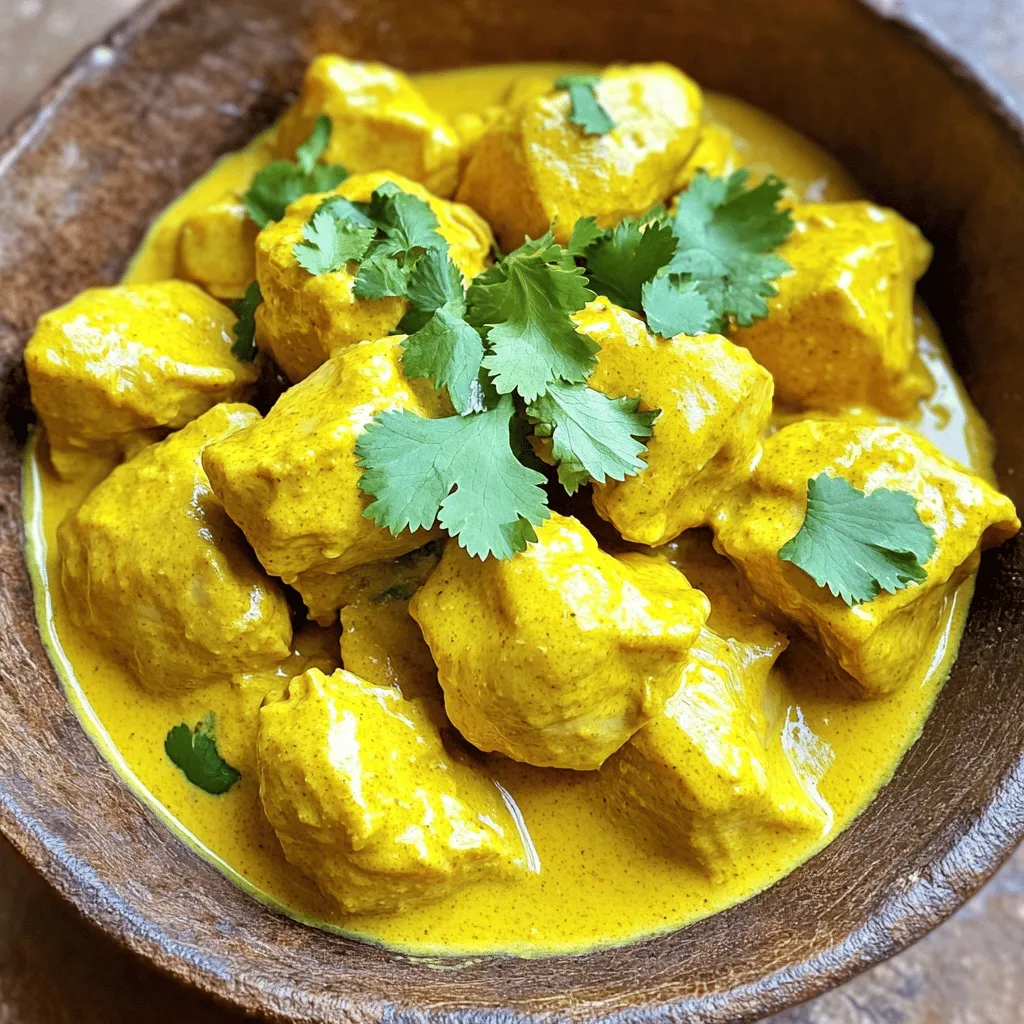 Butter chicken is a creamy and rich dish from India. It features tender chicken pieces in a smooth sauce. This dish is popular in many parts of the world. Its blend of spices makes it special and full of flavor. Butter chicken, also known as "Murgh Makhani," began in Delhi. In the 1950s, chefs at the Moti Mahal restaurant made it. They used leftover chicken and created a new sauce with tomatoes and butter. This dish quickly became famous. Now, it is a staple in Indian cuisine. Butter chicken uses simple ingredients that create a big taste. Here are the key ones: - Boneless chicken thighs - Plain yogurt - Lemon juice - Turmeric powder - Garam masala - Chili powder - Ginger-garlic paste - Coconut milk - Cashew nuts Each ingredient adds its unique flavor. For instance, yogurt tenderizes the chicken. Turmeric gives it a bright color, while garam masala adds warmth. Butter chicken has a balanced flavor. It is creamy and slightly sweet, with a hint of spice. The sauce is rich and comforting. The coconut milk and cashew paste create a velvety texture. If you like spice, you can add more chili powder. This dish pairs well with rice or naan. You can explore the Full Recipe for a step-by-step guide to making this delicious dish at home. For a tasty butter chicken, you need these main ingredients: - 500g boneless chicken thighs, cut into bite-sized pieces - 1 cup plain yogurt - 2 tablespoons lemon juice - 1 teaspoon turmeric powder - 1 teaspoon garam masala - 1 teaspoon chili powder - 1 tablespoon ginger-garlic paste - 3 tablespoons vegetable oil - 1 large onion, finely chopped - 1 can (400ml) coconut milk - ½ cup cashew nuts, blended into a smooth paste - Salt to taste - Fresh cilantro, for garnish Each ingredient plays a big role. The yogurt tenderizes the chicken. The spices bring warmth and depth. The coconut milk adds creaminess. You can swap some ingredients if needed: - Chicken thighs can be replaced with chicken breast for a leaner option. - Use almond milk instead of coconut milk for a nutty flavor. - If you want a vegan dish, use tofu or chickpeas instead of chicken. - For a dairy-free option, skip the yogurt and use a plant-based yogurt. - Adjust spice levels to suit your taste. Use less chili powder if you like mild dishes. These swaps can help anyone enjoy this dish, no matter their dietary needs. To make butter chicken, here are some tools you will need: - Large mixing bowl for marinating the chicken - Sharp knife for chopping - Cutting board for safe prep - Large pan or skillet for cooking - Blender for making cashew paste - Wooden spoon for stirring These tools help make cooking smooth and easy. They ensure that your butter chicken turns out just right, every time. For detailed steps on how to prepare, check the Full Recipe. Start by mixing yogurt, lemon juice, turmeric powder, garam masala, chili powder, and ginger-garlic paste in a bowl. This mix gives the chicken flavor. Next, add your chicken pieces. Make sure each piece gets a good coating of the marinade. Cover the bowl and let it sit for at least 30 minutes. For more flavor, you can marinate it overnight in the fridge. Heat vegetable oil in a large pan over medium heat. Add the finely chopped onions. Sauté them until they look soft and golden, which takes about 5-7 minutes. Now, add the marinated chicken to the pan. Cook it until all sides are browned, which takes about 8-10 minutes. Pour in the coconut milk and let it simmer gently. Stir in the blended cashew paste. This makes the sauce creamy and rich. Season your dish with salt to taste. Let it simmer on low heat for about 15 minutes. This helps the chicken cook fully and thickens the sauce. After that, remove it from the heat. Let it rest for 5 minutes. Finally, garnish with fresh cilantro before serving. Enjoy your creamy cashew butter chicken! For the full recipe, check the details above. {{image_2}} To make your butter chicken shine, focus on the marination. Use fresh yogurt and lemon juice to tenderize the chicken. This step adds depth and a tangy taste. Let the chicken marinate for at least 30 minutes. If you can, marinate it overnight. This allows all the spices to soak in well. Using fresh spices is key. Ground spices lose their strength over time. So, buy whole spices and grind them if you can. This gives a richer flavor. Don't skip the cashew paste; it adds creaminess and richness to the sauce. One common mistake is not marinating long enough. If the chicken isn’t marinated well, it can taste bland. Another mistake is using too much heat while cooking. Cooking on high heat can make the chicken tough. Instead, cook on medium heat for a tender bite. Adding too much salt can ruin the dish. Start with a little, then taste and adjust as you cook. Lastly, don’t rush the simmering step. Allow the sauce to thicken and develop flavors. Butter chicken pairs well with rice or naan. Basmati rice is a classic choice. It soaks up the sauce nicely. You can also serve it with warm naan or roti for a fun twist. Garnish with fresh cilantro for a pop of color. For a complete meal, add a side salad or some roasted vegetables. They bring freshness to the plate. For more details on cooking this delicious dish, check out the Full Recipe. You can make a delicious vegetarian version of butter chicken. Use paneer, tofu, or chickpeas instead of chicken. For a vegan option, substitute coconut yogurt for plain yogurt. Use vegetable broth and add mixed veggies like bell peppers, peas, and carrots. The spices and creamy sauce will still shine through. Try my creamy cashew butter chicken recipe with blended cashew nuts for added richness. If you love heat, add more chili powder or fresh chilies to the marinade. You can also toss in some cayenne pepper for a fiery kick. Adjust the spices to your taste. Serve with a side of cooling yogurt or raita to balance the spice. This spicy version will surely awaken your taste buds. Butter chicken has inspired global flavors. In Thailand, add lemongrass and kaffir lime leaves for a unique twist. In Italy, blend in some sun-dried tomatoes and basil for a Mediterranean flair. The base sauce remains rich and creamy, but these twists add a fun spin. Each variation brings new flavors, making this dish endlessly adaptable. To store butter chicken, let it cool first. Then, place it in an airtight container. Make sure to keep it in the fridge. It will stay fresh for up to three days. When you want to eat it, simply reheat it on the stove. Stir it gently to avoid burning. Yes, you can freeze butter chicken. It freezes well and will last up to three months. Just pack it in a freezer-safe container. When you want to enjoy it, thaw it in the fridge overnight. Reheat it on the stove, stirring often until it's hot. You can serve butter chicken with many tasty sides. Here are some ideas: - Basmati rice - Naan bread - Roti or paratha - Steamed vegetables - Salad with cucumber and tomatoes These options pair well and balance the rich flavors of the dish. For the full recipe, check out our Creamy Cashew Butter Chicken. Butter chicken is a rich dish with deep roots in Indian culture. We explored its history, key ingredients, and unique flavors. I shared tips for cooking and variations, whether you want spicy or plant-based. As you whip up this dish, remember to enjoy the process. With practice, you'll make a butter chicken that everyone loves. Happy cooking!