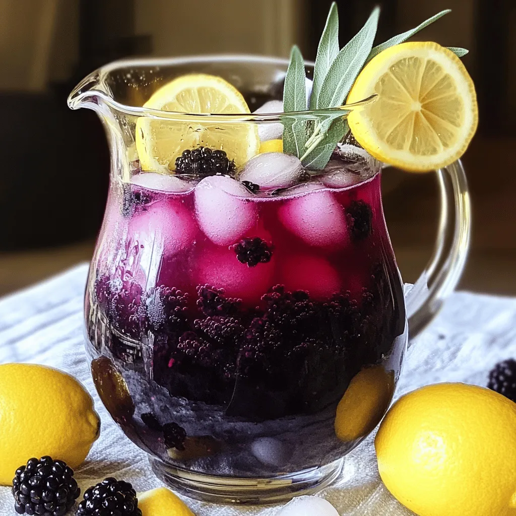 - Blackberries - Lemon Juice - Fresh Sage Leaves Blackberries are juicy and sweet. They add a rich flavor to the drink. You need about one cup of fresh blackberries for this recipe. Fresh lemon juice gives the drink a bright zing. About four to five lemons should give you one cup of juice. Fresh sage leaves add an herbal note. Use four to five leaves for the best taste. - Granulated Sugar - Water You will need granulated sugar to sweeten your lemonade. One cup is perfect for balancing the tartness. Water is essential for mixing and diluting. You will use a total of five cups of water—one cup for cooking and four cups for mixing. - Ice Cubes - Lemon Slices - Sage Sprigs Ice cubes keep your drink cold and refreshing. Add a few to each glass. Lemon slices make for a pretty garnish and add extra flavor. Sage sprigs can also be a nice touch for a fresh look. These garnishes make your drink fun and festive. For the full recipe, check out the instructions below! Cooking the Blackberry Mixture Start by placing 1 cup of fresh blackberries in a saucepan. Add 1 cup of water and 1 cup of granulated sugar. Heat the mixture over medium heat. Stir it often until the sugar fully dissolves and the blackberries break down, about 5-7 minutes. You want a thick berry sauce. Infusing Sage Flavor Once the mixture simmers, add 4-5 fresh sage leaves. Remove it from the heat and let it sit for about 10 minutes. This allows the sage to infuse its flavor into the blackberry mix. The result is a tasty herbal note that brightens the drink. Strain the Mixture After steeping, strain the mixture through a fine mesh sieve into a large pitcher. Use the back of a spoon to press down on the solids. This helps extract all the juice. Discard the solids, as you only want the liquid. Combining Ingredients Now, add 1 cup of fresh lemon juice to the pitcher. This usually takes about 4-5 lemons. Then, pour in 4 cups of cold water. Stir everything well to combine. Taste it and adjust sweetness if needed. You can add more sugar or lemon juice to suit your taste. Chilling the Drink Place the pitcher in the refrigerator. Chill the lemonade for at least 30 minutes. This helps all the flavors meld together. A cold drink on a hot day is refreshing! Serving Suggestions When you're ready to serve, fill glasses with ice cubes. Pour the blackberry sage lemonade over the ice. For a pretty touch, garnish each glass with lemon slices and sage sprigs. Enjoy this delightful drink with friends or family! For the full recipe, check out the [Full Recipe]. Sweetness Adjustments You can change how sweet your blackberry sage lemonade tastes. If it’s too tart, add more sugar. Start with a small amount and mix well. Taste it to check if you want it sweeter. You can also use honey or agave for a different flavor. Using Different Herbs Sage adds a nice touch. But you can also try other herbs. Mint or basil can make the drink taste fresh. Just like sage, add them while cooking the blackberries to let the flavors mix. Garnishing Ideas Make your drink look pretty with garnishes. Lemon slices and sage sprigs work great. Place them on top of the drink. You can also add whole blackberries for a pop of color. Serving in Unique Glassware The glass you use can change the drink's vibe. Try serving it in mason jars for a rustic look. Or use fancy glasses for special occasions. The right glass makes your drink feel special. Overcooking Blackberries Be careful not to cook the blackberries too long. If you do, they can turn mushy. You want them to break down and mix well, but not lose all their shape. Cook them just until they soften. Not Straining Properly Straining is key for a smooth drink. Make sure to press the solids well to get all the juice. If you skip this step, your lemonade can be chunky. A fine mesh sieve works best for this. {{image_2}} To make blackberry sage lemonade more exciting, you can add other berries. Try raspberries or strawberries for a fruity twist. Each berry brings its own unique taste. Blending these flavors can make your drink even more delicious. You can also experiment with citrus. Adding lime or orange juice brightens the flavor. It gives your lemonade a refreshing kick. Mix and match until you find your favorite combination. If you're looking to cut sugar, there are great options. Honey or agave syrup works well as a sweetener. They add a different flavor profile too. Just remember to adjust the amount to taste. Low-calorie sweeteners are another choice. Stevia or erythritol can sweeten your drink without extra calories. Keep in mind that some sweeteners have a strong taste, so use them sparingly. For an adult version, you can turn blackberry sage lemonade into a cocktail. Add vodka or gin for a fun twist. Both spirits mix well with the fruity and herbal notes. You can also use sparkling wine for a bubbly treat. It adds a festive feel to any gathering. Just pour the lemonade over ice and top with your chosen spirit. Enjoy your refreshing cocktail! For the full recipe, check out the [Full Recipe]. To keep your blackberry sage lemonade fresh, refrigerate it right away. Use a sealed pitcher or jar. This will help it stay cold and tasty. The lemonade can last in the fridge for about 3 to 5 days. Make sure to stir it well before serving. This mixes the flavors again and makes it delicious. If you want to save the blackberry mixture for later, freezing is a great idea. Pour the cooled blackberry mixture into ice cube trays or freezer-safe bags. This way, you can use it whenever you want. To thaw, just take out what you need and place it in the fridge overnight. You can also defrost it in a bowl of cold water. How long does it last? Fresh blackberry sage lemonade can last up to a week in the fridge. However, if you freeze the mixture, it can last up to 3 months. Look for signs of spoilage. If you see bubbles or a strange smell, it’s best to throw it away. Always trust your senses. If it looks or smells off, do not drink it. Enjoy your refreshing drink while it’s at its best! For the full recipe, check out the details above. To make your blackberry sage lemonade sweeter, you can adjust the sugar levels. Start with the recipe's suggested one cup of sugar. If you want more sweetness, add a bit more sugar. Mix it in well, and taste as you go. You can also add a natural sweetener like honey or agave. Just remember to stir until it fully dissolves. Yes, you can use frozen blackberries! They work well in this recipe. Just toss them into the pan as you would with fresh ones. Keep in mind, frozen blackberries may take a bit longer to break down. They will still give you that rich flavor. Plus, frozen berries can be more affordable and available year-round. Sage is not just a tasty herb; it has health benefits too. It has antioxidants that help protect your body. Sage may also support digestion and improve brain health. It has anti-inflammatory properties, which can help reduce swelling. Adding sage to your blackberry sage lemonade gives you flavor and a health boost! In this blog post, we explored making delicious blackberry sage lemonade. We started with fresh ingredients like blackberries, lemon juice, and sage, and moved through essential pantry items. You learned how to prepare, strain, and mix the drink, along with serving tips. We also covered mistakes to avoid and fun variations. In my final thoughts, remember that this drink is versatile. Use fresh herbs and berries for the best flavor. Enjoy your refreshing lemonade on a warm day!