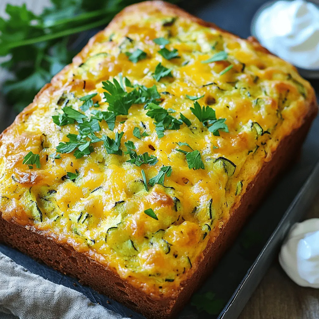 - 2 medium zucchinis, grated - 1 cup all-purpose flour - 1 teaspoon baking powder - 1 teaspoon baking soda - ½ cup shredded cheddar cheese - ½ cup feta cheese, crumbled - 2 large eggs - ¼ cup olive oil - 2 tablespoons fresh parsley, chopped - 1 tablespoon dried oregano To make cheesy zucchini bread, you need some key ingredients. Start with fresh zucchinis. Grating them adds moisture and flavor. Next, all-purpose flour helps bind the mixture. Baking powder and baking soda provide the rise. For the cheesy goodness, I use two types of cheese: cheddar and feta. Together, they create a creamy texture and rich taste. Don't forget the eggs! They help hold everything together. Olive oil adds moisture and a slight flavor. Fresh parsley and dried oregano enhance the taste and give a nice aroma. This simple list of ingredients comes together to create a delightful loaf. For the full recipe, check out the details above. Enjoy your cooking! Preheat your oven to 350°F (175°C). Grab a 9x5-inch loaf pan. Lightly grease it with olive oil or line it with parchment paper. This keeps your bread from sticking. In a large bowl, combine the grated zucchinis with the dry ingredients. Add 1 cup of all-purpose flour, 1 teaspoon of baking powder, 1 teaspoon of baking soda, ½ teaspoon of salt, and ¼ teaspoon of black pepper. Mix well. This ensures the flavors blend nicely. In another bowl, whisk together 2 large eggs, ¼ cup of olive oil, and 2 tablespoons of fresh parsley until smooth. Pour this mixture into the bowl with the dry ingredients. Mix gently until just combined. Avoid overmixing. This keeps the bread light and fluffy. Once mixed, gently fold in ½ cup of shredded cheddar cheese, ½ cup of crumbled feta cheese, and 1 tablespoon of dried oregano. Pour the batter into your prepared loaf pan. Smooth the top with a spatula. Bake for 45-50 minutes. Check for doneness with a toothpick. It should come out clean, and the top should be golden brown. Enjoy this delightful cheesy zucchini bread! For the full recipe, refer to the detailed instructions above. To keep your cheesy zucchini bread light and fluffy, avoid overmixing. When you mix the wet and dry ingredients, stop as soon as everything blends. Overmixing makes the bread dense. It's just like a cake; you want it soft and airy. Adding herbs and spices boosts flavor. For this recipe, I suggest using fresh basil or thyme. These herbs add a nice twist. You can also try garlic powder or crushed red pepper for a little kick. Experiment to find what you like best! When serving, slice the bread warm. A sprinkle of fresh parsley on top looks nice. Pair it with Greek yogurt for a creamy touch. A side salad makes a great match too. Enjoy sharing this tasty treat with friends! {{image_2}} You can make this cheesy zucchini bread even cheesier! Try adding different cheese. Here are some great options: - Mozzarella: It melts well and adds a nice stretch. - Parmesan: This adds a sharp, nutty flavor. - Gouda: It brings a smoky taste and creamy texture. Mix and match these cheeses to find your favorite blend. You can even use a bit of each for a rich, complex flavor. Switching flours can change your zucchini bread too. You can use whole wheat flour for a nutty taste and added fiber. This makes the bread a bit denser but very satisfying. If you want gluten-free bread, try almond flour or a gluten-free mix. These options add unique flavors and textures to your loaf. To make this bread special, think about adding extra flavors. Here are some ideas: - Chopped nuts: Walnuts or pecans add crunch and richness. - Garlic: Minced garlic gives a savory kick. - Caramelized onions: These add sweetness and depth. Feel free to experiment with these flavor infusions. They can make your cheesy zucchini bread truly unique. Check out the Full Recipe for more ways to enjoy this dish! To keep your cheesy zucchini bread fresh, let it cool first. Once cooled, wrap it tightly in plastic wrap or aluminum foil. This keeps moisture in and stops it from drying out. You can also store it in an airtight container. Keep it in the fridge for up to five days. If you notice any mold or off smells, throw it away. Reheating your cheesy zucchini bread is easy. The best way is to use an oven. Preheat your oven to 350°F (175°C). Place the bread on a baking sheet wrapped in foil. Heat for about 10-15 minutes until warm. You can also use a microwave. Slice the bread and heat each piece for 15-20 seconds. This keeps the bread moist and tasty. Yes, you can freeze cheesy zucchini bread! Wrap it well in plastic wrap, then in foil. This prevents freezer burn. It can last up to three months in the freezer. When you're ready to eat it, thaw it in the fridge overnight. Reheat it in the oven or microwave for the best taste. Enjoy this delicious treat anytime! For the full recipe, check out the Cheesy Zucchini Bread. Yes, you can use yellow squash! Both types of squash work well in this recipe. They have similar textures and flavors. Yellow squash will add a nice color to your bread. Just prepare it the same way as zucchini. Grate it and mix it in with the other ingredients. Cheesy zucchini bread can last for about 3-5 days when stored properly. Keep it in an airtight container at room temperature. If you want to keep it fresh longer, store it in the fridge for up to a week. Just remember to let it cool fully before sealing it up. Yes, you can make a vegan version! Replace the eggs with flaxseed meal or applesauce. Use plant-based cheese instead of cheddar and feta. This way, you keep the cheesy taste while making it vegan-friendly. Be sure to check the labels of your ingredients for any hidden animal products. You can use several egg substitutes. Here are some options: - 1/4 cup unsweetened applesauce for each egg - 1 tablespoon ground flaxseed mixed with 2.5 tablespoons water - 1/4 cup silken tofu, blended until smooth These substitutes help bind the ingredients together just like eggs. No, you do not need to peel the zucchini! The skin adds flavor and nutrients to the bread. Just wash the zucchini well and grate it with the skin on. This keeps the bread moist and boosts its color. Plus, it saves time in the kitchen! We explored how to make cheesy zucchini bread with fresh ingredients and clear steps. You learned essential components, tips for perfect texture, and ways to add your own twist. With these easy instructions, you can enjoy this tasty bread anytime. Use it as a side or a snack. Don't hesitate to try new flavors. Your options are endless, from herbs to different cheeses. Enjoy baking and sharing your delicious creation!