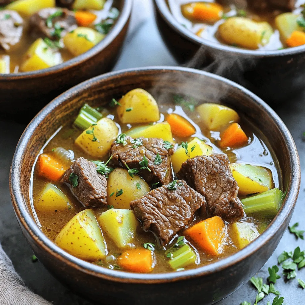 To make a great Instant Pot beef stew, you need simple, fresh ingredients. Here’s what you will need: - 2 lbs beef chuck, cut into 1-inch cubes - 4 medium potatoes, peeled and diced - 3 carrots, sliced - 2 stalks celery, chopped - 1 large onion, diced - 3 cloves garlic, minced - 4 cups beef broth - 2 tablespoons tomato paste - 1 teaspoon dried thyme - 1 teaspoon dried rosemary - Salt and pepper, to taste - 2 tablespoons olive oil - 2 tablespoons cornstarch (optional, for thickening) - 2 tablespoons cold water (optional, for thickening) When picking out vegetables, choose firm potatoes. Red or Yukon Gold work well. For carrots, look for bright orange ones. Fresh celery should be crisp. Select a large onion for a strong flavor. Garlic should be firm and dry. Beef chuck is perfect for stew. It has a good balance of fat and meat. This cut becomes tender as it cooks. Always pick beef with a bright red color. Avoid brown spots, as they indicate aging. Beef broth is the base of your stew. Use low-sodium broth to control salt levels. Tomato paste adds depth. Dried thyme and rosemary bring herbal notes. Salt and pepper enhance all flavors. For the full recipe, check out the Heartwarming Instant Pot Beef Stew 🥘 section. 1. Searing the beef: Start by setting your Instant Pot to Sauté mode. Pour in the olive oil and let it heat up. Once hot, add the beef cubes in batches. Sear each side for about 4-5 minutes until they are nicely browned. This step adds flavor. Remove the beef and set it aside. 2. Sautéing vegetables: In the same pot, add the diced onion and minced garlic. Sauté them for about 2-3 minutes until the onion turns translucent. This brings out their sweetness and makes your stew taste better. 3. Combining all ingredients: Now it’s time to add the rest. Add the diced potatoes, sliced carrots, chopped celery, and seared beef back into the pot. Pour in the beef broth, add the tomato paste, and sprinkle in dried thyme and rosemary. Season with salt and pepper to taste. Stir everything well to combine, making sure the flavors mix. 1. Setting up the Instant Pot: Secure the lid on the Instant Pot. Make sure the valve is set to Sealing. This keeps the steam inside, which helps cook the beef. 2. Pressure cooking guidelines: Select the Manual or Pressure Cook setting. Set the timer for 35 minutes. The Instant Pot will take a little time to build pressure before the cooking starts. 3. Natural pressure release: When the cooking time ends, let the pot naturally release pressure for about 10-15 minutes. This helps the beef stay tender. After that, carefully switch the valve to Venting to let out any remaining pressure. 1. Thickening the stew: If you like your stew thick, you can make a slurry. Mix cornstarch with cold water in a small bowl. Set the Instant Pot back to Sauté mode, stir in the slurry, and cook for about 2-3 minutes until thickened. 2. Adjusting seasoning: Taste your stew. You may want to add more salt or pepper. This is your chance to make it just right for you. 3. Serving suggestions: Ladle the stew into bowls and serve hot. It pairs well with crusty bread or a fresh salad. Everyone will love this hearty meal. - Adjusting cooking time for different meat cuts: Different cuts of beef may need different cooking times. Chuck is great, but if you choose flank or round, reduce the time to about 25 minutes. Always check meat tenderness before serving. - Enhancing flavor with additional herbs and spices: Don’t shy away from adding more herbs. Fresh parsley or bay leaves can boost the taste. A pinch of smoked paprika adds a nice kick. Experiment to find what you like best! - Overcrowding the pot while searing: It’s tempting to add all the beef at once, but this can lead to steaming instead of searing. Work in batches to get that nice brown crust. - Skipping the natural pressure release step: Letting the pressure release naturally is crucial. It keeps the meat tender and juicy. If you rush it, you may end up with tough beef. - Best side dishes to pair with beef stew: Creamy mashed potatoes or crusty bread work well with beef stew. They soak up the delicious broth. You can also serve it with a fresh salad for a light touch. - Ideal garnishes and toppings: Fresh herbs like parsley or chives make a great garnish. A dollop of sour cream adds creaminess. You can also sprinkle some grated cheese on top for extra flavor. Now, you're ready to make your meal a hit! Check out the [Full Recipe] for step-by-step guidance. {{image_2}} You can make beef stew even better by swapping ingredients. For veggies, try adding peas or mushrooms. They add flavor and texture. You can also switch out the beef for chicken or pork. For a meatless option, use lentils or mushrooms. These swaps keep the stew hearty and pleasing. Want to change the taste? Go from classic to spicy by adding chili or paprika. These spices give the stew a nice kick. If you like international flavors, try adding Italian herbs like oregano and basil. For a Mexican twist, add cumin and cilantro. These changes make your stew unique and exciting. To keep your beef stew fresh, follow these steps: - Refrigeration Guidelines: Store the stew in an airtight container. It lasts up to 3 days in the fridge. Make sure it cools down before sealing. This keeps moisture out and prevents spoilage. - Freezing Instructions: For long-term storage, place the stew in a freezer-safe container. It can last for up to 3 months. Leave some space at the top of the container. This allows for expansion as it freezes. When you're ready to enjoy your stew again, here are the best ways to reheat it: - Best Methods: Use the microwave or stovetop. If using a microwave, heat in short bursts. Stir well between bursts to ensure even heating. On the stovetop, warm over low heat. Stir often to avoid sticking. - Maintaining Flavor and Texture: Add a splash of broth or water if the stew thickens too much. This keeps it moist and flavorful. Taste and adjust the seasoning before serving. How to make Instant Pot Beef Stew without browning the meat? You can skip browning by adding all ingredients at once. Just mix the beef, veggies, broth, and seasonings in the pot. Set it to cook for 35 minutes on high pressure. The meat will still be tender and flavorful. Can you cook frozen beef in the Instant Pot? Yes, you can cook frozen beef. Just add a few extra minutes to your cooking time. For a 2-pound piece, set it for 45 minutes. Make sure to check the beef's internal temperature after cooking. What is the cooking time for different beef cuts? Different cuts need different times. Here’s a quick guide: - Chuck roast: 35-45 minutes - Brisket: 50-60 minutes - Round roast: 30-40 minutes Adjust based on the size of the meat pieces. Caloric breakdown and macronutrients A serving of this stew has about 350 calories. It offers about 25 grams of protein, 15 grams of fat, and 30 grams of carbs. The exact numbers can vary based on your ingredients. Low-sodium and gluten-free options To make it low-sodium, use low-sodium beef broth. For gluten-free stew, ensure your broth and other ingredients are gluten-free. You can also use cornstarch instead of flour for thickening. How to adjust the recipe for more or fewer servings To change servings, simply multiply or divide the ingredients. For example, if you need 12 servings, use four times the ingredients. You may need to adjust cooking times slightly for larger batches. Substituting for allergies (gluten-free, dairy-free options) For gluten-free, use gluten-free broth and thickeners. For dairy-free, this recipe is already dairy-free. You can add coconut milk for creaminess if you want. Make sure to check labels when buying ingredients. For the complete instructions, check out the Full Recipe. In this post, we've explored the essentials for making a tasty beef stew. We covered the key ingredients, from fresh veggies to beef chuck and pantry staples. You learned effective steps for preparation and cooking, plus tips to enhance your stew. For variations, you can swap ingredients or change the flavors. Lastly, we discussed storage and reheating methods. Beef stew can be a warm, inviting dish anyone can enjoy. With practice, you’ll create a stew that satisfies every time.