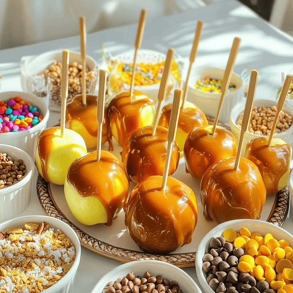 - Apples: Choose your favorites! Granny Smith and Honeycrisp are great options. Granny Smith apples give a nice tartness, while Honeycrisp adds a sweet crunch. Make sure the apples are firm and fresh. Wash and dry them well before using. - Caramel Sauce Essentials: For a perfect caramel, you need sugar, butter, heavy cream, and vanilla extract. Combine these four items for a rich, smooth sauce. Use unsalted butter to control the saltiness. This mix creates a treat that sticks well to the apples. - Different Types of Nuts: Nuts add great crunch! Use walnuts, pecans, or almonds. Chop them into small pieces for easy topping. You can also toast the nuts for extra flavor. - Sweet Additions: Add mini chocolate chips for a sweet touch. Crush graham crackers for a fun texture. Shredded coconut brings a tropical feel, while candy sprinkles add color and fun. These toppings let everyone make their own tasty apple creation. Make sure to check the Full Recipe for how to put it all together! To make the best caramel sauce, you need to pay attention to time and temperature. Start by heating the sugar and butter in a medium saucepan over medium heat. Stir constantly. It takes about 5 to 7 minutes to turn into a golden amber color. This step is crucial for flavor. After reaching the right color, remove the saucepan from heat. Carefully add the heavy cream. It will bubble up, so be cautious. Stir until the mix is smooth. To enhance the flavor, mix in the vanilla extract and a pinch of salt. Let your caramel cool slightly. Next, it’s time to prep the apples. Insert a wooden stick into the top of each apple. Make sure you push it in securely. This step will help you dip them easily later. Make sure your apples are clean and dry before inserting the sticks. This ensures the caramel sticks well. If the apples are wet, the caramel may slide off. Now for the fun part! Setting up the toppings bar is where you can get creative. Arrange your toppings in separate bowls. Use colorful bowls to make it visually appealing. You can include chopped nuts, mini chocolate chips, crushed graham crackers, shredded coconut, and candy sprinkles. Label each bowl for added fun. This way, everyone knows what they can pick. Use festive napkins to add a cheerful touch to your setup. With these steps, your caramel apple toppings bar will be a hit at any gathering! Making caramel can be tricky. Here are some common pitfalls: - Not stirring enough: Caramel needs constant stirring to avoid burning. - Wrong heat level: Too high heat can cause the sugar to burn quickly. - Adding cream too fast: This can cause the mixture to seize up and become grainy. If you end up with grainy caramel, don’t worry! You can fix it. Here’s how: 1. Place the grainy caramel back on low heat. 2. Add a splash of water or cream slowly. 3. Stir gently until the texture smooths out. When you have leftover apples, store them in a cool place. Wrap them in plastic wrap to keep them fresh. If you want to save them for later, here are some best practices: - Refrigeration: Keep apples in the fridge for longer freshness. - Avoid moisture: Dry the apples well before storing to prevent spoilage. For toppings, I recommend keeping them crunchy by: - Storing in airtight containers: This will keep your toppings fresh and crispy. - Adding toppings just before serving: This way, the crunch stays longer. {{image_2}} You can make your caramel apple toppings bar special with unique toppings. Seasonal toppings add fun and flavor. For Halloween, try crushed candy corn. It gives a sweet, festive touch. For fall, consider adding cinnamon sugar for warmth. If you want healthier options, use dried fruit or nuts. Dried cranberries or apricots add sweetness and chewiness. Nuts like walnuts or almonds add crunch and protein. This way, you can enjoy your treat while adding a bit of nutrition. You can also mix up your caramel sauce to make it more exciting. Flavored caramel is a great choice. Sea salt caramel adds a sweet and salty twist. You can also make chocolate caramel by mixing in cocoa powder. That gives a rich, deep flavor. For those who need dairy-free options, try coconut milk or almond milk. These alternatives work well and keep the caramel smooth. You still get that sweet taste without the dairy. For the full recipe, check out the details above. Enjoy creating your perfect caramel apple toppings bar! To keep your caramel fresh, let it cool completely. Once cool, pour it into a clean jar. Make sure the jar has a tight lid. This helps keep air out and prevents drying. Store the jar in the fridge. - Best containers for storage: Use glass jars or airtight plastic containers. Both options work well. Glass jars look nice and don’t absorb smells. Plastic containers are light and easy to use. To keep the apples crisp, store them in a cool, dry place. Apples stay fresh longer when they are not crowded. If you need to stack them, use a towel to separate layers. - Refrigeration vs. room temperature: Apples can last longer in the fridge. However, they taste best at room temperature. If you plan to serve them soon, keep them out. If saving for later, refrigerate them until use. To make homemade caramel, start with simple ingredients. You need sugar, butter, heavy cream, and vanilla extract. 1. Mix Ingredients: In a medium saucepan over medium heat, combine 2 cups of granulated sugar and 1 cup of unsalted butter. 2. Cook: Stir constantly until the sugar dissolves and turns a golden amber color, about 5-7 minutes. 3. Add Cream: Carefully remove from heat and add 1 cup of heavy cream. The mixture will bubble. Stir until smooth. 4. Flavor: Add 1 teaspoon of vanilla extract and a pinch of salt for taste. 5. Cool: Let the caramel cool slightly before using it to coat apples. This will give you a rich, creamy caramel perfect for your topping bar. If you want alternatives to apples, many fruits work well for dipping. Consider these options: - Pears: Sweet and juicy, they pair nicely with caramel. - Bananas: Soft and sweet, they add variety. - Strawberries: Fresh and vibrant, they are a favorite for many. - Pineapple: For a tropical twist, use pineapple chunks. - Peaches: Sweet and slightly tangy, they are in season during summer. These fruits add fun and flavor to your toppings bar. Yes, you can prepare the toppings bar ahead of time. Here are some tips: - Pre-cut Fruits: Cut your fruits and store them in airtight containers to keep them fresh. - Set Up Bowls: Arrange your toppings in bowls. Cover them to prevent them from drying out. - Chill Caramel: Keep your caramel sauce warm or reheat it right before serving. Doing this will save you time and let everyone enjoy the fun without stress. To make perfect caramel apples, we covered key ingredients like apples and caramel sauce. We discussed various toppings, from nuts to sweet treats. I shared step-by-step instructions for making the sauce and preparing the apples. Tips and tricks helped you avoid common caramel pitfalls and maintain freshness. Unique variations offered fun ideas for toppings and sauces. Remember, the best caramel apples are fresh and customizable. Enjoy your delicious creations with friends and family, making sweet memories together.